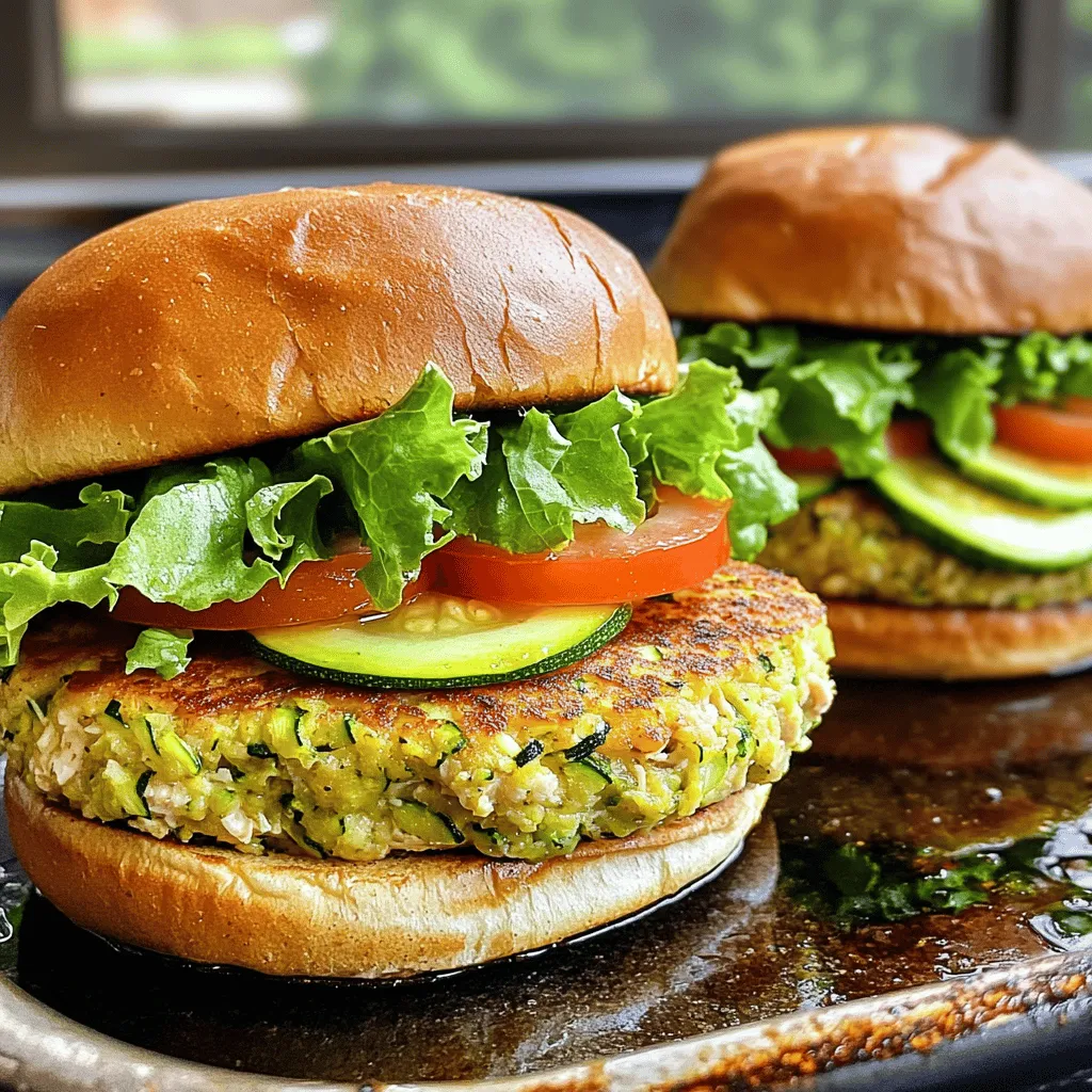 To make Healthy Chicken Zucchini Burgers, you need a few simple items: - 1 pound ground chicken - 1 medium zucchini, grated and excess moisture squeezed out - 1/4 cup breadcrumbs (or almond flour for a gluten-free option) - 1/4 cup grated Parmesan cheese - 1/4 cup finely chopped fresh parsley - 1 garlic clove, minced - 1 teaspoon onion powder - 1 teaspoon paprika - Salt and pepper to taste - 1 tablespoon olive oil (for cooking) - Whole wheat or lettuce leaves (for serving) - Optional toppings: sliced tomatoes, lettuce, avocado, or your favorite sauce The ingredients in these burgers pack a healthy punch. Let’s break down some of their benefits: - Ground Chicken: This is lean meat. It has less fat than beef. It gives you protein for strong muscles. - Zucchini: This veggie is low in calories. It adds fiber, which helps your digestion. - Parmesan Cheese: This cheese adds flavor. It also gives you calcium for strong bones. - Olive Oil: This oil is healthy fat. It can help keep your heart healthy. - Parsley: This herb is full of vitamins. It adds freshness and a nice taste to the burgers. If you have food allergies or follow a special diet, here are some swaps to try: - Ground Chicken: You can use ground turkey or even plant-based meat if you prefer. - Breadcrumbs: For gluten-free options, use almond flour or gluten-free breadcrumbs. - Parmesan Cheese: Nutritional yeast can replace cheese for a dairy-free option. - Olive Oil: You can swap this with avocado oil or coconut oil if needed. These substitutes keep the flavor while meeting your needs. Enjoy making these tasty burgers! First, grab a large bowl. Add the ground chicken and grated zucchini. Make sure to squeeze out the extra moisture from the zucchini; this helps the burger stay firm. Next, mix in the breadcrumbs or almond flour, grated Parmesan, and fresh parsley. I love adding minced garlic, onion powder, and paprika for extra flavor. Don't forget to add salt and pepper to taste. Use your hands to combine everything well. You want each bite to be full of flavor! Now, divide the mixture into four equal parts. Each part will become a patty. Wet your hands slightly to prevent sticking. Form each portion into a round shape, about an inch thick. Make a small indent in the center of each patty. This helps them cook evenly. It’s important to handle the patties gently, so they don’t fall apart when cooking. Heat some olive oil in a large skillet over medium heat. Once hot, carefully place the patties in the skillet. Cook them for about 5-6 minutes on each side. You want them golden brown and fully cooked. To check, the internal temperature should reach 165°F or 74°C. After cooking, let the patties rest for a couple of minutes. This keeps them juicy. Finally, serve them on whole wheat buns or lettuce leaves with your favorite toppings. Enjoy your delicious creation! For more details, check the Full Recipe. To keep your chicken zucchini burgers moist, add grated zucchini. The moisture from the zucchini helps. Also, do not overcook your patties. Aim for an internal temperature of 165°F. Resting the burgers for a few minutes after cooking is key. This allows the juices to spread evenly. You can cook these burgers on a skillet or a grill. A skillet gives you a nice crust. Use medium heat and add olive oil to prevent sticking. If you prefer grilling, preheat your grill well. A clean grill ensures better flavor and grill marks. Both methods work well, so choose what you like best. Always use ground chicken that is fresh. Look for meat with some fat for better flavor. Mix the ingredients gently to avoid tough patties. Shape the patties evenly for uniform cooking. Keep them about one inch thick for best results. Cook until golden brown on both sides for that great taste. For the full recipe, check the detailed instructions. {{image_2}} If you're looking to cut carbs, try lettuce wraps. Instead of buns, use large lettuce leaves. They hold the burger well and add a nice crunch. You can use romaine or iceberg lettuce. Just place your cooked chicken zucchini patty inside and add toppings. This keeps your meal light and fresh. To boost flavor, add spices and herbs. You can mix in cumin or chili powder for a kick. Fresh herbs like basil or cilantro also work great. Just chop them finely and add them to the mix. This simple change can make your burgers unique and exciting. Want to switch things up? Use turkey or lean beef instead of chicken. If you prefer plant-based options, try using black beans or chickpeas. Mash them well and mix with zucchini and spices. This way, you can enjoy the same great taste while fitting your diet. After you enjoy your healthy chicken zucchini burgers, let them cool. Place the burgers in an airtight container. They stay fresh for about three days in the fridge. Make sure to separate layers with parchment paper. This keeps them from sticking together. To reheat, use a skillet for the best texture. Heat the skillet over medium heat. Add a little olive oil, then place the burgers in the pan. Cook each side for about three to four minutes. This method keeps them juicy and prevents dryness. You can also use a microwave, but this may make them softer. Freezing is a great option for meal prep. First, let the burgers cool completely. Wrap each burger tightly in plastic wrap. Place them in a freezer-safe bag or container. They will stay good for up to three months. When ready to eat, thaw in the fridge overnight and reheat as mentioned above. This way, you always have a tasty meal ready to go! You can serve these burgers with a side salad or sweet potato fries. A simple cucumber salad pairs well, too. Chips made from kale or zucchini are also tasty choices. You might enjoy serving them on whole wheat buns or lettuce leaves. To check if your chicken burgers are done, use a meat thermometer. The internal temperature should reach 165°F (74°C). You can also cut one burger in half to see if the meat is no longer pink. This ensures safe and delicious results. Yes, you can make these burgers ahead of time! Prepare the patties and store them in the fridge for up to one day. You can also freeze them for later. Just remember to wrap them well to keep them fresh. Absolutely! They are perfect for meal prep. Cook a batch and store them in the fridge. You can heat them up for quick lunches or dinners. They stay flavorful and moist when stored properly. Top your burgers with fresh ingredients like sliced tomatoes, lettuce, or avocado. You can also try adding pickles or onion slices. For a creamy touch, consider using a yogurt sauce or your favorite dressing. Get creative and use what you love! For the complete recipe and detailed instructions, check the Full Recipe. In this blog post, we explored how to make healthy chicken zucchini burgers. We covered key ingredients and their benefits, plus substitutes for allergies. I shared step-by-step instructions and tips to keep your burgers moist and tasty. We also looked at fun variations and how to store leftovers. These burgers are not only nutritious but also easy to adapt. Try different flavors to match your taste. Enjoy making and sharing these delicious burgers with family and friends. They will love them!