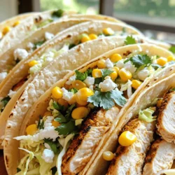 To make street corn chicken tacos, you need a few key ingredients. Here’s what you will gather: - 2 boneless, skinless chicken breasts - 2 cups fresh corn kernels (or frozen corn) - 1 tablespoon olive oil - 1 teaspoon cumin - 1 teaspoon smoked paprika - Salt and pepper to taste These ingredients form the base of your dish. The chicken gets flavorful from spices, while the corn adds sweetness. Next, we’ll add some tasty toppings to elevate our tacos. Here are the extras you'll want: - 1 cup shredded cabbage - 1/2 cup crumbled feta cheese - 1/4 cup fresh cilantro, chopped - Juice of 1 lime - Optional: Sriracha or hot sauce for serving The shredded cabbage adds crunch, and the feta gives a nice creaminess. Lime juice brightens the flavors. If you like heat, drizzle some hot sauce on top. For the full recipe, check the details above. Enjoy crafting these tasty tacos! To cook the chicken, first heat a skillet over medium heat. Add one tablespoon of olive oil. Season two boneless, skinless chicken breasts with cumin, smoked paprika, salt, and pepper. Cook each side for about six to seven minutes. The chicken is ready when it is no longer pink inside. To check, cut into the thickest part. If the juices run clear, it is done. After cooking, let the chicken rest for a few minutes before slicing it into thin strips. Use the same skillet to prepare the corn. Add two cups of corn kernels to the skillet. Sauté them for about five to six minutes. You want them to be tender and slightly charred. This adds great flavor. Season with a pinch of salt and pepper. Once cooked, set the corn aside to cool slightly. In a bowl, combine one cup of shredded cabbage, half a cup of crumbled feta cheese, and a quarter cup of freshly chopped cilantro. Squeeze the juice of one lime into the bowl. Mix everything well to blend the flavors. If you want more brightness, add a little more lime juice. Taste it and adjust the seasoning if needed. To assemble the tacos, warm eight small corn tortillas. Heat them in a dry skillet for about one minute on each side. This makes them soft and pliable. On each tortilla, place sliced chicken first. Then add the sautéed corn. Top it with the cabbage and feta mixture. Layering like this gives the best texture and flavor. For serving, consider garnishing the tacos with extra cilantro or lime wedges. You can also drizzle Sriracha or your favorite hot sauce for a spicy kick. Present the tacos on a colorful platter to make them eye-catching. Enjoy your meal with a side of chips or a fresh salad. To avoid dryness, start with fresh chicken breasts. Cook them on medium heat for even results. Make sure you season well with salt and pepper. Always check the center of the chicken. It should be white and juices should run clear. If you want something different, try grilling the chicken. Grilling adds a smoky flavor that is very nice. For extra flavor, add spices. A dash of chili powder or paprika works great. You can also try mixing in lime juice or garlic. These will brighten up the corn’s taste. If you want a different texture, roast the corn in the oven. Roasting gives it a nice crunch and sweetness. If you plan to make these tacos ahead of time, prep your chicken and corn first. You can make the filling a day before. Just keep it in the fridge. Store the chicken and corn separately. This way, they will stay fresh longer. When you are ready, warm them up and assemble your tacos. {{image_2}} You can switch up the protein in these tacos. Shrimp works great with the same spices. Just cook them until they turn pink. If you prefer a plant-based option, try tofu. Press and cube it, then marinate it like the chicken. Adjust the seasoning to fit your taste. You can use the same spices or add a splash of soy sauce for extra flavor. Corn is key to this recipe. You can use grilled or sautéed corn. Grilling gives a nice smoky flavor. Simply toss the corn on the grill until it’s charred. Sautéing is quicker. Just cook the corn in a skillet for a few minutes. If fresh corn is not available, you can use canned or frozen corn. Drain canned corn and sauté it for a few minutes. Frozen corn can go right into the skillet. Just cook it until warm. Want a gluten-free option? Use gluten-free tortillas instead of corn tortillas. They work just as well and still taste great. If you need a vegan choice, skip the chicken and feta. Instead, use a plant-based chicken substitute and vegan cheese. You can also add avocado for creaminess. It keeps the dish fresh and tasty while making it suitable for various diets. To store your street corn chicken tacos, let them cool first. Place the tacos in an airtight container. You can also store the filling separately. This helps keep the tortillas from getting soggy. They will last in the fridge for about 3 to 4 days. If you want to enjoy them later, make sure to check for any signs of spoilage. You can freeze the taco filling easily. The chicken and corn freeze well together. Just place them in a freezer-safe bag or container. They can last up to 3 months in the freezer. Remember to label the bag with the date! When you're ready to eat, thaw the filling overnight in the fridge. You can reheat it on the stove or in the microwave. For the tortillas, it's best to warm them fresh. This makes your tacos taste great, just like when they were first made. To make street corn chicken tacos from scratch, you need to follow a few steps. First, cook the chicken with spices until it is juicy. Next, sauté fresh corn until it gets a bit charred. Then, mix cabbage, feta, cilantro, and lime juice in a bowl. Warm your corn tortillas in a skillet. Finally, layer the chicken, corn, and the cabbage mixture in the tortillas. This will create a tasty taco. Yes, you can use frozen corn! It is a great time-saver. Just make sure to thaw it before cooking. Sauté the corn in the skillet until it is warm and slightly charred. This gives it a nice flavor. Frozen corn can be just as good as fresh corn when cooked well. For sauces, you can try a few tasty options. A drizzle of lime crema adds creaminess. Hot sauce, like Sriracha, gives a nice kick. You can also use avocado sauce for a smooth flavor. These sauces enhance the tacos and bring out the flavors. You can customize your toppings easily! Try adding diced tomatoes or jalapeños for extra flavor. Avocado slices or guacamole can make it creamy. You might also like pickled onions for a tangy touch. The options are endless, so feel free to experiment with your favorites. Street corn chicken tacos can be mild or spicy, based on your choice. The spices used for the chicken are not hot. If you want more heat, add hot sauce or jalapeños. You can adjust the spice level to suit your taste. Enjoy them as you like! In this blog post, we explored making street corn chicken tacos step by step. You learned about key ingredients like chicken, corn, and toppings. We covered cooking techniques for the chicken and corn, plus tips for assembling your tacos perfectly. Don’t forget the fun toppings to boost flavor! Remember, you can customize this dish to fit your taste. Whether using shrimp or tofu, there’s an option for everyone. Try different preparations and make it your own. Enjoy creating your delicious tacos!
