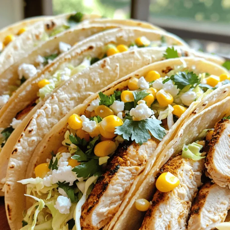 To make street corn chicken tacos, you need a few key ingredients. Here’s what you will gather: - 2 boneless, skinless chicken breasts - 2 cups fresh corn kernels (or frozen corn) - 1 tablespoon olive oil - 1 teaspoon cumin - 1 teaspoon smoked paprika - Salt and pepper to taste These ingredients form the base of your dish. The chicken gets flavorful from spices, while the corn adds sweetness. Next, we’ll add some tasty toppings to elevate our tacos. Here are the extras you'll want: - 1 cup shredded cabbage - 1/2 cup crumbled feta cheese - 1/4 cup fresh cilantro, chopped - Juice of 1 lime - Optional: Sriracha or hot sauce for serving The shredded cabbage adds crunch, and the feta gives a nice creaminess. Lime juice brightens the flavors. If you like heat, drizzle some hot sauce on top. For the full recipe, check the details above. Enjoy crafting these tasty tacos! To cook the chicken, first heat a skillet over medium heat. Add one tablespoon of olive oil. Season two boneless, skinless chicken breasts with cumin, smoked paprika, salt, and pepper. Cook each side for about six to seven minutes. The chicken is ready when it is no longer pink inside. To check, cut into the thickest part. If the juices run clear, it is done. After cooking, let the chicken rest for a few minutes before slicing it into thin strips. Use the same skillet to prepare the corn. Add two cups of corn kernels to the skillet. Sauté them for about five to six minutes. You want them to be tender and slightly charred. This adds great flavor. Season with a pinch of salt and pepper. Once cooked, set the corn aside to cool slightly. In a bowl, combine one cup of shredded cabbage, half a cup of crumbled feta cheese, and a quarter cup of freshly chopped cilantro. Squeeze the juice of one lime into the bowl. Mix everything well to blend the flavors. If you want more brightness, add a little more lime juice. Taste it and adjust the seasoning if needed. To assemble the tacos, warm eight small corn tortillas. Heat them in a dry skillet for about one minute on each side. This makes them soft and pliable. On each tortilla, place sliced chicken first. Then add the sautéed corn. Top it with the cabbage and feta mixture. Layering like this gives the best texture and flavor. For serving, consider garnishing the tacos with extra cilantro or lime wedges. You can also drizzle Sriracha or your favorite hot sauce for a spicy kick. Present the tacos on a colorful platter to make them eye-catching. Enjoy your meal with a side of chips or a fresh salad. To avoid dryness, start with fresh chicken breasts. Cook them on medium heat for even results. Make sure you season well with salt and pepper. Always check the center of the chicken. It should be white and juices should run clear. If you want something different, try grilling the chicken. Grilling adds a smoky flavor that is very nice. For extra flavor, add spices. A dash of chili powder or paprika works great. You can also try mixing in lime juice or garlic. These will brighten up the corn’s taste. If you want a different texture, roast the corn in the oven. Roasting gives it a nice crunch and sweetness. If you plan to make these tacos ahead of time, prep your chicken and corn first. You can make the filling a day before. Just keep it in the fridge. Store the chicken and corn separately. This way, they will stay fresh longer. When you are ready, warm them up and assemble your tacos. {{image_2}} You can switch up the protein in these tacos. Shrimp works great with the same spices. Just cook them until they turn pink. If you prefer a plant-based option, try tofu. Press and cube it, then marinate it like the chicken. Adjust the seasoning to fit your taste. You can use the same spices or add a splash of soy sauce for extra flavor. Corn is key to this recipe. You can use grilled or sautéed corn. Grilling gives a nice smoky flavor. Simply toss the corn on the grill until it’s charred. Sautéing is quicker. Just cook the corn in a skillet for a few minutes. If fresh corn is not available, you can use canned or frozen corn. Drain canned corn and sauté it for a few minutes. Frozen corn can go right into the skillet. Just cook it until warm. Want a gluten-free option? Use gluten-free tortillas instead of corn tortillas. They work just as well and still taste great. If you need a vegan choice, skip the chicken and feta. Instead, use a plant-based chicken substitute and vegan cheese. You can also add avocado for creaminess. It keeps the dish fresh and tasty while making it suitable for various diets. To store your street corn chicken tacos, let them cool first. Place the tacos in an airtight container. You can also store the filling separately. This helps keep the tortillas from getting soggy. They will last in the fridge for about 3 to 4 days. If you want to enjoy them later, make sure to check for any signs of spoilage. You can freeze the taco filling easily. The chicken and corn freeze well together. Just place them in a freezer-safe bag or container. They can last up to 3 months in the freezer. Remember to label the bag with the date! When you're ready to eat, thaw the filling overnight in the fridge. You can reheat it on the stove or in the microwave. For the tortillas, it's best to warm them fresh. This makes your tacos taste great, just like when they were first made. To make street corn chicken tacos from scratch, you need to follow a few steps. First, cook the chicken with spices until it is juicy. Next, sauté fresh corn until it gets a bit charred. Then, mix cabbage, feta, cilantro, and lime juice in a bowl. Warm your corn tortillas in a skillet. Finally, layer the chicken, corn, and the cabbage mixture in the tortillas. This will create a tasty taco. Yes, you can use frozen corn! It is a great time-saver. Just make sure to thaw it before cooking. Sauté the corn in the skillet until it is warm and slightly charred. This gives it a nice flavor. Frozen corn can be just as good as fresh corn when cooked well. For sauces, you can try a few tasty options. A drizzle of lime crema adds creaminess. Hot sauce, like Sriracha, gives a nice kick. You can also use avocado sauce for a smooth flavor. These sauces enhance the tacos and bring out the flavors. You can customize your toppings easily! Try adding diced tomatoes or jalapeños for extra flavor. Avocado slices or guacamole can make it creamy. You might also like pickled onions for a tangy touch. The options are endless, so feel free to experiment with your favorites. Street corn chicken tacos can be mild or spicy, based on your choice. The spices used for the chicken are not hot. If you want more heat, add hot sauce or jalapeños. You can adjust the spice level to suit your taste. Enjoy them as you like! In this blog post, we explored making street corn chicken tacos step by step. You learned about key ingredients like chicken, corn, and toppings. We covered cooking techniques for the chicken and corn, plus tips for assembling your tacos perfectly. Don’t forget the fun toppings to boost flavor! Remember, you can customize this dish to fit your taste. Whether using shrimp or tofu, there’s an option for everyone. Try different preparations and make it your own. Enjoy creating your delicious tacos!