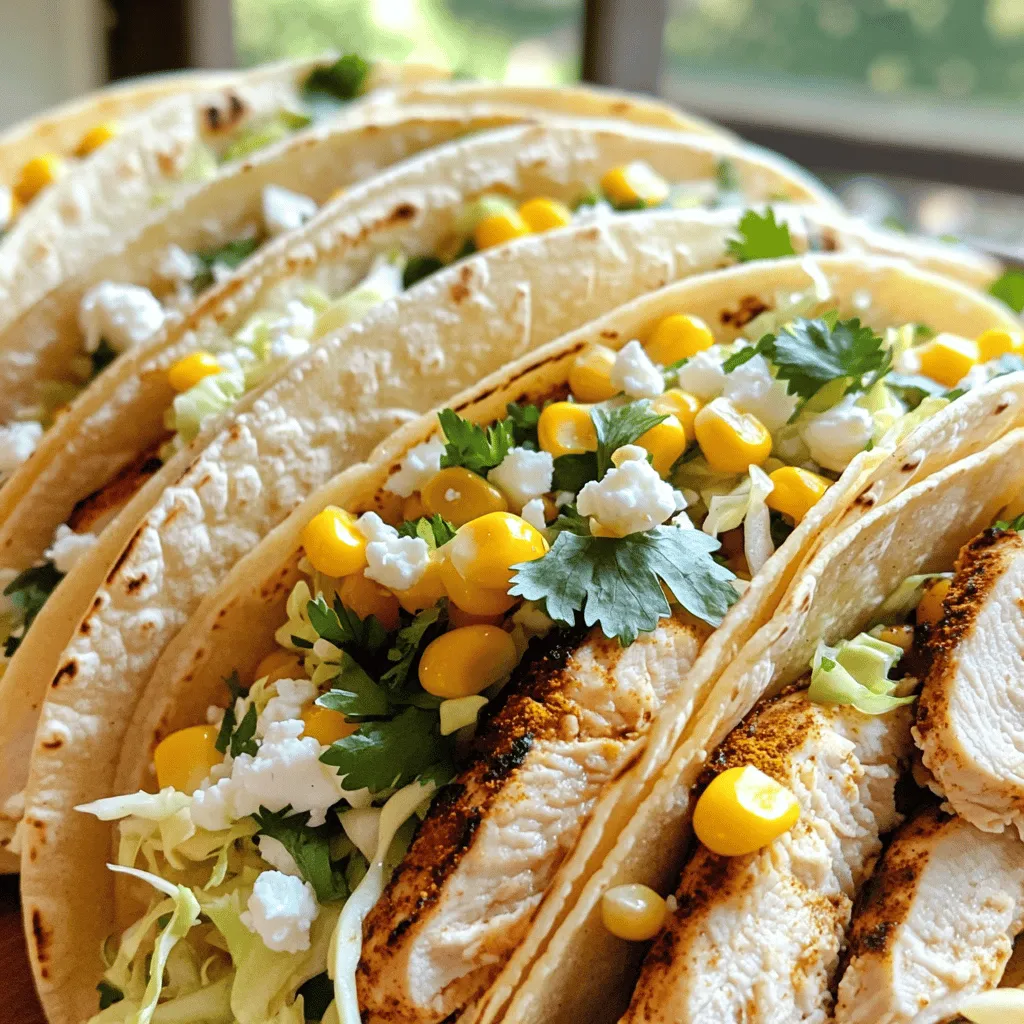To make street corn chicken tacos, you need a few key ingredients. Here’s what you will gather: - 2 boneless, skinless chicken breasts - 2 cups fresh corn kernels (or frozen corn) - 1 tablespoon olive oil - 1 teaspoon cumin - 1 teaspoon smoked paprika - Salt and pepper to taste These ingredients form the base of your dish. The chicken gets flavorful from spices, while the corn adds sweetness. Next, we’ll add some tasty toppings to elevate our tacos. Here are the extras you'll want: - 1 cup shredded cabbage - 1/2 cup crumbled feta cheese - 1/4 cup fresh cilantro, chopped - Juice of 1 lime - Optional: Sriracha or hot sauce for serving The shredded cabbage adds crunch, and the feta gives a nice creaminess. Lime juice brightens the flavors. If you like heat, drizzle some hot sauce on top. For the full recipe, check the details above. Enjoy crafting these tasty tacos! To cook the chicken, first heat a skillet over medium heat. Add one tablespoon of olive oil. Season two boneless, skinless chicken breasts with cumin, smoked paprika, salt, and pepper. Cook each side for about six to seven minutes. The chicken is ready when it is no longer pink inside. To check, cut into the thickest part. If the juices run clear, it is done. After cooking, let the chicken rest for a few minutes before slicing it into thin strips. Use the same skillet to prepare the corn. Add two cups of corn kernels to the skillet. Sauté them for about five to six minutes. You want them to be tender and slightly charred. This adds great flavor. Season with a pinch of salt and pepper. Once cooked, set the corn aside to cool slightly. In a bowl, combine one cup of shredded cabbage, half a cup of crumbled feta cheese, and a quarter cup of freshly chopped cilantro. Squeeze the juice of one lime into the bowl. Mix everything well to blend the flavors. If you want more brightness, add a little more lime juice. Taste it and adjust the seasoning if needed. To assemble the tacos, warm eight small corn tortillas. Heat them in a dry skillet for about one minute on each side. This makes them soft and pliable. On each tortilla, place sliced chicken first. Then add the sautéed corn. Top it with the cabbage and feta mixture. Layering like this gives the best texture and flavor. For serving, consider garnishing the tacos with extra cilantro or lime wedges. You can also drizzle Sriracha or your favorite hot sauce for a spicy kick. Present the tacos on a colorful platter to make them eye-catching. Enjoy your meal with a side of chips or a fresh salad. To avoid dryness, start with fresh chicken breasts. Cook them on medium heat for even results. Make sure you season well with salt and pepper. Always check the center of the chicken. It should be white and juices should run clear. If you want something different, try grilling the chicken. Grilling adds a smoky flavor that is very nice. For extra flavor, add spices. A dash of chili powder or paprika works great. You can also try mixing in lime juice or garlic. These will brighten up the corn’s taste. If you want a different texture, roast the corn in the oven. Roasting gives it a nice crunch and sweetness. If you plan to make these tacos ahead of time, prep your chicken and corn first. You can make the filling a day before. Just keep it in the fridge. Store the chicken and corn separately. This way, they will stay fresh longer. When you are ready, warm them up and assemble your tacos. {{image_2}} You can switch up the protein in these tacos. Shrimp works great with the same spices. Just cook them until they turn pink. If you prefer a plant-based option, try tofu. Press and cube it, then marinate it like the chicken. Adjust the seasoning to fit your taste. You can use the same spices or add a splash of soy sauce for extra flavor. Corn is key to this recipe. You can use grilled or sautéed corn. Grilling gives a nice smoky flavor. Simply toss the corn on the grill until it’s charred. Sautéing is quicker. Just cook the corn in a skillet for a few minutes. If fresh corn is not available, you can use canned or frozen corn. Drain canned corn and sauté it for a few minutes. Frozen corn can go right into the skillet. Just cook it until warm. Want a gluten-free option? Use gluten-free tortillas instead of corn tortillas. They work just as well and still taste great. If you need a vegan choice, skip the chicken and feta. Instead, use a plant-based chicken substitute and vegan cheese. You can also add avocado for creaminess. It keeps the dish fresh and tasty while making it suitable for various diets. To store your street corn chicken tacos, let them cool first. Place the tacos in an airtight container. You can also store the filling separately. This helps keep the tortillas from getting soggy. They will last in the fridge for about 3 to 4 days. If you want to enjoy them later, make sure to check for any signs of spoilage. You can freeze the taco filling easily. The chicken and corn freeze well together. Just place them in a freezer-safe bag or container. They can last up to 3 months in the freezer. Remember to label the bag with the date! When you're ready to eat, thaw the filling overnight in the fridge. You can reheat it on the stove or in the microwave. For the tortillas, it's best to warm them fresh. This makes your tacos taste great, just like when they were first made. To make street corn chicken tacos from scratch, you need to follow a few steps. First, cook the chicken with spices until it is juicy. Next, sauté fresh corn until it gets a bit charred. Then, mix cabbage, feta, cilantro, and lime juice in a bowl. Warm your corn tortillas in a skillet. Finally, layer the chicken, corn, and the cabbage mixture in the tortillas. This will create a tasty taco. Yes, you can use frozen corn! It is a great time-saver. Just make sure to thaw it before cooking. Sauté the corn in the skillet until it is warm and slightly charred. This gives it a nice flavor. Frozen corn can be just as good as fresh corn when cooked well. For sauces, you can try a few tasty options. A drizzle of lime crema adds creaminess. Hot sauce, like Sriracha, gives a nice kick. You can also use avocado sauce for a smooth flavor. These sauces enhance the tacos and bring out the flavors. You can customize your toppings easily! Try adding diced tomatoes or jalapeños for extra flavor. Avocado slices or guacamole can make it creamy. You might also like pickled onions for a tangy touch. The options are endless, so feel free to experiment with your favorites. Street corn chicken tacos can be mild or spicy, based on your choice. The spices used for the chicken are not hot. If you want more heat, add hot sauce or jalapeños. You can adjust the spice level to suit your taste. Enjoy them as you like! In this blog post, we explored making street corn chicken tacos step by step. You learned about key ingredients like chicken, corn, and toppings. We covered cooking techniques for the chicken and corn, plus tips for assembling your tacos perfectly. Don’t forget the fun toppings to boost flavor! Remember, you can customize this dish to fit your taste. Whether using shrimp or tofu, there’s an option for everyone. Try different preparations and make it your own. Enjoy creating your delicious tacos!