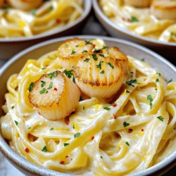 - 8 oz fettuccine pasta - 1 lb sea scallops, cleaned and patted dry - 2 tablespoons olive oil - 3 cloves garlic, minced - 1 cup heavy cream - 1/2 cup grated Parmigiano-Reggiano cheese - 1 teaspoon lemon zest - 1 tablespoon fresh lemon juice - 1/4 teaspoon red pepper flakes - Salt and pepper to taste - Fresh parsley, chopped, for garnish The main ingredients for this creamy scallop pasta are simple yet fresh. First, you need fettuccine pasta, which gives a nice bite. For the star of the dish, use sea scallops. They are sweet and tender. You want to clean and dry them well to sear perfectly. You will also need olive oil, which adds flavor and helps sear the scallops. Garlic brings a warm aroma to the dish. Heavy cream makes the sauce rich and smooth. For optional ingredients, consider adding Parmigiano-Reggiano cheese for a cheesy twist. Lemon zest and juice add brightness. If you like a little heat, red pepper flakes are great. Don’t forget to season with salt and pepper. Lastly, fresh parsley makes a lovely garnish. This is the base for a delightful meal. For the full recipe, check out the full instructions. - Boil salted water in a large pot. - Cook the fettuccine according to package instructions. - Reserve 1/2 cup of pasta water, then drain the pasta. - Heat 2 tablespoons of olive oil in a skillet over medium-high heat. - Season the scallops with salt and pepper. - Add the scallops to the pan in a single layer. - Sear for 2-3 minutes on each side until golden brown. - Remove scallops from the skillet and set aside. - Lower the heat to medium in the same skillet. - Add 3 minced garlic cloves and sauté for about 30 seconds. - Stir in 1 cup of heavy cream and let it simmer for 2-3 minutes. - Add 1/2 cup grated Parmigiano-Reggiano cheese, 1 teaspoon lemon zest, and 1 tablespoon fresh lemon juice. - Mix until the cheese melts and the sauce is smooth. - If the sauce is thick, gradually add reserved pasta water until desired consistency. - Toss the fettuccine in the creamy sauce until well coated. - Gently fold in the seared scallops. - Adjust seasoning with salt and pepper to taste. - Plate the creamy scallop pasta in shallow bowls. - Garnish with freshly chopped parsley before serving. For the full recipe, check the detailed instructions above. To get a great sear on your scallops, use dry scallops. They have less moisture and create a nice crust. If your scallops are wet, pat them dry with a paper towel. This helps them brown better. Also, avoid overcrowding the pan. If your skillet is too full, the scallops will steam instead of sear. Cook them in batches if needed. This will give you that golden look and taste. If your sauce is too thick, use reserved pasta water to adjust it. Start with a little and stir it in. Keep adding until you reach the right creaminess. Be careful not to overcook the sauce. Let it simmer gently. This keeps the flavors fresh and bright. Stir often to prevent sticking or burning. You can try different seasonings to boost flavor. Fresh herbs like basil or thyme work great. You can also add a pinch of nutmeg for warmth. Adding vegetables like spinach or sun-dried tomatoes gives your dish more texture. They add color and taste, making your meal even better. For more ideas, check the Full Recipe for flavor tips. {{image_2}} You can switch out heavy cream for half-and-half or coconut cream. These options can make the dish lighter or add a unique flavor. If you're looking for different pasta types, try penne or linguine. Each shape holds the sauce differently, adding a fun twist to your meal. Want to boost the taste? Add fresh herbs like basil or dill. They bring a fresh pop to the dish. You can also mix in proteins like shrimp or chicken. This way, you create a heartier meal that still tastes great. For gluten-free options, use gluten-free pasta made from rice or corn. This swap keeps the dish just as tasty. If you're looking for vegan adaptations, replace cream with cashew cream or a rich plant-based milk. You can also skip the cheese or use a vegan cheese alternative. These changes keep the flavor while meeting dietary needs. Store your creamy scallop pasta in an airtight container. This keeps it fresh longer. You can use glass or plastic containers with tight-fitting lids. For best taste, eat leftovers within 3 days. To reheat, use a low heat on the stove. Add a splash of cream or reserved pasta water. This helps keep the sauce creamy. Stir gently to avoid clumping. You can also use the microwave. Heat in short bursts, stirring in between. This method warms it evenly without drying the pasta out. You can use sea or bay scallops. Sea scallops are larger and meatier. They have a sweet taste and firm texture. Bay scallops are smaller and more tender. They work well in lighter dishes. For creamy scallop pasta, I prefer sea scallops. Their size and flavor shine in this dish. Yes, you can prepare parts of this dish ahead. Cook the pasta and scallops, then store them separately. Keep them in airtight containers in the fridge. When ready to eat, reheat each part. Use medium heat to avoid overcooking. I recommend eating the dish fresh for the best taste. To lighten up this creamy scallop pasta, try using half-and-half instead of heavy cream. You can also reduce the cheese amount. Adding more veggies can help too. Fresh spinach or zucchini give great taste and texture. These changes keep the dish tasty but cut some calories. Freezing creamy scallop pasta is not the best choice. The cream can separate and change texture. If you must freeze it, do so without the scallops. Store the pasta and sauce in separate containers. Thaw in the fridge overnight before reheating. Gently warm it up and add scallops fresh. This keeps the dish creamy and delicious. For the full recipe, check the earlier sections. You now have a simple guide to make creamy scallop pasta. We covered key ingredients, step-by-step cooking, and tips for the best flavor. You can mix it up with different ingredients or store leftovers easily. This dish is not just tasty; it’s also flexible. Enjoy cooking your creamy scallop pasta, and feel free to get creative with flavors or swaps. Your kitchen is now a place for delicious meals!