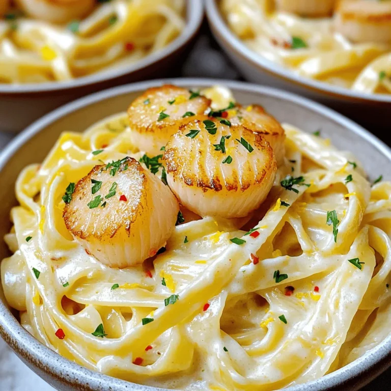 - 8 oz fettuccine pasta - 1 lb sea scallops, cleaned and patted dry - 2 tablespoons olive oil - 3 cloves garlic, minced - 1 cup heavy cream - 1/2 cup grated Parmigiano-Reggiano cheese - 1 teaspoon lemon zest - 1 tablespoon fresh lemon juice - 1/4 teaspoon red pepper flakes - Salt and pepper to taste - Fresh parsley, chopped, for garnish The main ingredients for this creamy scallop pasta are simple yet fresh. First, you need fettuccine pasta, which gives a nice bite. For the star of the dish, use sea scallops. They are sweet and tender. You want to clean and dry them well to sear perfectly. You will also need olive oil, which adds flavor and helps sear the scallops. Garlic brings a warm aroma to the dish. Heavy cream makes the sauce rich and smooth. For optional ingredients, consider adding Parmigiano-Reggiano cheese for a cheesy twist. Lemon zest and juice add brightness. If you like a little heat, red pepper flakes are great. Don’t forget to season with salt and pepper. Lastly, fresh parsley makes a lovely garnish. This is the base for a delightful meal. For the full recipe, check out the full instructions. - Boil salted water in a large pot. - Cook the fettuccine according to package instructions. - Reserve 1/2 cup of pasta water, then drain the pasta. - Heat 2 tablespoons of olive oil in a skillet over medium-high heat. - Season the scallops with salt and pepper. - Add the scallops to the pan in a single layer. - Sear for 2-3 minutes on each side until golden brown. - Remove scallops from the skillet and set aside. - Lower the heat to medium in the same skillet. - Add 3 minced garlic cloves and sauté for about 30 seconds. - Stir in 1 cup of heavy cream and let it simmer for 2-3 minutes. - Add 1/2 cup grated Parmigiano-Reggiano cheese, 1 teaspoon lemon zest, and 1 tablespoon fresh lemon juice. - Mix until the cheese melts and the sauce is smooth. - If the sauce is thick, gradually add reserved pasta water until desired consistency. - Toss the fettuccine in the creamy sauce until well coated. - Gently fold in the seared scallops. - Adjust seasoning with salt and pepper to taste. - Plate the creamy scallop pasta in shallow bowls. - Garnish with freshly chopped parsley before serving. For the full recipe, check the detailed instructions above. To get a great sear on your scallops, use dry scallops. They have less moisture and create a nice crust. If your scallops are wet, pat them dry with a paper towel. This helps them brown better. Also, avoid overcrowding the pan. If your skillet is too full, the scallops will steam instead of sear. Cook them in batches if needed. This will give you that golden look and taste. If your sauce is too thick, use reserved pasta water to adjust it. Start with a little and stir it in. Keep adding until you reach the right creaminess. Be careful not to overcook the sauce. Let it simmer gently. This keeps the flavors fresh and bright. Stir often to prevent sticking or burning. You can try different seasonings to boost flavor. Fresh herbs like basil or thyme work great. You can also add a pinch of nutmeg for warmth. Adding vegetables like spinach or sun-dried tomatoes gives your dish more texture. They add color and taste, making your meal even better. For more ideas, check the Full Recipe for flavor tips. {{image_2}} You can switch out heavy cream for half-and-half or coconut cream. These options can make the dish lighter or add a unique flavor. If you're looking for different pasta types, try penne or linguine. Each shape holds the sauce differently, adding a fun twist to your meal. Want to boost the taste? Add fresh herbs like basil or dill. They bring a fresh pop to the dish. You can also mix in proteins like shrimp or chicken. This way, you create a heartier meal that still tastes great. For gluten-free options, use gluten-free pasta made from rice or corn. This swap keeps the dish just as tasty. If you're looking for vegan adaptations, replace cream with cashew cream or a rich plant-based milk. You can also skip the cheese or use a vegan cheese alternative. These changes keep the flavor while meeting dietary needs. Store your creamy scallop pasta in an airtight container. This keeps it fresh longer. You can use glass or plastic containers with tight-fitting lids. For best taste, eat leftovers within 3 days. To reheat, use a low heat on the stove. Add a splash of cream or reserved pasta water. This helps keep the sauce creamy. Stir gently to avoid clumping. You can also use the microwave. Heat in short bursts, stirring in between. This method warms it evenly without drying the pasta out. You can use sea or bay scallops. Sea scallops are larger and meatier. They have a sweet taste and firm texture. Bay scallops are smaller and more tender. They work well in lighter dishes. For creamy scallop pasta, I prefer sea scallops. Their size and flavor shine in this dish. Yes, you can prepare parts of this dish ahead. Cook the pasta and scallops, then store them separately. Keep them in airtight containers in the fridge. When ready to eat, reheat each part. Use medium heat to avoid overcooking. I recommend eating the dish fresh for the best taste. To lighten up this creamy scallop pasta, try using half-and-half instead of heavy cream. You can also reduce the cheese amount. Adding more veggies can help too. Fresh spinach or zucchini give great taste and texture. These changes keep the dish tasty but cut some calories. Freezing creamy scallop pasta is not the best choice. The cream can separate and change texture. If you must freeze it, do so without the scallops. Store the pasta and sauce in separate containers. Thaw in the fridge overnight before reheating. Gently warm it up and add scallops fresh. This keeps the dish creamy and delicious. For the full recipe, check the earlier sections. You now have a simple guide to make creamy scallop pasta. We covered key ingredients, step-by-step cooking, and tips for the best flavor. You can mix it up with different ingredients or store leftovers easily. This dish is not just tasty; it’s also flexible. Enjoy cooking your creamy scallop pasta, and feel free to get creative with flavors or swaps. Your kitchen is now a place for delicious meals!