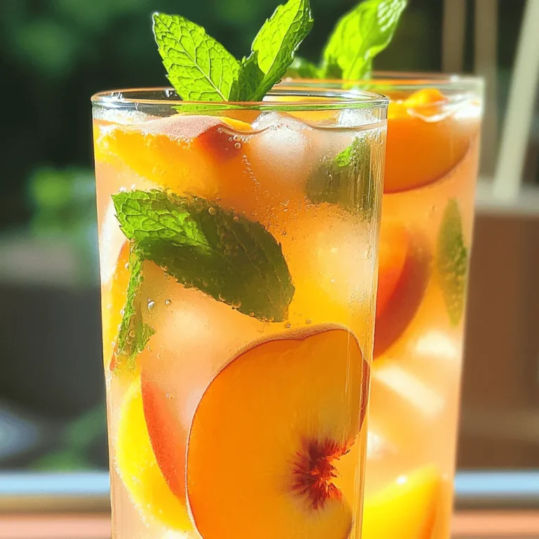 - 4 ripe peaches, pitted and chopped - 1 cup fresh lemon juice (about 4-6 lemons) - 1 cup granulated sugar (adjust to taste) - 4 cups cold water - 1 teaspoon vanilla extract - Optional: Fresh mint leaves To create a refreshing peach lemonade, start with ripe peaches. These fruits add natural sweetness and a lovely color to your drink. When choosing peaches, look for ones that yield slightly to pressure. They should smell fragrant and feel soft. Next, you will need fresh lemons. They provide the tangy flavor that balances the sweetness from the peaches. A good rule is to pick lemons that feel heavy for their size. Granulated sugar comes next. You can adjust the amount based on your taste. This recipe calls for one cup, but feel free to add more or less. Cold water is essential to dilute the mixture and create a refreshing drink. Lastly, a teaspoon of vanilla extract adds depth to the flavor. For a touch of brightness, consider adding fresh mint leaves as a garnish. - Blender - Fine mesh sieve - Large pitcher - Ice cube tray Using the right tools helps make the process easier. A blender is your best friend for pureeing the peaches. It turns them into a smooth mixture. Next, a fine mesh sieve ensures you get a silky texture by removing any pulp. This step is key for a refreshing drink. You will also need a large pitcher to mix everything together. It gives you enough space to add all the ingredients. An ice cube tray is useful for chilling your lemonade. You can make ice cubes from the peach lemonade to keep it cold without watering it down. These ingredients and tools set the stage for a delightful summer drink. For the full recipe, check out the detailed steps in the next section. To start, take your ripe peaches and chop them into small pieces. Place the chopped peaches in a blender with half of the cold water. Blend until the mixture is smooth. Next, strain the peach puree through a fine mesh sieve. This step removes any pulp and gives you a smooth texture. Press down on the puree with a spoon to get every drop of juice. Now it’s time to mix your lemonade. In a large pitcher, combine the strained peach juice with fresh lemon juice and granulated sugar. Stir well until the sugar dissolves completely. Then, pour in the remaining cold water and add the vanilla extract. Mix gently to combine all the flavors. If you like it sweeter, you can adjust the sugar to your taste. After mixing, chill your peach lemonade in the refrigerator. Let it sit for at least 30 minutes. This allows the flavors to meld and become even more delicious. When you’re ready to serve, fill tall glasses with ice cubes. Pour the chilled peach lemonade over the ice and garnish with fresh mint leaves. Enjoy this refreshing drink on a hot summer day! For the full recipe, check out the details provided. How to choose ripe peaches Look for peaches that feel slightly soft when you gently press them. Their skin should have a warm color, often yellow or orange. Avoid peaches that are green or too hard, as they won’t be sweet. Picking the right lemons for juicing Choose lemons that are heavy for their size and firm. Bright yellow skin often means they are juicy. If you find a lemon with some slight blemishes, don’t worry; they can still be great for juicing! Adjusting sugar levels Start with the amount of sugar in the recipe. Taste your peach lemonade and decide if it needs more. Just add a little at a time, so it does not get too sweet. Natural sweetener alternatives If you want a healthier option, try using honey or agave syrup. Both dissolve well and add a nice flavor. You can also use stevia or erythritol if you want to cut down on calories. Optional ingredients to enhance taste Add a splash of sparkling water for a fun twist. You can also mix in other fruits like strawberries or raspberries for added flavor. A bit of ginger can give it a zing, too. Tips for adding herbs or spices Fresh mint leaves are perfect for a refreshing touch. You can muddle them in the pitcher before adding lemonade. For a unique flavor, try some basil or even a pinch of cinnamon. {{image_2}} You can make your peach lemonade a bit more fun by adding vodka or rum. A good rule is to add 1-2 ounces of alcohol per glass. This gives a nice kick without overpowering the peach flavor. For parties, serve it in a big pitcher. Add slices of fresh peaches and lemons for a pretty look. Guests will love this refreshing drink! Want some fizz? Making your peach lemonade sparkling is easy! Just mix in some soda water or lemon-lime soda. The bubbles add a fun twist. For the best flavor, try using a citrus soda. You can also add a splash of ginger ale for a spicy hint. Serve it over ice for a bubbly summer treat! Combining strawberries with peaches makes a beautiful blend. To do this, use about 2 cups of fresh strawberries. Blend them with the peaches for a fruity mix. The sweet and tart flavors pair well. Adjust the blending ratio to your taste. More strawberries will make it sweeter, while more peaches keep it classic. This combo will surely impress! For full details on making this delightful drink, check the Full Recipe. Store leftover peach lemonade in a pitcher. Make sure to cover it tightly. This keeps it fresh and prevents smells from mixing in your fridge. For the best taste, drink it within three days. After that, it may lose some flavor. You can freeze peach lemonade for later use. Pour the lemonade into an ice cube tray. This makes perfect peach lemonade cubes. Once frozen, pop them out and store them in a bag. When you want a refreshing drink, just thaw the cubes in a glass of water. You can also blend them for a slushy treat! Homemade peach lemonade can last up to one week in the fridge. To keep it fresh, store it in a sealed pitcher or jar. This helps prevent it from absorbing other smells. If it starts to taste off, it's best to toss it out. Always check for changes in color or smell before serving. Yes, you can use frozen peaches! They work well in this recipe. Just thaw them before blending. Frozen fruit often has great flavor and can save prep time. However, it may make your lemonade a bit more watery. You might need to adjust the sugar to balance the flavors. If you want to cut down on sugar, try using honey or agave syrup. Both of these options will add sweetness without the granules. You can also use stevia or monk fruit sweetener for a low-calorie choice. Keep in mind that each sweetener has a different level of sweetness. Start with a small amount and adjust to taste. Absolutely! This recipe is great for kids. To make it more kid-friendly, you can cut back on the sugar. You might even try swapping out some of the lemonade with sparkling water for a fun twist. Just ensure the lemonade is not too tart. Kids love the fruity flavor and the bright color! This blog post covers how to make refreshing peach lemonade. You learned about fresh ingredients like ripe peaches and lemons, and tools like a blender and pitcher. We went through key steps for preparing the peach puree and mixing the lemonade. You also discovered tips to choose fruits and customize sweetness. Variations like alcoholic and sparkling lemonade add fun twists. For storage, know how to keep it fresh and freeze leftovers. This drink is great for hot days, parties, or family fun. Enjoy your homemade peach lemonade!