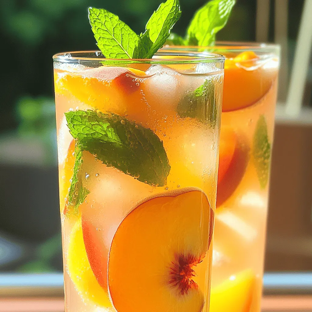 - 4 ripe peaches, pitted and chopped - 1 cup fresh lemon juice (about 4-6 lemons) - 1 cup granulated sugar (adjust to taste) - 4 cups cold water - 1 teaspoon vanilla extract - Optional: Fresh mint leaves To create a refreshing peach lemonade, start with ripe peaches. These fruits add natural sweetness and a lovely color to your drink. When choosing peaches, look for ones that yield slightly to pressure. They should smell fragrant and feel soft. Next, you will need fresh lemons. They provide the tangy flavor that balances the sweetness from the peaches. A good rule is to pick lemons that feel heavy for their size. Granulated sugar comes next. You can adjust the amount based on your taste. This recipe calls for one cup, but feel free to add more or less. Cold water is essential to dilute the mixture and create a refreshing drink. Lastly, a teaspoon of vanilla extract adds depth to the flavor. For a touch of brightness, consider adding fresh mint leaves as a garnish. - Blender - Fine mesh sieve - Large pitcher - Ice cube tray Using the right tools helps make the process easier. A blender is your best friend for pureeing the peaches. It turns them into a smooth mixture. Next, a fine mesh sieve ensures you get a silky texture by removing any pulp. This step is key for a refreshing drink. You will also need a large pitcher to mix everything together. It gives you enough space to add all the ingredients. An ice cube tray is useful for chilling your lemonade. You can make ice cubes from the peach lemonade to keep it cold without watering it down. These ingredients and tools set the stage for a delightful summer drink. For the full recipe, check out the detailed steps in the next section. To start, take your ripe peaches and chop them into small pieces. Place the chopped peaches in a blender with half of the cold water. Blend until the mixture is smooth. Next, strain the peach puree through a fine mesh sieve. This step removes any pulp and gives you a smooth texture. Press down on the puree with a spoon to get every drop of juice. Now it’s time to mix your lemonade. In a large pitcher, combine the strained peach juice with fresh lemon juice and granulated sugar. Stir well until the sugar dissolves completely. Then, pour in the remaining cold water and add the vanilla extract. Mix gently to combine all the flavors. If you like it sweeter, you can adjust the sugar to your taste. After mixing, chill your peach lemonade in the refrigerator. Let it sit for at least 30 minutes. This allows the flavors to meld and become even more delicious. When you’re ready to serve, fill tall glasses with ice cubes. Pour the chilled peach lemonade over the ice and garnish with fresh mint leaves. Enjoy this refreshing drink on a hot summer day! For the full recipe, check out the details provided. How to choose ripe peaches Look for peaches that feel slightly soft when you gently press them. Their skin should have a warm color, often yellow or orange. Avoid peaches that are green or too hard, as they won’t be sweet. Picking the right lemons for juicing Choose lemons that are heavy for their size and firm. Bright yellow skin often means they are juicy. If you find a lemon with some slight blemishes, don’t worry; they can still be great for juicing! Adjusting sugar levels Start with the amount of sugar in the recipe. Taste your peach lemonade and decide if it needs more. Just add a little at a time, so it does not get too sweet. Natural sweetener alternatives If you want a healthier option, try using honey or agave syrup. Both dissolve well and add a nice flavor. You can also use stevia or erythritol if you want to cut down on calories. Optional ingredients to enhance taste Add a splash of sparkling water for a fun twist. You can also mix in other fruits like strawberries or raspberries for added flavor. A bit of ginger can give it a zing, too. Tips for adding herbs or spices Fresh mint leaves are perfect for a refreshing touch. You can muddle them in the pitcher before adding lemonade. For a unique flavor, try some basil or even a pinch of cinnamon. {{image_2}} You can make your peach lemonade a bit more fun by adding vodka or rum. A good rule is to add 1-2 ounces of alcohol per glass. This gives a nice kick without overpowering the peach flavor. For parties, serve it in a big pitcher. Add slices of fresh peaches and lemons for a pretty look. Guests will love this refreshing drink! Want some fizz? Making your peach lemonade sparkling is easy! Just mix in some soda water or lemon-lime soda. The bubbles add a fun twist. For the best flavor, try using a citrus soda. You can also add a splash of ginger ale for a spicy hint. Serve it over ice for a bubbly summer treat! Combining strawberries with peaches makes a beautiful blend. To do this, use about 2 cups of fresh strawberries. Blend them with the peaches for a fruity mix. The sweet and tart flavors pair well. Adjust the blending ratio to your taste. More strawberries will make it sweeter, while more peaches keep it classic. This combo will surely impress! For full details on making this delightful drink, check the Full Recipe. Store leftover peach lemonade in a pitcher. Make sure to cover it tightly. This keeps it fresh and prevents smells from mixing in your fridge. For the best taste, drink it within three days. After that, it may lose some flavor. You can freeze peach lemonade for later use. Pour the lemonade into an ice cube tray. This makes perfect peach lemonade cubes. Once frozen, pop them out and store them in a bag. When you want a refreshing drink, just thaw the cubes in a glass of water. You can also blend them for a slushy treat! Homemade peach lemonade can last up to one week in the fridge. To keep it fresh, store it in a sealed pitcher or jar. This helps prevent it from absorbing other smells. If it starts to taste off, it's best to toss it out. Always check for changes in color or smell before serving. Yes, you can use frozen peaches! They work well in this recipe. Just thaw them before blending. Frozen fruit often has great flavor and can save prep time. However, it may make your lemonade a bit more watery. You might need to adjust the sugar to balance the flavors. If you want to cut down on sugar, try using honey or agave syrup. Both of these options will add sweetness without the granules. You can also use stevia or monk fruit sweetener for a low-calorie choice. Keep in mind that each sweetener has a different level of sweetness. Start with a small amount and adjust to taste. Absolutely! This recipe is great for kids. To make it more kid-friendly, you can cut back on the sugar. You might even try swapping out some of the lemonade with sparkling water for a fun twist. Just ensure the lemonade is not too tart. Kids love the fruity flavor and the bright color! This blog post covers how to make refreshing peach lemonade. You learned about fresh ingredients like ripe peaches and lemons, and tools like a blender and pitcher. We went through key steps for preparing the peach puree and mixing the lemonade. You also discovered tips to choose fruits and customize sweetness. Variations like alcoholic and sparkling lemonade add fun twists. For storage, know how to keep it fresh and freeze leftovers. This drink is great for hot days, parties, or family fun. Enjoy your homemade peach lemonade!