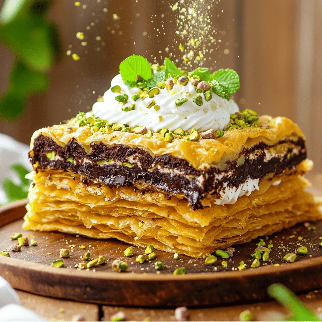 To make this cake, you will need some key ingredients. Here’s a list for you: - 200g kunafa (shredded phyllo dough) - 100g unsalted butter, melted - 150g dark chocolate, chopped - 300ml heavy cream - 100g powdered sugar - 1 teaspoon vanilla extract - 150g unsalted pistachios, finely chopped - 200g ricotta cheese - A pinch of salt - 50g additional pistachio crumbs for topping These ingredients come together to create a rich and creamy dessert. The kunafa gives a nice crunch, while the chocolate and cream add a smooth texture. You can add a few optional ingredients to take your cake to the next level: - Orange or lemon zest for a citrus kick - A splash of almond extract for a nutty flavor - Honey or maple syrup for added sweetness These extras can provide unique notes to the cake. They turn a classic dessert into something special. If you have dietary needs, don't worry! Here are some substitutions: - Use gluten-free phyllo dough instead of kunafa for a gluten-free option. - Try coconut cream in place of heavy cream for a dairy-free choice. - Swap ricotta cheese with tofu or a vegan cream cheese mix for a plant-based version. These swaps can help you enjoy this cake while sticking to your dietary needs. It's all about making it work for you! If you want to see the complete recipe, check out the Full Recipe. To start, gather your ingredients. You will need kunafa, melted butter, and a springform pan. First, preheat your oven to 180°C (350°F). Next, take your kunafa and pour the melted butter over it. Mix well to coat every strand. This step is key for a crispy base. Spread half of the buttered kunafa in a greased 9-inch springform pan. Press it down firmly to form a solid base. This will hold the delicious filling later. Now, let’s make the rich chocolate filling. In a saucepan, heat heavy cream over medium heat until it simmers. Remove it from heat and add the chopped dark chocolate. Stir until the chocolate melts and the mixture is smooth. Add powdered sugar, vanilla extract, ricotta cheese, and a pinch of salt to this chocolate mix. Blend everything until it's fully combined. This filling is creamy and oh-so-chocolatey! Pour the chocolate filling over the kunafa base in the springform pan. Sprinkle finely chopped pistachios on top of the filling. This adds a nice crunch and flavor. Cover the filling with the remaining kunafa. Press it down gently to create a top layer. Bake the cake in the oven for about 30-35 minutes. You want the top to be golden brown and crispy. Once baked, let the cake cool in the pan for 15 minutes. Carefully release the springform and transfer the cake to a serving plate. For a lovely finish, dust the top with pistachio crumbs before slicing. You can find the full recipe for details on measurements and times. Enjoy your creation! To get the best texture in your kunafa, you need to start with dry strands. If the kunafa is too moist, it won't crisp up right. I recommend breaking it up with your hands. Make sure to coat every strand with melted butter. This step helps each piece get golden and crunchy. Press down firmly when you layer it in the pan. This ensures it holds together when baked and served. Chocolate can seize up if it gets too hot or touches water. To avoid this, heat the heavy cream slowly. Stir constantly as it warms up. When you add the chocolate, make sure the cream is hot but not boiling. This helps the chocolate melt smoothly. If you see any lumps, just keep stirring until it looks shiny and silky. If the mixture does seize, adding a little hot cream can sometimes rescue it. To make your cake look amazing, you can dust the top with pistachio crumbs. This adds a nice color and texture. For a touch of freshness, add some mint leaves on top. Serve with a dollop of whipped cream for extra creaminess. You can also place extra chopped pistachios around the plate for decoration. These small touches can make your cake shine at any gathering. Check out the Full Recipe for more details on how to make this delicious treat! {{image_2}} You can make a nut-free version of this cake easily. Simply skip the pistachios. Use sunflower seeds or pumpkin seeds instead. These seeds add a nice crunch without the nuts. They also bring a unique flavor. You can finely chop them and sprinkle them on top. This change makes the cake safe for those with nut allergies. For the chocolate layer, you have options! You can use milk chocolate for a sweeter taste. Dark chocolate gives a rich and deep flavor. If you want a twist, try white chocolate. This adds a creamy touch to the cake. You can mix chocolates, too! Just keep the same amount as the recipe states. Each choice changes the cake’s flavor, so feel free to experiment. Want to change up the flavors? Add some citrus zest! Lemon or orange zest brightens the cake. Just a teaspoon can make a big difference. It balances the rich chocolate and brings freshness. You can also try spices like cinnamon or cardamom. These spices pair well with chocolate. They add warmth and depth to the flavor. Adjust the amount to your taste as you explore new flavors. For the full recipe, check the earlier section. Store leftover Chocolate Pistachio Kunafa Cake in an airtight container. Keep it in the fridge to keep it fresh. Make sure to place parchment paper between layers to avoid sticking. This way, you can enjoy it later without losing flavor or texture. You can freeze this cake for later use. First, let it cool completely. Wrap it tightly in plastic wrap and then place it in a freezer bag. It will stay fresh for up to three months. To reheat, thaw it overnight in the fridge. Then, warm it in the oven at 160°C (320°F) for about 10-15 minutes. When stored properly, this cake lasts about five days in the fridge. If you notice any changes in texture or smell, it’s best to discard it. For the best taste, enjoy it within the first few days. This ensures you experience its full rich flavor. Yes, you can make this cake a day ahead. Just follow the full recipe and let it cool. Once cooled, cover it tightly with plastic wrap or foil. This keeps it fresh. Store it in the fridge. When ready to serve, let it sit at room temperature for about 30 minutes. This makes it easier to slice. You can also reheat it in the oven for a few minutes if you prefer it warm. If you don’t have ricotta cheese, try mascarpone or cream cheese. Both create a rich texture and add flavor. You can also blend cottage cheese until smooth for a lighter option. These substitutes work well in the recipe. Just remember to adjust the sweetness slightly if needed. The kunafa is done when it turns a beautiful golden brown color. Check the edges for a crispy look. The center should feel firm to the touch. If you see bubbling around the edges, that’s a good sign too! Use a toothpick to test the filling; it should come out clean. Enjoy the amazing aroma while it bakes! This blog post shared all you need to make a tasty Chocolate Pistachio Kunafa Cake. We covered key ingredients, step-by-step instructions, and helpful tips. You learned about variations for dietary needs and storage best practices. Now, you have the tools to impress your friends and family. Enjoy experimenting with flavors and textures. Your baking adventure starts here!