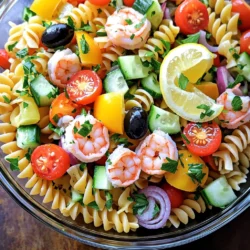 - 8 ounces tricolor rotini pasta - 1 cup cooked shrimp, peeled and deveined - 1 cup cooked crab meat (or imitation crab) - 1 cup cherry tomatoes, halved - 1 small cucumber, diced - 1/2 bell pepper (red or yellow), diced - 1/3 cup olive oil - 2 tablespoons lemon juice - 1 teaspoon dried oregano - Salt and pepper to taste This seafood pasta salad bursts with flavors. The tricolor rotini makes it fun and colorful. Shrimp and crab add a tasty touch, making each bite delightful. Cherry tomatoes bring sweetness, while cucumbers add crunch. Bell pepper gives a nice pop of color. For the dressing, olive oil and lemon juice create a fresh base. Dried oregano adds an earthy note. Remember to season with salt and pepper for the best taste. You can find the full recipe for Ocean Breeze Seafood Pasta Salad to enjoy this refreshing dish! To start, boil a large pot of salted water. This helps flavor the pasta. Add 8 ounces of tricolor rotini pasta to the boiling water. Cook it until it's al dente, which means it should be firm but not hard. After cooking, drain the pasta in a colander. Rinse it under cold water to stop the cooking process and cool it down. Now, grab a large bowl. In this bowl, combine the cooked pasta, 1 cup of cooked shrimp, and 1 cup of crab meat. Add 1 cup of halved cherry tomatoes, 1 diced cucumber, 1/2 diced bell pepper, 1/4 cup of finely chopped red onion, and 1/4 cup of sliced black olives. Toss the ingredients gently to mix them well. For the dressing, take another bowl. Whisk together 1/3 cup of olive oil, 2 tablespoons of lemon juice, and 1 teaspoon of dried oregano. Add salt and pepper to taste. Pour this dressing over the pasta salad mixture. Gently toss it again to make sure everything is coated. Cover the bowl with plastic wrap. Place it in the fridge for at least 30 minutes. This helps the flavors meld together nicely. Before serving, take the salad out and give it a final toss. Taste it and adjust the seasoning if needed. Enjoy your seafood pasta salad! For the full recipe, refer to the detailed instructions above. Choosing the best seafood is key for this dish. Fresh seafood makes a big difference. Look for shrimp that smell clean and have a firm texture. The best crab meat is sweet and flaky. If you can’t find fresh, frozen works too. Just make sure it is thawed before use. For pasta, cook it just right. Use salted water to enhance flavor. I suggest boiling the rotini until al dente. This means it should be firm but not hard. Drain the pasta and rinse it under cold water. This stops the cooking process and cools it down quickly. You can play with the dressing to fit your taste. Olive oil and lemon juice are a great base. Add a bit of Dijon mustard for a tangy twist. You can swap the lemon juice for lime if you want a different kick. For added flavor, use spices like garlic powder or crushed red pepper. Fresh herbs such as basil or dill can also brighten the dish. They add color and depth to the salad. Serving your seafood pasta salad well makes it even more appetizing. Use a large glass bowl to show off the colorful ingredients. This adds a visual touch that is hard to resist. Garnish the top with fresh parsley. It adds a nice green pop. Lemon wedges on the side look pretty and offer a fresh squeeze right before serving. These small details make a big impact on the overall look. For the full recipe, check out the Ocean Breeze Seafood Pasta Salad. {{image_2}} You can still enjoy seafood pasta salad without gluten. Use gluten-free pasta like brown rice or quinoa pasta. These options taste great and hold up well. If you want a similar flavor, add more herbs or lemon juice to your salad. Switch up your seafood for a new taste. Salmon or scallops work well in this dish. They add a rich flavor that pairs nicely with pasta. You can also use canned seafood, like tuna or crab, for quick prep. Canned options save time and are easy to find. Not in the mood for seafood? You can easily make a seafood-free pasta salad. Swap the seafood with chickpeas or diced tofu for protein. Add roasted vegetables for flavor and texture. This way, you get a delicious, filling salad without any seafood. For a fresh taste, throw in some extra lemon juice and herbs. For the full recipe, check out the Ocean Breeze Seafood Pasta Salad. To keep your seafood pasta salad fresh, place it in a tight container. Glass or plastic containers with lids work great. Make sure the salad cools down before sealing it. This helps prevent moisture buildup inside the container. If you can, separate the dressing from the salad. This will keep the pasta from getting soggy. Your seafood pasta salad lasts about three days in the fridge. Make sure to eat it within this time for the best taste. If you want to freeze it, be aware that the texture may change. For freezing, store the salad in an airtight container. It's best to freeze it without the dressing. Use it within one month for the best quality. Leftover seafood pasta salad can be a great base for new meals. You can mix it with some greens to make a fresh salad. Another idea is to turn it into a seafood wrap. Just add some lettuce and roll it up in a tortilla. You can also serve it cold with grilled chicken for a tasty twist. For the complete recipe, check out the Full Recipe. To keep seafood pasta salad fresh, store it in an airtight container. This prevents air from making it soggy. Add the dressing just before you serve. If you mix it too early, the pasta may soak up moisture. You can also place a paper towel in the container to absorb extra liquid. This helps keep the salad crisp. If you want to skip seafood, try chicken or tofu. Both provide great protein and flavor. You can also use beans, like chickpeas or black beans, for a hearty touch. They add texture and are filling. Cooked sausage or deli meats work in a pinch too. Just cut them into bite-sized pieces. Yes, you can make seafood pasta salad in advance! Prep it up to a day before you serve. Keep the salad in the fridge until you're ready to eat. Just remember to add the dressing right before serving for the best taste. This way, the flavors blend, but the pasta stays firm. For seafood pasta salad, I recommend tricolor rotini or fusilli. These shapes hold onto sauce well. You can also use penne or farfalle for a fun look. Avoid thin pasta like spaghetti, as it may break apart. Always choose pasta that has a nice bite, or "al dente," for the best texture. For the complete recipe, check out the Full Recipe. This seafood pasta salad combines fresh, colorful ingredients for a tasty dish. We covered essential ingredients, dressing tips, and creative variations. Remember, you can swap seafood and pasta for your favorites. Proper storage keeps it fresh for later. Enjoy making this salad your own, and have fun sharing it! With these tips, your seafood pasta salad will delight everyone at the table. So, gather your ingredients and start mixing! Enjoy each bite!