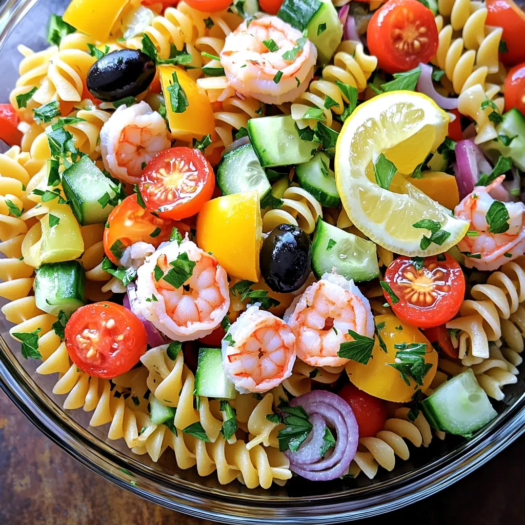 - 8 ounces tricolor rotini pasta - 1 cup cooked shrimp, peeled and deveined - 1 cup cooked crab meat (or imitation crab) - 1 cup cherry tomatoes, halved - 1 small cucumber, diced - 1/2 bell pepper (red or yellow), diced - 1/3 cup olive oil - 2 tablespoons lemon juice - 1 teaspoon dried oregano - Salt and pepper to taste This seafood pasta salad bursts with flavors. The tricolor rotini makes it fun and colorful. Shrimp and crab add a tasty touch, making each bite delightful. Cherry tomatoes bring sweetness, while cucumbers add crunch. Bell pepper gives a nice pop of color. For the dressing, olive oil and lemon juice create a fresh base. Dried oregano adds an earthy note. Remember to season with salt and pepper for the best taste. You can find the full recipe for Ocean Breeze Seafood Pasta Salad to enjoy this refreshing dish! To start, boil a large pot of salted water. This helps flavor the pasta. Add 8 ounces of tricolor rotini pasta to the boiling water. Cook it until it's al dente, which means it should be firm but not hard. After cooking, drain the pasta in a colander. Rinse it under cold water to stop the cooking process and cool it down. Now, grab a large bowl. In this bowl, combine the cooked pasta, 1 cup of cooked shrimp, and 1 cup of crab meat. Add 1 cup of halved cherry tomatoes, 1 diced cucumber, 1/2 diced bell pepper, 1/4 cup of finely chopped red onion, and 1/4 cup of sliced black olives. Toss the ingredients gently to mix them well. For the dressing, take another bowl. Whisk together 1/3 cup of olive oil, 2 tablespoons of lemon juice, and 1 teaspoon of dried oregano. Add salt and pepper to taste. Pour this dressing over the pasta salad mixture. Gently toss it again to make sure everything is coated. Cover the bowl with plastic wrap. Place it in the fridge for at least 30 minutes. This helps the flavors meld together nicely. Before serving, take the salad out and give it a final toss. Taste it and adjust the seasoning if needed. Enjoy your seafood pasta salad! For the full recipe, refer to the detailed instructions above. Choosing the best seafood is key for this dish. Fresh seafood makes a big difference. Look for shrimp that smell clean and have a firm texture. The best crab meat is sweet and flaky. If you can’t find fresh, frozen works too. Just make sure it is thawed before use. For pasta, cook it just right. Use salted water to enhance flavor. I suggest boiling the rotini until al dente. This means it should be firm but not hard. Drain the pasta and rinse it under cold water. This stops the cooking process and cools it down quickly. You can play with the dressing to fit your taste. Olive oil and lemon juice are a great base. Add a bit of Dijon mustard for a tangy twist. You can swap the lemon juice for lime if you want a different kick. For added flavor, use spices like garlic powder or crushed red pepper. Fresh herbs such as basil or dill can also brighten the dish. They add color and depth to the salad. Serving your seafood pasta salad well makes it even more appetizing. Use a large glass bowl to show off the colorful ingredients. This adds a visual touch that is hard to resist. Garnish the top with fresh parsley. It adds a nice green pop. Lemon wedges on the side look pretty and offer a fresh squeeze right before serving. These small details make a big impact on the overall look. For the full recipe, check out the Ocean Breeze Seafood Pasta Salad. {{image_2}} You can still enjoy seafood pasta salad without gluten. Use gluten-free pasta like brown rice or quinoa pasta. These options taste great and hold up well. If you want a similar flavor, add more herbs or lemon juice to your salad. Switch up your seafood for a new taste. Salmon or scallops work well in this dish. They add a rich flavor that pairs nicely with pasta. You can also use canned seafood, like tuna or crab, for quick prep. Canned options save time and are easy to find. Not in the mood for seafood? You can easily make a seafood-free pasta salad. Swap the seafood with chickpeas or diced tofu for protein. Add roasted vegetables for flavor and texture. This way, you get a delicious, filling salad without any seafood. For a fresh taste, throw in some extra lemon juice and herbs. For the full recipe, check out the Ocean Breeze Seafood Pasta Salad. To keep your seafood pasta salad fresh, place it in a tight container. Glass or plastic containers with lids work great. Make sure the salad cools down before sealing it. This helps prevent moisture buildup inside the container. If you can, separate the dressing from the salad. This will keep the pasta from getting soggy. Your seafood pasta salad lasts about three days in the fridge. Make sure to eat it within this time for the best taste. If you want to freeze it, be aware that the texture may change. For freezing, store the salad in an airtight container. It's best to freeze it without the dressing. Use it within one month for the best quality. Leftover seafood pasta salad can be a great base for new meals. You can mix it with some greens to make a fresh salad. Another idea is to turn it into a seafood wrap. Just add some lettuce and roll it up in a tortilla. You can also serve it cold with grilled chicken for a tasty twist. For the complete recipe, check out the Full Recipe. To keep seafood pasta salad fresh, store it in an airtight container. This prevents air from making it soggy. Add the dressing just before you serve. If you mix it too early, the pasta may soak up moisture. You can also place a paper towel in the container to absorb extra liquid. This helps keep the salad crisp. If you want to skip seafood, try chicken or tofu. Both provide great protein and flavor. You can also use beans, like chickpeas or black beans, for a hearty touch. They add texture and are filling. Cooked sausage or deli meats work in a pinch too. Just cut them into bite-sized pieces. Yes, you can make seafood pasta salad in advance! Prep it up to a day before you serve. Keep the salad in the fridge until you're ready to eat. Just remember to add the dressing right before serving for the best taste. This way, the flavors blend, but the pasta stays firm. For seafood pasta salad, I recommend tricolor rotini or fusilli. These shapes hold onto sauce well. You can also use penne or farfalle for a fun look. Avoid thin pasta like spaghetti, as it may break apart. Always choose pasta that has a nice bite, or "al dente," for the best texture. For the complete recipe, check out the Full Recipe. This seafood pasta salad combines fresh, colorful ingredients for a tasty dish. We covered essential ingredients, dressing tips, and creative variations. Remember, you can swap seafood and pasta for your favorites. Proper storage keeps it fresh for later. Enjoy making this salad your own, and have fun sharing it! With these tips, your seafood pasta salad will delight everyone at the table. So, gather your ingredients and start mixing! Enjoy each bite!