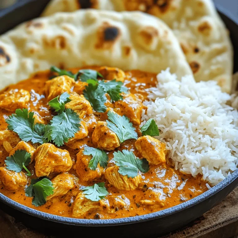 - 500g chicken breast, diced - 1 cup plain yogurt - 2 tablespoons ginger-garlic paste - 2 tablespoons tikka masala spice mix - 1 can (400g) crushed tomatoes The main ingredients give this dish its rich flavor. The chicken breast is tender and soaks up the spices well. Yogurt helps tenderize the chicken and adds creaminess. Ginger-garlic paste brings a warm kick, and the tikka masala spice mix adds depth. Crushed tomatoes provide a nice base for the sauce. - 1 cup coconut milk - Fresh cilantro for garnish - Cooked basmati rice or naan Coconut milk gives the dish a creamy texture. You can add it for a richer taste. Fresh cilantro adds a burst of color and freshness on top. Serve your chicken tikka masala with basmati rice or naan for a complete meal. - 2 tablespoons vegetable oil - 1 teaspoon salt (to taste) Oil is key for frying and helps the spices bloom. Salt enhances all the flavors in the dish. Adjust the salt to fit your taste. For the full recipe, check out the details above. To start, I take a bowl and combine the plain yogurt, ginger-garlic paste, and tikka masala spice mix. This blend creates a tasty marinade that makes the chicken tender and flavorful. Next, I add the diced chicken to the bowl. I mix everything well to coat the chicken evenly. It’s best to let it marinate for at least 30 minutes. You can even leave it overnight in the fridge for more flavor. Once marinated, I heat vegetable oil in a large skillet over medium heat. I add the finely chopped onion and sauté it until it turns golden brown. This step adds a sweet flavor to the dish. It usually takes about 5 to 7 minutes. After that, I add the marinated chicken to the skillet, along with all the marinade. I cook it until the chicken is browned on all sides, which takes about 5 to 8 minutes. After the chicken is browned, I stir in a can of crushed tomatoes. I bring the mixture to a simmer, allowing it to cook for about 10 minutes. This helps the flavors combine nicely. Then, I pour in the coconut milk, mixing everything well. I let it simmer for another 10 to 15 minutes until the chicken is fully cooked and the sauce thickens. Finally, I season with salt to taste and garnish with fresh cilantro. This dish pairs perfectly with basmati rice or naan. For the complete recipe, check out the Full Recipe section. For the best flavor, marinate the chicken for at least 30 minutes. If you have more time, marinating overnight works wonders. This allows the spices to soak into the chicken. You can also try adding a squeeze of lemon juice for a zesty kick. Mixing in some fresh herbs like mint or cilantro can elevate the taste even more. Heat your skillet over medium heat before adding oil. This helps the chicken sear nicely, giving it a golden color. Cook the chicken until it’s browned on all sides. Make sure the internal temperature reaches 165°F (75°C) for safety. Cut a piece to check if it looks white and juicy inside. Serve your chicken tikka masala with basmati rice or warm naan. Both soak up the sauce perfectly. For a fresh touch, garnish with chopped cilantro on top. It adds color and a burst of flavor. You can also serve it with a side of cucumber salad or roasted vegetables for a balanced meal. {{image_2}} You can make a tasty vegetarian version of chicken tikka masala. Simply swap the chicken for tofu or your favorite vegetables. Tofu absorbs flavors well, making it a great choice. Cut the tofu into cubes and marinate it just like the chicken. You can also use vegetables like bell peppers, zucchini, or cauliflower. Cook them until tender. This option is healthy and still full of flavor! To add more flavor, consider using extra spices. You can try garam masala, cumin, or coriander for a deeper taste. If you like heat, add chili powder or cayenne pepper. Start with a small amount and adjust to your liking. This way, you can control the spice level. Remember, not everyone enjoys the same heat, so make it your own! You can play around with the sauces too. A creamy coconut sauce gives a sweet twist. On the other hand, a tomato-based sauce offers a tangier taste. If you're feeling adventurous, experiment with your own homemade tikka masala. Mix different ingredients to find the flavor you love most. The beauty of this dish is its flexibility. You can create your ideal version! For the full recipe, check the section above. Store your Easy Chicken Tikka Masala in an airtight container. This keeps it fresh. It lasts up to four days in the fridge. The flavors deepen after a day or two. Reheat it on low heat to bring it back to life. Stir well to avoid hot spots. To freeze leftovers, let the dish cool completely. Pour it into freezer-safe bags or containers. Remove as much air as possible before sealing. It keeps well for three months. Thaw in the fridge overnight. Reheat it on the stove or in the microwave. Add a splash of coconut milk if the sauce thickens too much. You can make this chicken tikka masala ahead of time. Cook a big batch on the weekend. Divide it into portions for the week. This makes busy nights easier. Pair with rice or naan for a quick meal. You’ll enjoy a tasty dinner without much effort. Making Easy Chicken Tikka Masala takes about 1 hour. The prep time is around 30 minutes. During this time, you can marinate the chicken. The cooking time is about 30 minutes. You will sauté the onions and cook the chicken and sauce. Yes, you can use different cuts of chicken. Chicken thighs work well and stay juicy. You can even use bone-in chicken for more flavor. Just adjust the cooking time. Make sure the chicken cooks completely for safety. You can serve Chicken Tikka Masala with basmati rice or naan. These sides soak up the sauce nicely. You might also add a fresh salad or roasted vegetables. They balance the rich flavors and add crunch. For a complete meal, try yogurt sauce as a dip. In summary, you’ve learned how to make Easy Chicken Tikka Masala. We covered the key ingredients, marinating steps, and cooking methods. You now know how to perfect your dish with useful tips and variations. Consider trying different proteins or sauces for personalized flavor. With proper storage and meal prep, you can enjoy this dish throughout the week. Dive into this tasty recipe and impress your family or friends!