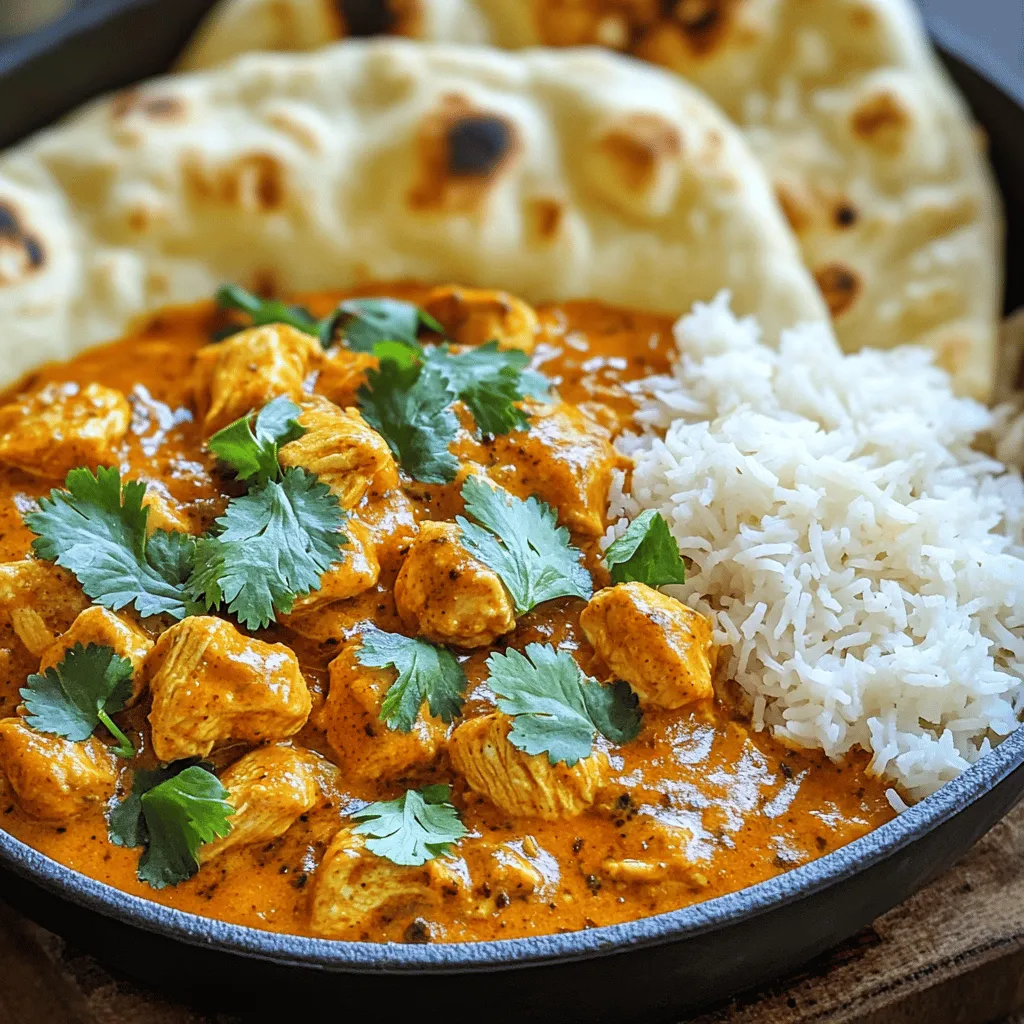 - 500g chicken breast, diced - 1 cup plain yogurt - 2 tablespoons ginger-garlic paste - 2 tablespoons tikka masala spice mix - 1 can (400g) crushed tomatoes The main ingredients give this dish its rich flavor. The chicken breast is tender and soaks up the spices well. Yogurt helps tenderize the chicken and adds creaminess. Ginger-garlic paste brings a warm kick, and the tikka masala spice mix adds depth. Crushed tomatoes provide a nice base for the sauce. - 1 cup coconut milk - Fresh cilantro for garnish - Cooked basmati rice or naan Coconut milk gives the dish a creamy texture. You can add it for a richer taste. Fresh cilantro adds a burst of color and freshness on top. Serve your chicken tikka masala with basmati rice or naan for a complete meal. - 2 tablespoons vegetable oil - 1 teaspoon salt (to taste) Oil is key for frying and helps the spices bloom. Salt enhances all the flavors in the dish. Adjust the salt to fit your taste. For the full recipe, check out the details above. To start, I take a bowl and combine the plain yogurt, ginger-garlic paste, and tikka masala spice mix. This blend creates a tasty marinade that makes the chicken tender and flavorful. Next, I add the diced chicken to the bowl. I mix everything well to coat the chicken evenly. It’s best to let it marinate for at least 30 minutes. You can even leave it overnight in the fridge for more flavor. Once marinated, I heat vegetable oil in a large skillet over medium heat. I add the finely chopped onion and sauté it until it turns golden brown. This step adds a sweet flavor to the dish. It usually takes about 5 to 7 minutes. After that, I add the marinated chicken to the skillet, along with all the marinade. I cook it until the chicken is browned on all sides, which takes about 5 to 8 minutes. After the chicken is browned, I stir in a can of crushed tomatoes. I bring the mixture to a simmer, allowing it to cook for about 10 minutes. This helps the flavors combine nicely. Then, I pour in the coconut milk, mixing everything well. I let it simmer for another 10 to 15 minutes until the chicken is fully cooked and the sauce thickens. Finally, I season with salt to taste and garnish with fresh cilantro. This dish pairs perfectly with basmati rice or naan. For the complete recipe, check out the Full Recipe section. For the best flavor, marinate the chicken for at least 30 minutes. If you have more time, marinating overnight works wonders. This allows the spices to soak into the chicken. You can also try adding a squeeze of lemon juice for a zesty kick. Mixing in some fresh herbs like mint or cilantro can elevate the taste even more. Heat your skillet over medium heat before adding oil. This helps the chicken sear nicely, giving it a golden color. Cook the chicken until it’s browned on all sides. Make sure the internal temperature reaches 165°F (75°C) for safety. Cut a piece to check if it looks white and juicy inside. Serve your chicken tikka masala with basmati rice or warm naan. Both soak up the sauce perfectly. For a fresh touch, garnish with chopped cilantro on top. It adds color and a burst of flavor. You can also serve it with a side of cucumber salad or roasted vegetables for a balanced meal. {{image_2}} You can make a tasty vegetarian version of chicken tikka masala. Simply swap the chicken for tofu or your favorite vegetables. Tofu absorbs flavors well, making it a great choice. Cut the tofu into cubes and marinate it just like the chicken. You can also use vegetables like bell peppers, zucchini, or cauliflower. Cook them until tender. This option is healthy and still full of flavor! To add more flavor, consider using extra spices. You can try garam masala, cumin, or coriander for a deeper taste. If you like heat, add chili powder or cayenne pepper. Start with a small amount and adjust to your liking. This way, you can control the spice level. Remember, not everyone enjoys the same heat, so make it your own! You can play around with the sauces too. A creamy coconut sauce gives a sweet twist. On the other hand, a tomato-based sauce offers a tangier taste. If you're feeling adventurous, experiment with your own homemade tikka masala. Mix different ingredients to find the flavor you love most. The beauty of this dish is its flexibility. You can create your ideal version! For the full recipe, check the section above. Store your Easy Chicken Tikka Masala in an airtight container. This keeps it fresh. It lasts up to four days in the fridge. The flavors deepen after a day or two. Reheat it on low heat to bring it back to life. Stir well to avoid hot spots. To freeze leftovers, let the dish cool completely. Pour it into freezer-safe bags or containers. Remove as much air as possible before sealing. It keeps well for three months. Thaw in the fridge overnight. Reheat it on the stove or in the microwave. Add a splash of coconut milk if the sauce thickens too much. You can make this chicken tikka masala ahead of time. Cook a big batch on the weekend. Divide it into portions for the week. This makes busy nights easier. Pair with rice or naan for a quick meal. You’ll enjoy a tasty dinner without much effort. Making Easy Chicken Tikka Masala takes about 1 hour. The prep time is around 30 minutes. During this time, you can marinate the chicken. The cooking time is about 30 minutes. You will sauté the onions and cook the chicken and sauce. Yes, you can use different cuts of chicken. Chicken thighs work well and stay juicy. You can even use bone-in chicken for more flavor. Just adjust the cooking time. Make sure the chicken cooks completely for safety. You can serve Chicken Tikka Masala with basmati rice or naan. These sides soak up the sauce nicely. You might also add a fresh salad or roasted vegetables. They balance the rich flavors and add crunch. For a complete meal, try yogurt sauce as a dip. In summary, you’ve learned how to make Easy Chicken Tikka Masala. We covered the key ingredients, marinating steps, and cooking methods. You now know how to perfect your dish with useful tips and variations. Consider trying different proteins or sauces for personalized flavor. With proper storage and meal prep, you can enjoy this dish throughout the week. Dive into this tasty recipe and impress your family or friends!