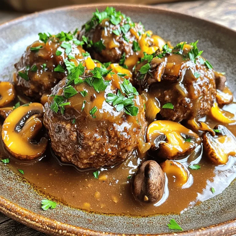 - 1 lb ground beef - 1/2 cup breadcrumbs - 1/4 cup grated Parmesan cheese - 1/4 cup onion, finely diced - 2 cloves garlic, minced - 1 egg - 1 tsp Worcestershire sauce - Salt and pepper to taste - 1 tbsp fresh parsley, chopped (plus more for garnish) - 1 cup mushrooms, sliced - 1 cup beef broth - 2 tbsp all-purpose flour - 1 tbsp unsalted butter - 1 tbsp olive oil - You can use ground turkey or chicken if you prefer lighter meat. - For gluten-free options, try gluten-free breadcrumbs. - If you need dairy-free, look for dairy-free cheese alternatives. - When choosing ground beef, look for lean cuts. This helps keep the meatballs moist. - Select mushrooms that are firm and dry. Fresh mushrooms add great flavor. - Always use fresh herbs. They make a big difference in taste and aroma. First, grab a large bowl. Add the ground beef, breadcrumbs, grated Parmesan cheese, diced onion, minced garlic, egg, Worcestershire sauce, salt, pepper, and chopped parsley. Mix everything well with your hands. This step is very important. A good mix helps the meatballs hold together. You want each bite to be flavorful, with bits of onion and garlic throughout. Now, roll the meat mixture into balls. Aim for about 1.5 inches each. Place them on a baking sheet lined with parchment paper. You should make around 12 to 15 meatballs. Next, heat olive oil in a large skillet over medium heat. Add the meatballs in batches. Cook them for 5 to 7 minutes until they are brown on all sides. This browning adds great flavor to the meatballs. In the same skillet, melt butter over medium heat. Add sliced mushrooms and sauté for about 5 minutes. Stir them until they turn golden brown. To thicken the gravy, sprinkle flour over the mushrooms. Stir for 1 to 2 minutes. Gradually whisk in the beef broth. Make sure there are no lumps. Bring it to a simmer and cook for about 3 to 4 minutes until it thickens. Now, return the meatballs to the skillet. Cover them with the gravy and let them simmer for 10 to 15 minutes. This will ensure they are cooked through. Enjoy making this dish with the full recipe! To keep your meatballs moist, use a mix of beef and breadcrumbs. The breadcrumbs soak up moisture. This helps them stay juicy during cooking. You can also add a splash of milk for extra moisture. For even cooking, roll your meatballs to a uniform size, about 1.5 inches. Cook them in batches. This prevents crowding in the pan. Crowding can lead to steaming instead of browning. Always ensure your skillet is hot before adding the meatballs. This gives a nice crust. To boost the gravy flavor, add herbs like thyme and rosemary. A pinch of garlic powder also deepens the taste. You can even try a dash of soy sauce for umami. If your gravy is too thick, whisk in a little more beef broth. If it's too thin, let it simmer longer. The heat will help it thicken up nicely. Stir often to prevent sticking. Salisbury steak meatballs pair well with mashed potatoes or rice. Green beans or a simple salad make great sides, too. For a restaurant-style look, place the meatballs on a bed of creamy mashed potatoes. Drizzle the gravy over the top and sprinkle fresh parsley for color. It makes a lovely presentation that will impress your guests. You can find the full recipe for this delightful dish, so you can enjoy it tonight! {{image_2}} You can switch up the meat in this dish. Ground turkey offers a lighter feel. It keeps the flavors while being lower in fat. Ground pork adds a sweet touch and keeps meatballs juicy. For a vegetarian twist, use plant-based meat. These options can taste just as good as beef. Want to change the flavor? Try an Asian twist! Use soy sauce and sesame oil for a unique taste. You can add ginger for warmth. If you like heat, toss in some red pepper flakes. This adds a nice kick without being too spicy. How you serve these meatballs can change the meal. Serve them over rice for a hearty dish. The rice soaks up the gravy well. Mashed potatoes are another great choice. They pair perfectly with the rich mushroom gravy. You can also mix them into a casserole. Layer them with veggies and cheese for a warm bake. For the full recipe, check out the link! You can store leftover Salisbury steak meatballs for up to four days in the fridge. Make sure to place them in an airtight container. When reheating, use low heat to keep them moist. You can add a splash of beef broth to help with this. Stir occasionally to heat evenly and avoid burning. You can freeze these meatballs either before or after cooking. If freezing raw, form the meatballs, then place them on a baking sheet. Once frozen solid, transfer them to a freezer bag. When freezing cooked meatballs, let them cool first before packing. To thaw, place them in the fridge overnight. You can reheat them in a skillet or microwave. If reheating from frozen, add extra time to ensure they heat through. To prevent gravy separation, avoid overheating the gravy. Heat it gently and stir often. Use glass or BPA-free plastic containers for storage. These will help keep the meatballs fresh and tasty. If you want to keep the texture, store the gravy separately from the meatballs. To help meatballs stick, you need the right mix of binders. Use breadcrumbs and an egg. These ingredients add moisture and help hold everything together. - Combine 1/2 cup of breadcrumbs with 1 egg. - Use finely chopped onions to add moisture. - Mix well to ensure even distribution and binding. Yes, you can prepare these meatballs in advance. Make the meatballs and store them in the fridge for up to 24 hours. You can also freeze them for longer storage. - To freeze, place uncooked meatballs on a baking sheet. - Freeze until solid, then transfer to a bag. - Thaw in the fridge overnight before cooking. Salisbury steak meatballs pair well with many sides. Mashed potatoes bring comfort and soak up the gravy. Rice is another great option. - Try serving with steamed green beans or roasted broccoli for color. - A simple salad with mixed greens adds freshness. - Garlic bread is perfect for mopping up extra gravy. You can find the full recipe for Savory Salisbury Steak Meatballs with Mushroom Gravy [here](#). In this blog post, we explored the art of making Salisbury steak meatballs, from selecting fresh ingredients to crafting the perfect mushroom gravy. You learned about ingredient substitutes and handy tips for achieving great flavors and textures. Remember, choosing the right meat and herbs can make all the difference. Whether serving them over rice or mashed potatoes, these meatballs can impress anyone. With the right care in storage, you can enjoy them later too. Dive into this recipe and bring a warm, hearty meal to your table.