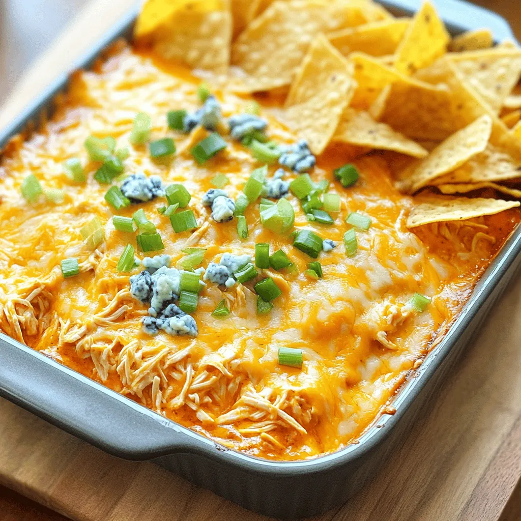To make Buffalo Chicken Dip, you need key ingredients that bring flavor and creaminess. Here is what you will need: - 2 cups shredded cooked chicken - 1 (8 oz) package cream cheese, softened - 1/2 cup sour cream - 1/2 cup Greek yogurt - 1/2 cup buffalo hot sauce (adjust to taste) - 1/2 cup shredded cheddar cheese - 1/2 cup crumbled blue cheese (or more cheddar if preferred) - 1/4 cup chopped green onions for garnish - Salt and pepper to taste These ingredients mix together to create a rich and tasty dip that everyone loves. You can add some fun twists to your dip. Here are some optional ingredients: - Diced celery for crunch - Cooked bacon bits for extra flavor - Jalapeños for heat - Creamy ranch dressing for a different taste Feel free to mix and match these options to suit your party's needs. If you run out of an ingredient, don’t worry! You can swap some items: - Use shredded rotisserie chicken instead of cooked chicken. - Replace Greek yogurt with more sour cream or plain yogurt. - Use pepper jack cheese for a spicy kick instead of cheddar. These substitutions keep your dip delicious while saving you a trip to the store. For the full recipe, check out the details above. Start by gathering your ingredients. You need cream cheese, sour cream, and Greek yogurt. Place the softened cream cheese in a large bowl. Add the sour cream and Greek yogurt. Mix them until they are smooth and creamy. This base gives the dip its rich texture. Now, it’s time to add flavor. Stir in the shredded chicken and buffalo hot sauce. Mix well until everything is combined. Taste the mixture and add salt and pepper if needed. Next, fold in half of the cheddar cheese and the blue cheese. This adds depth to the dip's flavor. Transfer the mixture to a baking dish. Spread it out evenly. Sprinkle the rest of the cheddar cheese on top. Preheat your oven to 350°F (175°C). Bake for about 20-25 minutes. Look for the dip to be bubbly and golden on top. Once done, take it out and let it cool for a few minutes. Garnish with chopped green onions. Serve it warm with tortilla chips, celery sticks, or crackers for dipping. Check out the Full Recipe to ensure you don’t miss any details! To get that smooth and creamy dip, start with softened cream cheese. It mixes better with the other ingredients. I recommend letting it sit at room temperature for about 30 minutes. Mixing the cream cheese, sour cream, and Greek yogurt until smooth is key. Use a hand mixer for best results. This helps you avoid lumps and gives a velvety feel. Buffalo chicken dip is all about the heat. You can adjust it based on your taste. Start with half a cup of buffalo hot sauce. If you need more heat, add more sauce a little at a time. If you want less spice, use less hot sauce. You can also add more sour cream or yogurt to tone it down. This lets everyone enjoy the dip, no matter their spice tolerance. To cook the dip evenly, spread it in a baking dish. Make sure it’s not too thick. This helps it heat through without burning. Keep an eye on it while baking. The dip is ready when it’s bubbly and golden on top, usually around 20-25 minutes. Let it cool for a few minutes before serving. This helps with the melting cheese and keeps it from being too hot to eat. For the full recipe, check out the Buffalo Chicken Dip section. {{image_2}} You can make buffalo chicken dip in a slow cooker. This method is easy and keeps the dip warm. Start by mixing all the ingredients in the slow cooker. Set it on low for 2-3 hours. Stir occasionally to keep it creamy. This way, you can enjoy the dip without worrying about it getting cold. Just serve it straight from the slow cooker! You can make this dip healthier without losing flavor. Try using Greek yogurt instead of sour cream. This swap adds protein and cuts calories. Use low-fat cream cheese to reduce fat content. You can also add more veggies like chopped spinach or bell peppers. These changes keep the dip tasty and nutritious. Feel free to adjust the amount of buffalo sauce to your liking. You can also use an Instant Pot to make this dip. It cooks quickly and keeps the dip smooth. Mix the ingredients in the pot, then set it to high pressure for just 10 minutes. Let the pressure release naturally. This method is great when you want a quick fix. The oven method gives a nice, bubbly top. Both methods work well, so choose what suits you best. For the full recipe, refer to the detailed cooking steps. To keep your buffalo chicken dip fresh, store it in an airtight container. Allow the dip to cool to room temperature first. Then, transfer it to the container and seal it tight. This helps keep moisture in and prevents it from drying out. Leftovers can last up to three days in the fridge. When you’re ready to enjoy the dip again, reheating it right is key. Place the leftover dip in an oven-safe dish. Preheat your oven to 350°F (175°C). Heat the dip for about 15-20 minutes or until it’s warm and bubbly. Stir it halfway through for even heating. If you prefer, you can also microwave it in short bursts, stirring in between. Just be careful, as microwaves can heat unevenly. If you have extra dip, you can freeze it for later. First, let the dip cool completely. Then, scoop it into a freezer-safe bag or container. Remove as much air as possible to prevent freezer burn. It can last up to three months in the freezer. When you’re ready to use it, thaw it overnight in the fridge. Reheat as mentioned before. Enjoy your buffalo chicken dip anytime! For the full recipe, check the section above. You can serve Buffalo Chicken Dip with many tasty options. Here are some ideas: - Tortilla chips - Celery sticks - Carrot sticks - Crackers - Pita bread - Veggie sticks These choices add crunch and freshness. They also balance the dip's creamy heat. You can mix and match to find your favorite! Yes, you can make Buffalo Chicken Dip ahead of time. This dip tastes even better if you let it sit. Prepare the dip and store it in the fridge. Cover it well to keep it fresh. When ready to serve, just bake it before your guests arrive. This way, you save time and stress on party day. Buffalo Chicken Dip lasts up to five days in the fridge. Store it in an airtight container to keep it fresh. Always check for any changes in smell or texture before eating. If you notice anything odd, it’s best to toss it out. Enjoy your dip while it's still tasty! For the full recipe, check out the section above. Buffalo chicken dip is a fun and tasty dish, perfect for parties. We explored its main and optional ingredients, plus substitutions. You learned step-by-step how to prepare, mix, bake, and serve this dip. Tips helped you achieve a creamy texture and adjust the spice. Variations like slow cooker and healthier options were also discussed. Lastly, we covered storage tips and FAQs for your convenience. Enjoy making and sharing this crowd-pleaser!