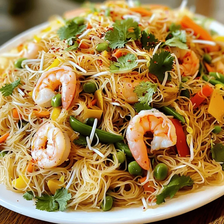 - Rice vermicelli noodles (mei fun) - Protein options (shrimp, chicken, or tofu) - Fresh vegetables (bean sprouts, carrots, bell peppers, and snap peas) To make Singapore Chow Mei Fun Noodles, you need a few key ingredients. First, the rice vermicelli noodles, or mei fun, serve as the dish's base. They soak up flavors well and add a delightful texture. Next, you can choose a protein. Shrimp is a popular choice, but chicken or tofu work too. Then, gather fresh vegetables. Bean sprouts, carrots, bell peppers, and snap peas bring both crunch and color. - Curry powder, soy sauce, sesame oil - Garlic and green onions Seasonings are what elevate this dish. You’ll need curry powder for a warm spice. Soy sauce adds saltiness and depth, while sesame oil gives a nutty flavor. Garlic adds a strong aroma, and green onions bring freshness. Together, they create a perfect harmony. - Fresh cilantro, chili flakes - Suggested sauces (sweet chili, hoisin) For extra flair, consider adding fresh cilantro as a garnish. It brightens the dish. If you like heat, sprinkle on chili flakes. You can also serve it with sweet chili or hoisin sauce on the side. These options allow you to customize each bite. For the full recipe, refer to the [Full Recipe]. Start by soaking the mei fun noodles. Place them in hot water for about 10 minutes. You want them soft, not mushy. Once they’re ready, drain and set them aside. Here’s a tip: Make sure to separate the noodles gently as you soak them. This helps avoid clumping later. The right texture is key for this dish, so don’t rush this step. Now it’s time to cook the shrimp. Heat 1 tablespoon of vegetable oil in your wok over medium-high heat. Add the shrimp and sauté until they turn pink. This takes about 2-3 minutes. Once done, remove them from the wok and set aside. Next, let’s cook the vegetables. Add another tablespoon of vegetable oil to the same wok. Toss in the minced garlic and sauté for around 30 seconds. You want it fragrant, but not burnt. Then, add the mixed vegetables and bean sprouts. Cook these for about 2-3 minutes. They should be tender but still crisp. Now comes the fun part! Add the soaked mei fun noodles back into the wok. Toss in the cooked shrimp too. Sprinkle curry powder, soy sauce, sesame oil, and sugar over the top. Mix everything gently but well. You want the noodles to be coated in that delicious flavor. Here’s a helpful tip: Use tongs or chopsticks to toss the noodles. This helps keep them intact while ensuring even seasoning. Taste your dish and adjust with salt, pepper, and chili flakes if you want more heat. Cook for another 1-2 minutes until everything is hot. Enjoy the vibrant colors and smells of your Singapore Chow Mei Fun Noodles! For the complete cooking steps, check out the Full Recipe. - Overcooking the shrimp: Shrimp cooks fast. Sauté just until pink. If you cook too long, they'll become tough. - Not soaking noodles properly: Soak mei fun in hot water for ten minutes. This makes them soft and easy to stir-fry. Don't skip this step. - How to balance seasoning: Start with the basics: soy sauce and curry powder. Taste as you go. Add a pinch of salt, and adjust to your liking. - Suggestions for a spicier dish: For heat, add chili flakes or chopped fresh chilies. You can mix them in while cooking for a warm kick. - Prepping ingredients in advance: Chop veggies and clean shrimp ahead of time. This makes cooking quick and simple. - Cooking in bulk for meal prep: Make a larger batch to save time. Store leftovers in the fridge for tasty meals later. Enjoy them within three days for the best taste. For the Full Recipe, refer to the detailed instructions to create this tasty dish. {{image_2}} You can easily make Singapore Chow Mei Fun noodles vegetarian or vegan. Start by replacing shrimp with tofu or tempeh. Tofu absorbs flavors well, giving your dish a nice taste. Tempeh adds a nutty flavor and chewy texture. Both options work great. Adding more vegetables is another way to enhance your dish. You can use bell peppers, zucchini, or broccoli. Get creative with seasonal veggies for fresh flavors. This not only boosts nutrition but also makes your meal colorful. Singaporean Chow Mei Fun noodles differ from other Asian noodle dishes. Singaporean versions often have curry powder, giving them a unique taste. Other Asian noodle dishes may focus on soy sauce or sesame oil instead. This difference in flavor sets Singaporean noodles apart. To add a personal touch, you can use local ingredients. For example, add fresh herbs from your garden or spices from a local market. This gives your dish a unique twist and connects you to your community. When serving Singapore Chow Mei Fun noodles, consider pairing them with sides. Spring rolls or dumplings work well as tasty additions. You can also serve them with chili sauce or soy sauce for extra flavor. For drink pairings, I suggest iced tea or a light beer. Both drinks complement the dish without overpowering its flavors. Enjoying your meal with the right drink can elevate the whole experience. To keep your Singapore Chow Mei Fun Noodles fresh, follow these tips: - Refrigerating Leftovers: Allow the noodles to cool first. Place them in an airtight container. They stay fresh for up to three days. - Freezing Noodles: You can freeze leftovers, but they may lose some texture. Use a freezer-safe bag and remove as much air as possible. They can last up to one month. Reheating is easy if you follow these steps: - Best Methods: Use a wok or skillet over low heat. Add a splash of water or oil to keep them moist. Stir often to heat evenly. - Common Mistakes: Avoid using a microwave. It can make the noodles rubbery. Also, don’t overheat them. This can dry them out. Knowing how long your dish lasts is key: - Leftovers Storage: Properly stored leftovers can last for three days in the fridge and one month in the freezer. - Signs of Spoilage: Check for off smells, slimy texture, or discoloration. If you see any of these, throw them away. For a complete cooking guide, check the Full Recipe. Singapore Chow Mei Fun Noodles is a popular dish from Singapore. It features thin rice noodles called mei fun, shrimp, and fresh veggies. The dish gets its bold flavor from curry powder, soy sauce, and garlic. This dish is quick, easy, and full of taste. You will enjoy the mix of savory and spicy flavors that make it unique. Yes, you can use other noodles. Some good substitutes are rice noodles or even egg noodles. However, using different noodles may change the texture. Mei fun is thin and soft, while other noodles can be thicker or chewier. This might affect how the sauce sticks to the noodles. You can find this dish in many Asian restaurants. Look for places that focus on Singaporean or Malaysian food. A good tip is to ask for chef specials. They often prepare authentic versions of this dish that highlight its true flavors. Yes, you can make Singapore Chow Mei Fun Noodles ahead of time. It works well for meal prep. To do this, cook the dish and let it cool. Store it in an airtight container in the fridge. When ready to eat, just reheat in a pan or microwave. Make sure to add a splash of water to keep it moist. For a detailed cooking guide, check out the Full Recipe for Spicy Singapore Chow Mei Fun Noodles. This resource will help you create this dish step by step, making it simple and fun! In this post, we explored how to make Singapore Chow Mei Fun Noodles. We covered key ingredients like rice vermicelli, protein options, and fresh veggies. You learned about cooking tips, common mistakes, and how to enhance flavor. To wrap it up, this dish is versatile and can be tailored to your taste. Experiment with different proteins, veggies, and sauces. Enjoy creating your own spin on this tasty meal!