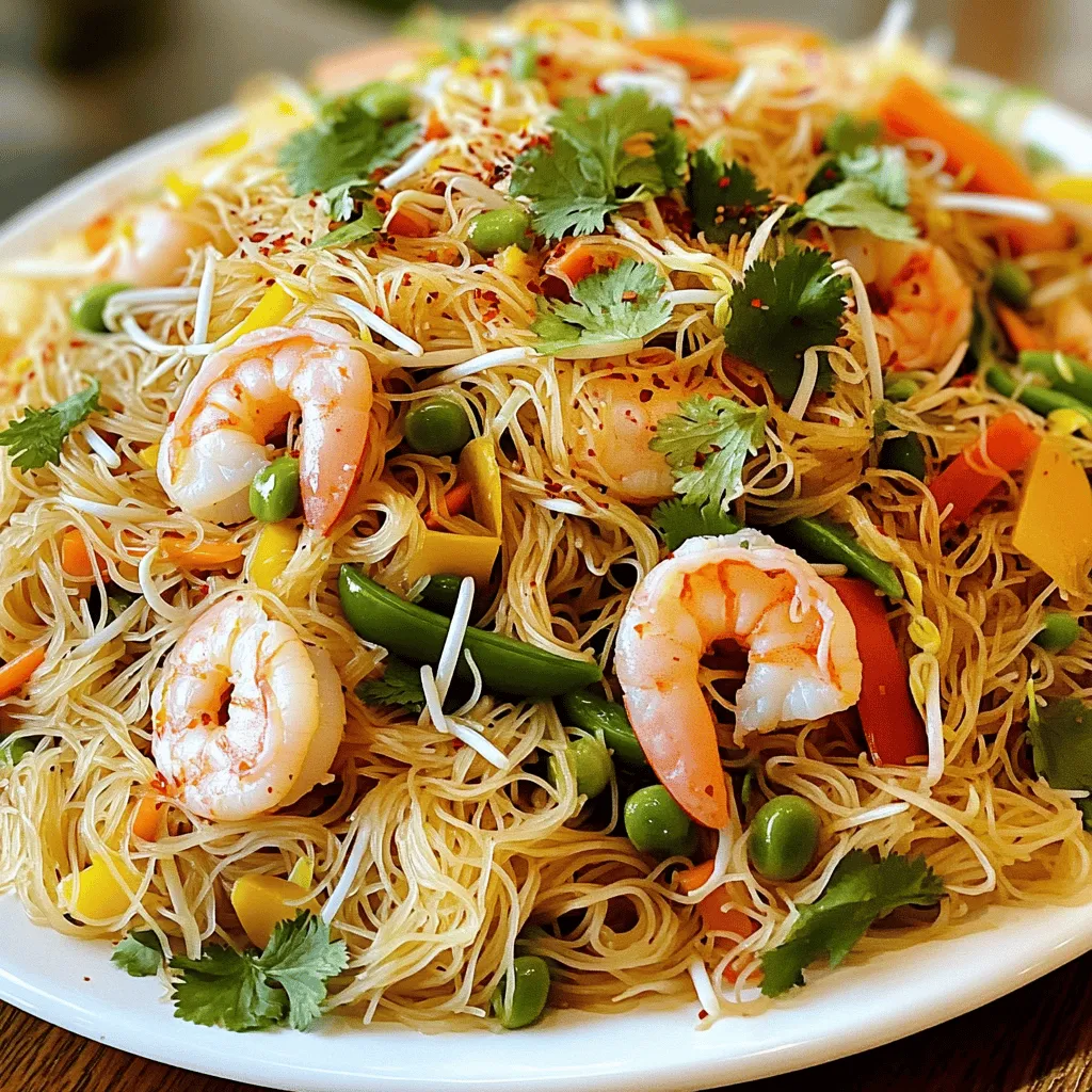 - Rice vermicelli noodles (mei fun) - Protein options (shrimp, chicken, or tofu) - Fresh vegetables (bean sprouts, carrots, bell peppers, and snap peas) To make Singapore Chow Mei Fun Noodles, you need a few key ingredients. First, the rice vermicelli noodles, or mei fun, serve as the dish's base. They soak up flavors well and add a delightful texture. Next, you can choose a protein. Shrimp is a popular choice, but chicken or tofu work too. Then, gather fresh vegetables. Bean sprouts, carrots, bell peppers, and snap peas bring both crunch and color. - Curry powder, soy sauce, sesame oil - Garlic and green onions Seasonings are what elevate this dish. You’ll need curry powder for a warm spice. Soy sauce adds saltiness and depth, while sesame oil gives a nutty flavor. Garlic adds a strong aroma, and green onions bring freshness. Together, they create a perfect harmony. - Fresh cilantro, chili flakes - Suggested sauces (sweet chili, hoisin) For extra flair, consider adding fresh cilantro as a garnish. It brightens the dish. If you like heat, sprinkle on chili flakes. You can also serve it with sweet chili or hoisin sauce on the side. These options allow you to customize each bite. For the full recipe, refer to the [Full Recipe]. Start by soaking the mei fun noodles. Place them in hot water for about 10 minutes. You want them soft, not mushy. Once they’re ready, drain and set them aside. Here’s a tip: Make sure to separate the noodles gently as you soak them. This helps avoid clumping later. The right texture is key for this dish, so don’t rush this step. Now it’s time to cook the shrimp. Heat 1 tablespoon of vegetable oil in your wok over medium-high heat. Add the shrimp and sauté until they turn pink. This takes about 2-3 minutes. Once done, remove them from the wok and set aside. Next, let’s cook the vegetables. Add another tablespoon of vegetable oil to the same wok. Toss in the minced garlic and sauté for around 30 seconds. You want it fragrant, but not burnt. Then, add the mixed vegetables and bean sprouts. Cook these for about 2-3 minutes. They should be tender but still crisp. Now comes the fun part! Add the soaked mei fun noodles back into the wok. Toss in the cooked shrimp too. Sprinkle curry powder, soy sauce, sesame oil, and sugar over the top. Mix everything gently but well. You want the noodles to be coated in that delicious flavor. Here’s a helpful tip: Use tongs or chopsticks to toss the noodles. This helps keep them intact while ensuring even seasoning. Taste your dish and adjust with salt, pepper, and chili flakes if you want more heat. Cook for another 1-2 minutes until everything is hot. Enjoy the vibrant colors and smells of your Singapore Chow Mei Fun Noodles! For the complete cooking steps, check out the Full Recipe. - Overcooking the shrimp: Shrimp cooks fast. Sauté just until pink. If you cook too long, they'll become tough. - Not soaking noodles properly: Soak mei fun in hot water for ten minutes. This makes them soft and easy to stir-fry. Don't skip this step. - How to balance seasoning: Start with the basics: soy sauce and curry powder. Taste as you go. Add a pinch of salt, and adjust to your liking. - Suggestions for a spicier dish: For heat, add chili flakes or chopped fresh chilies. You can mix them in while cooking for a warm kick. - Prepping ingredients in advance: Chop veggies and clean shrimp ahead of time. This makes cooking quick and simple. - Cooking in bulk for meal prep: Make a larger batch to save time. Store leftovers in the fridge for tasty meals later. Enjoy them within three days for the best taste. For the Full Recipe, refer to the detailed instructions to create this tasty dish. {{image_2}} You can easily make Singapore Chow Mei Fun noodles vegetarian or vegan. Start by replacing shrimp with tofu or tempeh. Tofu absorbs flavors well, giving your dish a nice taste. Tempeh adds a nutty flavor and chewy texture. Both options work great. Adding more vegetables is another way to enhance your dish. You can use bell peppers, zucchini, or broccoli. Get creative with seasonal veggies for fresh flavors. This not only boosts nutrition but also makes your meal colorful. Singaporean Chow Mei Fun noodles differ from other Asian noodle dishes. Singaporean versions often have curry powder, giving them a unique taste. Other Asian noodle dishes may focus on soy sauce or sesame oil instead. This difference in flavor sets Singaporean noodles apart. To add a personal touch, you can use local ingredients. For example, add fresh herbs from your garden or spices from a local market. This gives your dish a unique twist and connects you to your community. When serving Singapore Chow Mei Fun noodles, consider pairing them with sides. Spring rolls or dumplings work well as tasty additions. You can also serve them with chili sauce or soy sauce for extra flavor. For drink pairings, I suggest iced tea or a light beer. Both drinks complement the dish without overpowering its flavors. Enjoying your meal with the right drink can elevate the whole experience. To keep your Singapore Chow Mei Fun Noodles fresh, follow these tips: - Refrigerating Leftovers: Allow the noodles to cool first. Place them in an airtight container. They stay fresh for up to three days. - Freezing Noodles: You can freeze leftovers, but they may lose some texture. Use a freezer-safe bag and remove as much air as possible. They can last up to one month. Reheating is easy if you follow these steps: - Best Methods: Use a wok or skillet over low heat. Add a splash of water or oil to keep them moist. Stir often to heat evenly. - Common Mistakes: Avoid using a microwave. It can make the noodles rubbery. Also, don’t overheat them. This can dry them out. Knowing how long your dish lasts is key: - Leftovers Storage: Properly stored leftovers can last for three days in the fridge and one month in the freezer. - Signs of Spoilage: Check for off smells, slimy texture, or discoloration. If you see any of these, throw them away. For a complete cooking guide, check the Full Recipe. Singapore Chow Mei Fun Noodles is a popular dish from Singapore. It features thin rice noodles called mei fun, shrimp, and fresh veggies. The dish gets its bold flavor from curry powder, soy sauce, and garlic. This dish is quick, easy, and full of taste. You will enjoy the mix of savory and spicy flavors that make it unique. Yes, you can use other noodles. Some good substitutes are rice noodles or even egg noodles. However, using different noodles may change the texture. Mei fun is thin and soft, while other noodles can be thicker or chewier. This might affect how the sauce sticks to the noodles. You can find this dish in many Asian restaurants. Look for places that focus on Singaporean or Malaysian food. A good tip is to ask for chef specials. They often prepare authentic versions of this dish that highlight its true flavors. Yes, you can make Singapore Chow Mei Fun Noodles ahead of time. It works well for meal prep. To do this, cook the dish and let it cool. Store it in an airtight container in the fridge. When ready to eat, just reheat in a pan or microwave. Make sure to add a splash of water to keep it moist. For a detailed cooking guide, check out the Full Recipe for Spicy Singapore Chow Mei Fun Noodles. This resource will help you create this dish step by step, making it simple and fun! In this post, we explored how to make Singapore Chow Mei Fun Noodles. We covered key ingredients like rice vermicelli, protein options, and fresh veggies. You learned about cooking tips, common mistakes, and how to enhance flavor. To wrap it up, this dish is versatile and can be tailored to your taste. Experiment with different proteins, veggies, and sauces. Enjoy creating your own spin on this tasty meal!