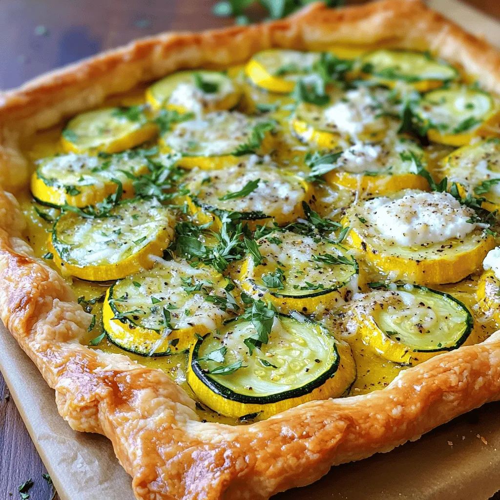 - 1 pre-made pie crust (or homemade) - 3 medium zucchinis, thinly sliced - 1 cup ricotta cheese - 1 cup shredded mozzarella cheese - ¼ cup grated Parmesan cheese - 2 cloves garlic, minced - 1 tablespoon fresh basil, chopped - 1 tablespoon fresh oregano, chopped - 2 eggs - Salt and pepper to taste - 1 tablespoon olive oil - 1 teaspoon lemon zest When it comes to the Italian zucchini tart, each ingredient plays a key role. The zucchinis bring a fresh taste. Ricotta gives a creamy texture. Mozzarella adds stretchiness, and Parmesan offers a salty kick. Garlic gives a lovely aroma, while herbs like basil and oregano brighten the dish. - If you want, you can swap zucchinis for other veggies. Eggplant or bell peppers work well. - You can use cottage cheese instead of ricotta for a lighter option. - If you prefer a gluten-free meal, try a gluten-free crust. You can also use a phyllo dough for a flaky texture. A serving of this tart has around 250 calories. It has about 15 grams of fat and 10 grams of protein. The zucchini adds fiber, while the cheeses provide calcium. This dish is not just tasty, but also good for you! - Preheat the oven to 375°F (190°C). - If you use a homemade pie crust, roll it out. Fit it into a tart pan. Trim any extra crust and prick the bottom with a fork. Bake for 10 minutes until it turns lightly golden. Let it cool. - In a large bowl, mix the ricotta cheese, shredded mozzarella, and grated Parmesan. - Add minced garlic, chopped basil, chopped oregano, eggs, and lemon zest. - Season with salt and pepper. Stir well until all is combined. - Heat olive oil in a skillet over medium heat. Add the thin zucchini slices. Sauté for about 5 minutes until slightly soft. Season with salt and pepper as needed. - Spread the sautéed zucchini evenly over the cooled tart crust. Pour the cheese mixture over the zucchini. Smooth it out with a spatula. - Bake the tart for 30-35 minutes. The cheese should be set and the top golden brown. - Remove from the oven and let it cool for a few minutes before slicing. Try this Full Recipe for a delicious Italian Zucchini Tart that everyone will love! - Overcooking zucchini: Zucchini cooks fast. Sauté it just until soft, about five minutes. If you cook it longer, it may become mushy. That can ruin the tart's texture. - Not cooling the crust: If you skip cooling the crust after baking, the filling may become soggy. Let it cool for about ten minutes. This step is key for a great tart. - Garnishing suggestions: Top your tart with fresh herbs like basil or oregano. A drizzle of olive oil adds shine and flavor. You could also sprinkle some extra Parmesan on top for a nice touch. - Serving temperature recommendations: Serve the tart warm or at room temperature. Both options taste great. If you serve it warm, the cheese will be melty. At room temperature, the flavors blend nicely. - Tart pan specifics: A 9-inch tart pan works best. It should have a removable bottom. This makes it easy to take the tart out without breaking it. - Recommended utensils and appliances: You’ll need a sharp knife for slicing zucchinis and a mixing bowl for the filling. A skillet is essential for sautéing. Don’t forget a spatula for smooth mixing. For the full recipe, check the earlier section. {{image_2}} You can easily make this Italian Zucchini Tart even better by adding proteins. Try cooked chicken or sausage for a heartier dish. Just slice the meat and mix it with the cheese blend. This gives each bite a nice boost. You can also mix in other vegetables. Bell peppers, spinach, or mushrooms add great flavor. Just make sure to sauté them with the zucchini to soften them up. This way, they blend well into the tart. To spice things up, consider adding red pepper flakes or cayenne. These spices give the tart a fun kick. Just a little will go a long way. Herbs can change the whole taste too. If you prefer, swap basil and oregano with thyme or rosemary. Each herb brings its own unique flavor to the dish. Experiment to find your favorite mix! If you need a gluten-free option, use a gluten-free pie crust. Many stores carry these now. You can also make your own using almond flour or oats. For a vegan version, replace the cheeses with plant-based alternatives. Use silken tofu blended with nutritional yeast for a creamy texture. You can skip the eggs too; use flaxseed meal mixed with water instead. This keeps the tart tasty for everyone! Check out the Full Recipe for all the details you need! To keep your Italian Zucchini Tart fresh, let it cool to room temperature. Wrap the tart tightly in plastic wrap or aluminum foil. This helps keep moisture in and prevents the tart from drying out. Use an airtight container to store it in the fridge. This method helps it last for up to three days. When you are ready to enjoy leftovers, you have two good options: the oven or the microwave. If you choose the oven, preheat it to 350°F (175°C). Place the tart on a baking sheet to warm it evenly. Bake for about 15-20 minutes. This keeps the crust nice and crisp. If you use the microwave, place a damp paper towel over the tart. Heat it on medium power for 1-2 minutes. This method is quick but may soften the crust. If you want to save some for later, freezing is a great choice. Start by cooling the tart completely. Wrap it tightly in plastic wrap, then cover it with aluminum foil. This double wrap helps prevent freezer burn. You can freeze the tart for up to three months. When you’re ready to eat it, move it to the fridge to thaw overnight. Reheat it in the oven as mentioned earlier for the best texture. You can serve many sides with Italian Zucchini Tart. Here are some great pairings: - A fresh side salad with mixed greens and lemon vinaigrette - Roasted cherry tomatoes for a burst of flavor - Grilled asparagus with a sprinkle of Parmesan - A light soup like tomato basil for a warm touch These sides complement the tart's cheesy, rich taste well. Italian Zucchini Tart lasts about 3 to 4 days in the fridge. To keep it fresh: - Store it in an airtight container. - Let it cool completely before covering. This helps maintain its taste and texture. If you notice any changes in smell or appearance, best to toss it. Yes, you can make Italian Zucchini Tart ahead of time! Here’s how: - Prepare the tart and bake it as usual. - Let it cool, then cover it and place it in the fridge. - Reheat it in the oven before serving. Making it ahead saves time and still tastes great! Use the full recipe to guide your prep. In this blog post, we explored the delicious Italian Zucchini Tart. We looked at the key ingredients, tips for mixing and baking, and ways to avoid common mistakes. I shared variations to fit different diets and tastes. Finally, we covered storage and reheating methods to keep your tart fresh. Making this dish is simple and rewarding. It’s a delightful way to enjoy flavors and nutrients. I hope you try it soon!