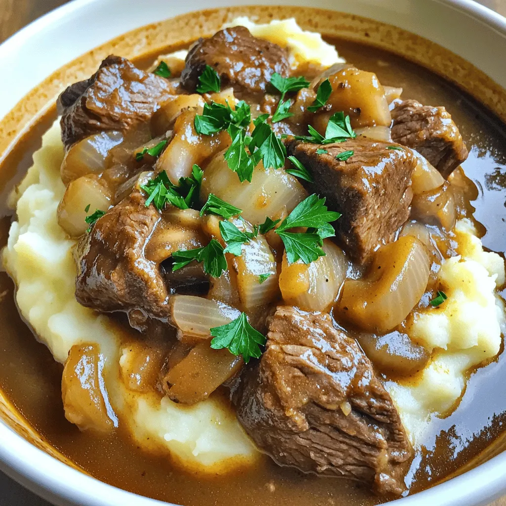 To make delicious Crock Pot Beef Tips and Gravy, you need a few key ingredients: - Beef sirloin: 2 pounds, cut into 1-inch cubes - Olive oil: 1 tablespoon for searing - Onion: 1 large, finely chopped - Garlic: 3 cloves, minced - Beef broth: 2 cups for a rich flavor - Mushrooms: 1 cup, sliced (optional, but adds depth) - Worcestershire sauce: 2 tablespoons for umami - Dried thyme: 1 teaspoon for herb flavor - Paprika: 1 teaspoon for a hint of spice - Black pepper: 1 teaspoon to enhance taste - Salt: 1 teaspoon for seasoning - Cornstarch: 2 tablespoons mixed with 2 tablespoons cold water (for thickening) - Fresh parsley: chopped, for garnish These ingredients work together to create a comforting dish. Each one plays a role in building flavor and texture. You can also add mushrooms for extra richness. Serve this dish over mashed potatoes or rice, and don’t forget to garnish with parsley. It adds a nice touch. For the full recipe, check out the complete instructions in the section above. Searing the beef for flavor First, heat olive oil in a large skillet. Add 2 pounds of beef sirloin cut into 1-inch cubes. Sear the beef for about 5-7 minutes, turning to brown all sides. This step adds deep flavor to your beef tips. Once the beef is browned, transfer it to the slow cooker. Adding vegetables to the slow cooker Next, in the same skillet, add 1 large chopped onion and 3 minced garlic cloves. Sauté until the onion is soft and clear, which takes about 3-4 minutes. This step adds sweetness and depth. Then, pour this mixture into the slow cooker with the beef. Combining ingredients in the slow cooker Pour 2 cups of beef broth over the beef and onion mix. Add 1 cup of sliced mushrooms if you like. Then, stir in 2 tablespoons of Worcestershire sauce, 1 teaspoon of dried thyme, 1 teaspoon of paprika, and 1 teaspoon each of black pepper and salt. Mix well to ensure every piece is coated. Adjusting cooking time and settings Cover the slow cooker and set it to cook. You can choose low for 6-8 hours or high for 3-4 hours. The beef should be tender when done. This slow cooking helps all flavors blend beautifully. Creating a cornstarch slurry Once the beef is cooked, it’s time to thicken the gravy. In a small bowl, mix 2 tablespoons of cornstarch with 2 tablespoons of cold water. Stir until smooth; this is your slurry. Final cooking for perfect consistency Add the slurry to the slow cooker and stir it into the beef mix. Cook on high for another 15-30 minutes. This will give you that rich, thick gravy we all love, making the dish perfect for serving. For the full recipe, check the link. Enjoy your delicious meal! When picking beef, choose sirloin for the best taste and tenderness. Look for bright red meat with a bit of marbling. This marbling adds flavor and keeps the beef juicy during cooking. To enhance flavor profiles, sear the beef first. This adds a deep, rich taste that blends well with the gravy. Don’t skip the garlic and onion; they bring a sweet and savory base. Adding Worcestershire sauce also boosts the umami flavor, making each bite delightful. One common mistake is not browning the beef. If you skip this step, your dish may lack depth. Also, don’t overload the slow cooker. This can lead to uneven cooking. Stick to the ingredient amounts in the Full Recipe for the best results. If your gravy is too thin, mix cornstarch with cold water to create a slurry. Stir this into the slow cooker. Cook on high for 15-30 minutes to thicken it up. If the beef isn’t tender, it may need more time. Always check the texture before serving. Serve your beef tips over mashed potatoes or rice. This helps soak up the tasty gravy. You can also add steamed vegetables for color and nutrition. For a lovely touch, sprinkle fresh parsley on top for presentation. For a cozy meal, pair it with crusty bread on the side. This allows you to scoop up every last bit of gravy. Enjoy your delicious dinner! {{image_2}} You can switch the beef for other meats. Chicken or pork works well. Just adjust the cooking time. You can also use plant-based options. Tofu or tempeh can add protein and flavor. For vegetables, feel free to get creative. Carrots, bell peppers, and green beans are great choices. You can add them in the last hour of cooking for a fresh taste. Potatoes can also be cooked with the beef. They absorb the gravy and become soft and tasty. Seasonings can change the whole dish. If you want something spicy, add cayenne pepper or chili powder. For a sweeter touch, use a bit of brown sugar. You can also try herbs like rosemary or basil for a fresh flavor. If you want a taste from another culture, consider adding soy sauce for Asian flair. Or, use taco seasoning for a fun twist. Each change can take you to a new culinary adventure. You can also make this dish on the stovetop. Just sear the beef in a pot, then add the other ingredients. Simmer on low heat for about two hours. This method gives you the same rich flavors in less time. For those with an Instant Pot, it’s simple too. Sear the beef first, then add all the ingredients. Cook on high pressure for about 30 minutes. This way, you get tender beef and thick gravy fast. For the full recipe, check the details above. Enjoy making your own variations! To store your leftover beef tips and gravy, let them cool first. This step keeps the food safe. Once cool, put them in airtight containers. Glass or plastic containers work well. Make sure to seal them tightly. This keeps out air and moisture. For freezing, use freezer-safe containers. These help keep the beef tips fresh. You can also use heavy-duty freezer bags. Squeeze out the air before sealing. To thaw, place the container in the fridge overnight. Reheat gently on the stove or in the microwave. Stir well to ensure even heating. In the fridge, your beef tips last about 3 to 4 days. If you freeze them, they can stay good for up to 3 months. Always check for signs of spoilage. If you see any mold or strange smells, toss it out. Keeping food safe is key to enjoying your meals. Yes, you can make this dish without mushrooms. If you want a similar taste, use chopped bell peppers or zucchini. Both add great flavor and texture. You could also skip the mushrooms entirely and increase the onion. This will give you a nice base for the gravy. If your gravy isn't thickening, don't worry! Here are a few quick tips: - Mix more cornstarch with water and add it to the slow cooker. - Let it cook longer on high, which can help it thicken. - Try mashing some of the beef or vegetables to add body to the gravy. - If all else fails, you can simmer it on the stove until it thickens. To serve fewer people, simply cut the ingredients in half. Use 1 pound of beef and reduce the broth and seasonings accordingly. You can also adjust cooking time slightly. Check for doneness around the same time as the full recipe, but be sure to taste for tenderness. This way, you still enjoy all the flavors without wasting food. For the full recipe, refer to the section above. In this blog post, we covered how to make delicious beef tips from start to finish. We discussed choosing the best ingredients, cooking steps, and tips for a great dish. Remember to avoid common mistakes and explore different variations for unique flavors. Storing leftovers properly keeps them fresh for future meals. Keep this guide handy as you create your tasty beef tips. Cooking can be simple and fun, and experimenting can lead to great new favorites! Enjoy every bite you create!