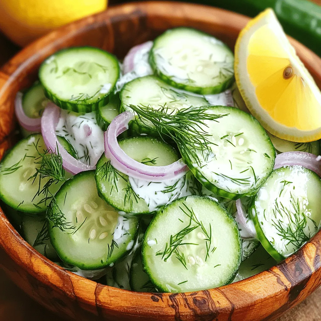 To make a tasty cucumber dill salad, you need fresh and simple ingredients. Here’s what you’ll need: - 2 large cucumbers, thinly sliced - 1 cup Greek yogurt - 2 tablespoons fresh dill, finely chopped - 1 tablespoon lemon juice - 1 teaspoon garlic powder - Salt and pepper to taste - 1 tablespoon olive oil - ½ red onion, thinly sliced - 1 tablespoon honey (optional) These ingredients create a bright and creamy salad. The cucumbers add crunch, while the yogurt brings creaminess. Fresh dill gives a strong flavor that pairs well with lemon. A touch of garlic powder adds depth. You can adjust the salt and pepper to your taste. Use fresh cucumbers for the best flavor. Look for firm ones without soft spots. The red onion gives a nice bite and color. Honey is optional but adds a bit of sweetness. When you gather these ingredients, you’re ready for a refreshing dish. Follow the Full Recipe for a delightful experience. To make this cucumber dill salad, follow these simple steps. - Wash and slice cucumbers: Start by washing two large cucumbers. Use a mandolin or sharp knife to slice them thinly. Place the slices in a big bowl. This helps keep the salad fresh and crunchy. - Prepare the yogurt-dill dressing: In a separate bowl, mix one cup of Greek yogurt, two tablespoons of finely chopped dill, one tablespoon of lemon juice, one teaspoon of garlic powder, and one tablespoon of olive oil. Whisk until it is smooth and creamy. This dressing is key to adding flavor. - Combine cucumbers and dressing: Add the cucumber slices to the yogurt-dill dressing. Toss gently so every slice gets coated. This ensures that every bite is delicious. - Add red onion and mix: Thinly slice half a red onion and fold it into the salad. This adds a nice crunch and extra flavor. - Chill and serve: Cover the bowl and let the salad chill in the fridge for at least thirty minutes. Chilling helps the flavors blend well. Serve it cold and enjoy! For the full recipe, check out the Refreshing Cucumber Dill Delight. Choosing the right cucumbers I love to use English cucumbers for this salad. They are long and have thin skin. Their seeds are small, which makes them less watery. You can also use Persian cucumbers for a crunchier bite. Always pick firm cucumbers with bright skin. Adjusting seasoning for personal taste Seasoning is key to a great salad. Start with salt and pepper. You can add more lemon juice for zing. If you like it sweeter, try a bit of honey. Taste as you mix and adjust to what you like best. Enhancing flavor with fresh herbs Dill is the star of this dish, but you can mix in other herbs too. Fresh mint adds a cool twist. Chives can give a mild onion taste. Just be sure to chop them finely for the best flavor. Serving suggestions and garnishes For a beautiful presentation, serve the salad in a rustic wooden bowl. Top it with extra dill sprigs and a lemon wedge. This adds color and makes it look fresh. Ideal serving dishes Use shallow bowls or plates for this salad. It allows everyone to see the layers of cucumber and dressing. A clear glass bowl also works well, showing off the bright colors. Tips for adding color and appeal Consider adding sliced tomatoes or bell peppers. They bring extra color and flavor. You can also sprinkle some sesame seeds or nuts on top for a nice crunch. {{image_2}} You can switch things up in your cucumber dill salad. Try using sour cream instead of Greek yogurt. This change gives the salad a richer taste. If you like fresh flavors, add other herbs. Mint or parsley works well with dill. These herbs add a nice twist. You can also include more veggies. Thinly sliced bell peppers or radishes add crunch. They can make your salad even more colorful. Carrots can add sweetness too. Each new ingredient can change the taste and texture. You can make a vegan version of this salad. Replace Greek yogurt with a plant-based yogurt. This keeps it creamy without dairy. You can also use cashew cream for a rich flavor. For gluten-free options, check your yogurt and any added ingredients. Most Greek yogurt is gluten-free. Just ensure you use gluten-free items. If you're looking to lower calories, cut back on olive oil. You can use less yogurt too. Adding more cucumbers can keep the salad filling. This way, you still enjoy a tasty dish without the extra calories. For the complete recipe, don't forget to check out the Full Recipe. To keep your cucumber dill salad fresh, store any leftovers in the fridge. Place the salad in an airtight container. This helps keep the flavors and prevents odors from mixing. - Recommended container types: Use glass or plastic containers with tight lids. These work best to seal in freshness. - Duration for freshness: The salad stays good for up to three days. After that, the cucumbers may become soggy and lose their crunch. You don’t need to reheat cucumber dill salad. It is best enjoyed cold. When you take it out of the fridge, give it a gentle stir. - Best practices for enjoying leftovers: Serve it in a chilled bowl. This helps keep it fresh and tasty. - Considerations for texture and flavor: The longer it sits, the more the flavors blend. But be cautious, as the cucumbers may lose their crispness over time. Enjoy your refreshing cucumber dill salad! How long can I refrigerate cucumber dill salad? You can refrigerate cucumber dill salad for up to three days. The flavors blend well over time. However, the cucumbers may become a bit softer. Can I make this salad in advance? Yes, you can make the salad a day ahead. This will give the flavors time to mix. Just remember to keep it in the fridge until you are ready to serve. What can I serve with cucumber dill salad? Cucumber dill salad pairs well with grilled chicken, fish, or sandwiches. It adds a fresh touch to any meal. You can also enjoy it as a light snack on its own. What can I substitute for Greek yogurt? If you don’t have Greek yogurt, use sour cream. It has a similar creamy texture. You can also use plain yogurt for a lighter option. Can I use dried dill instead of fresh? Yes, you can use dried dill. Use one teaspoon of dried dill for every tablespoon of fresh. The flavor is less strong, so taste and adjust as needed. How to make it spicier? Add a pinch of red pepper flakes or a dash of hot sauce. You can also mix in chopped jalapeños for a fresh kick. Adjust to your spice level for the perfect heat. For the full recipe, check out the Refreshing Cucumber Dill Delight! This cucumber dill salad is easy to make and tasty. You start with fresh cucumbers and a creamy dressing made from Greek yogurt and dill. The recipe includes simple steps and helpful tips to boost flavor. You can adjust ingredients for your taste and even make it vegan or gluten-free. In the end, this salad is refreshing and versatile. It can fit any meal or occasion. Enjoy trying new ideas and personal touches. You’ll love sharing this dish with family and friends. It’s a great way to enjoy fresh flavors!