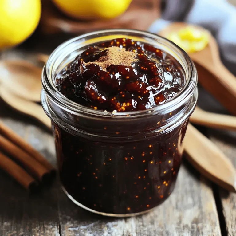 To make fig jam, start with fresh figs. You need 2 pounds of ripe figs. Remove the stems and cut the figs into quarters. The figs should be sweet and fragrant. If they are not fresh, the jam will not taste good. Wash them gently under cool water. Then, pat them dry with a clean towel. Fresh figs bring a natural sweetness to the jam. Next, you need sugar. Use 1 cup of granulated sugar. Sugar helps the jam set and adds sweetness. It balances the figs' flavor perfectly. You can adjust the sugar based on your taste. If you prefer a less sweet jam, use less sugar. However, don't go too low, or the jam may not set well. To enhance the jam, add some flavor. You will need 1/4 cup of fresh lemon juice. This adds brightness and acidity. Next, include 1 teaspoon of vanilla extract for warmth. For a hint of spice, add 1/2 teaspoon of ground cinnamon. Lastly, use a pinch of salt to balance the flavors. These ingredients make your fig jam more complex and tasty. For the full recipe, check out the section above. Start by washing the figs gently. Remove the stems and cut the figs into quarters. This helps them cook evenly. You want to use fresh, ripe figs for the best flavor. Let the figs sit with sugar for 30 minutes. This allows them to release their natural juices, making your jam sweeter. In a large saucepan, mix the quartered figs and sugar. After 30 minutes, add lemon juice, vanilla, cinnamon, and salt. Stir this mixture well. Place the saucepan over medium heat and bring it to a gentle boil. Stir this often to stop it from sticking. Once it boils, lower the heat and let it simmer for 30 to 40 minutes. Stir occasionally, watching for the mixture to thicken. To check if your jam is ready, drop a spoonful onto a cold plate. Let it sit for a moment. If it holds its shape, it’s done! If it’s too runny, cook it for another 5 to 10 minutes. Once thick enough, remove it from the heat and let it cool a bit. Now, transfer the hot fig jam into sterilized jars while it’s still warm. Seal the jars tightly and let them cool completely at room temperature before putting them in the fridge. For the full recipe, check the main article. To keep your fig jam fresh, you need clean jars. Start by washing jars and lids in hot, soapy water. Rinse them well. Next, place them in a large pot of water. Bring the water to a boil. Let the jars boil for 10 minutes. Remove them carefully and let them air dry. This process kills germs and helps your jam last longer. Getting the right thickness for your jam is key. Stir the mixture often while it cooks. Check the jam by dropping a spoonful on a cold plate. If it holds its shape, you're good to go. If it’s too runny, keep cooking for a few more minutes. Patience is important here; the longer you cook, the thicker it gets. One mistake is not using enough sugar. Sugar helps with flavor and preservation. Another issue is not stirring enough. This can cause burning, which ruins the flavor. Lastly, avoid overcooking the jam. It can turn too thick and lose its fresh taste. Follow the steps in the Full Recipe for best results. Enjoy your homemade fig jam! {{image_2}} You can easily mix other fruits into your fig jam. Strawberries add a nice zip. Peaches bring a sweet touch. Raspberries lend a tart flavor. To do this, simply chop the fruit and add it to your fig mixture. Use equal amounts of fruit for balanced taste. This way, you create a fun twist on the classic recipe. Get creative by adding different flavors to your fig jam. You might try herbs like thyme or rosemary. They add a fresh taste that pairs well with figs. Spices like ginger or cardamom can also enhance the jam's depth. To infuse these flavors, add them during cooking. Just remember to strain them out before jarring. If you want a healthier jam, try using sugar alternatives. Honey or maple syrup can replace granulated sugar. Both add a natural sweetness and unique taste. You can also use agave nectar as a low-glycemic option. Just adjust the amount based on your taste preference. This keeps the jam delicious while lowering sugar content. To store your homemade fig jam well, jar sealing is key. First, use clean, sterilized jars. Fill each jar while the jam is still hot. Leave about a quarter-inch of space at the top. Wipe any jam from the rim. This step keeps the seal tight. Next, place the lid on and screw it down firmly. If you hear a pop, it means the jar sealed well. Store your sealed jars in a cool, dark place. A pantry or cupboard works well. Avoid direct sunlight, as it can affect flavor. Once you open a jar, keep it in the fridge. Use it within a few weeks for the best taste. If you want to keep it longer, consider freezing it. Just leave some space in the jar for expansion. Homemade fig jam can last for about a year when sealed properly. If you store it in the fridge after opening, it stays good for 2 to 3 weeks. Always check for signs of spoilage, like mold or off smells. If you see any, discard the jam. For the best flavor and quality, enjoy your fig jam within a few months. For the full recipe, refer to the recipe section above. Homemade fig jam can last up to one year if stored correctly. Store it in a cool, dark place. Once opened, keep it in the fridge for about three weeks. Yes, you can use dried figs, but the taste and texture will change. Soak dried figs in warm water for about 30 minutes. This helps them soften and release their natural sugars. Fig jam is very versatile. You can use it on toast, in yogurt, or with cheese. It also makes a great topping for pancakes, waffles, or ice cream. Yes, you can can fig jam for longer storage. Follow proper canning methods. Make sure to sterilize your jars and lids. This way, you can enjoy your jam for many months. In this article, we covered how to make homemade fig jam. We looked at fresh figs and what you need. The step-by-step guide showed you how to prep, cook, and check the jam. Tips helped avoid common mistakes, while variations let you add unique flavors. Lastly, we discussed storage and answered your top questions about shelf life and uses. Making fig jam is fun and satisfying. Enjoy your tasty creation!