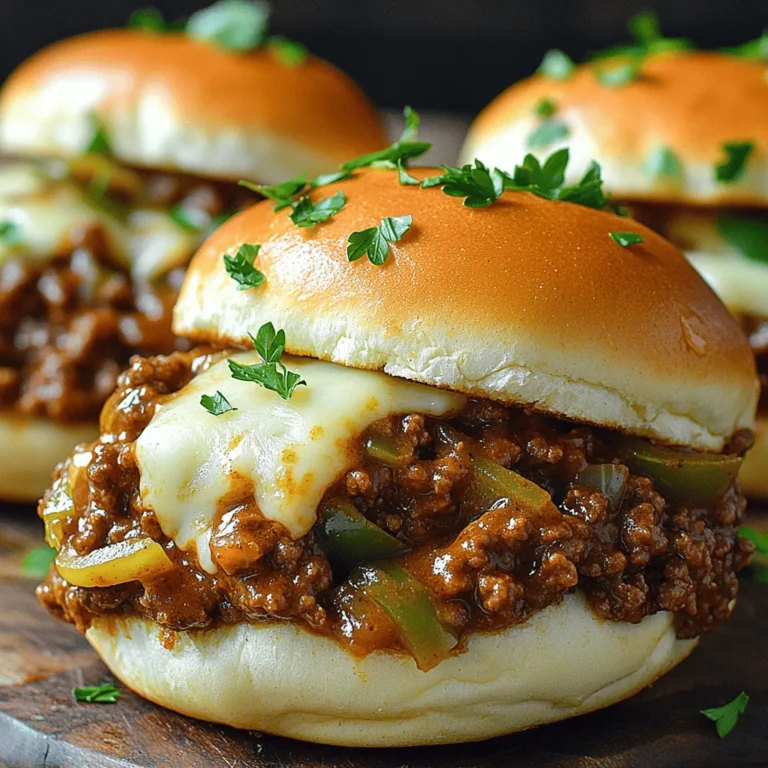 To make Philly Cheese Steak Sloppy Joes, gather these items: - 1 pound ground beef - 1 tablespoon olive oil - 1 medium onion, diced - 1 green bell pepper, diced - 2 cloves garlic, minced - 1 tablespoon Worcestershire sauce - 1 teaspoon Dijon mustard - 1 cup beef broth - Salt and pepper to taste - 4 hamburger buns - 1 cup provolone cheese, shredded - Fresh parsley, chopped (for garnish) You will need some basic tools to cook this dish: - Large skillet - Wooden spoon - Knife and cutting board - Measuring spoons - Oven-safe dish for broiling If you want to switch things up, consider these options: - Use ground turkey instead of ground beef for a leaner meal. - Swap Worcestershire sauce for soy sauce if you need a gluten-free option. - Try Swiss cheese instead of provolone for a different taste. - Use any type of bell pepper or even jalapeños for a spicy kick. These swaps keep the flavors rich while allowing you to cater to your taste or dietary needs. For the full recipe, check the details above. Start by gathering your ingredients. You need ground beef, onion, green bell pepper, garlic, and some seasonings. Heat a large skillet over medium heat. Pour in the olive oil and wait for it to warm up. Add the diced onion and bell pepper to the skillet. Sauté them for about five minutes until they soften. Then, add the minced garlic. Cook for one additional minute. This step builds a tasty base for your Sloppy Joes. Next, increase the heat to medium-high. Add the ground beef to the skillet. Break it apart with a wooden spoon as it cooks. This should take about seven to eight minutes. Brown the beef well, and drain any excess fat if needed. After that, stir in the Worcestershire sauce, Dijon mustard, and beef broth. Season this mixture with salt and pepper. Let it simmer on low heat for about ten minutes. This allows the flavors to meld and the mixture to thicken slightly. Now, it's time to assemble your Sloppy Joes. Preheat your oven's broiler. While it heats, toast the hamburger buns under the broiler until they are lightly golden. Once the beef mixture has thickened, spoon it onto the bottom halves of the toasted buns. Make sure to pile it high! Then, sprinkle shredded provolone cheese on top of each filling. Broil them for two to three minutes. Watch closely until the cheese melts and bubbles. Finally, remove them from the oven, place the top bun on, and garnish with fresh parsley. Enjoy your Philly Cheese Steak Sloppy Joes! For more details, check the Full Recipe. To get that real Philly cheesesteak taste, focus on your seasoning. Use Worcestershire sauce for depth. It adds a nice umami kick. Fresh garlic makes a big difference, too. Sauté it well with onions and peppers. This combo creates a base of flavor that shines through. If you want more heat, consider adding a pinch of red pepper flakes. This adds flavor without overpowering the dish. Melted cheese is a must for this dish. I prefer provolone for its creamy texture. To achieve the best melt, broil the sandwiches just before serving. Toast your buns lightly first; this helps keep them from getting soggy. Once you add the beef mixture, top it with cheese. Broil until it bubbles and turns golden. This step makes the meal extra delicious and appealing. Serve these Sloppy Joes with simple sides. A fresh salad or crispy fries pairs well. You can also add pickles for a tangy crunch. If you want to make it fun, set up a topping bar. Offer options like extra cheese, jalapeños, or sautéed mushrooms. Let everyone build their own perfect sandwich. This makes dinner interactive and enjoyable. {{image_2}} You can switch up the meat in Philly Cheese Steak Sloppy Joes. Ground turkey works great if you want a leaner dish. It has a mild flavor that blends well with the spices. Ground chicken is another option. It adds a nice twist and is light. For beef lovers, try using finely chopped steak. This gives more texture and a richer taste. You can also make this dish vegetarian. Substitute the beef with lentils or black beans. Lentils cook fast and soak up all the flavors. Black beans give a hearty bite and a rich taste. Don't forget to add veggies like mushrooms or zucchini. They add great texture and flavor. Use plant-based cheese to keep it dairy-free. Cheese is key for a great Philly Cheese Steak Sloppy Joe. Provolone is classic, but you can explore other cheeses too. Swiss cheese melts well and adds a nutty flavor. Cheddar gives a sharp taste that many love. For a kick, try pepper jack cheese. It adds heat and flavor. Mix and match to find your favorite cheese blend. You can always check the Full Recipe for more ideas! After making your Philly Cheese Steak Sloppy Joes, let them cool down. Place any leftovers in an airtight container. Keep the dish in the fridge for up to three days. When you're ready to eat, just take it out and heat it up. To freeze, follow the same cooling steps. Use freezer-safe bags or containers for best results. Remove as much air as possible. You can freeze the Sloppy Joes for up to three months. When ready to enjoy, thaw in the fridge overnight before reheating. To reheat, you have a few options. You can use the microwave, stovetop, or oven. For the microwave, place a portion in a bowl, cover it, and heat for about 1-2 minutes. Stir halfway through. For the stovetop, use a skillet over medium heat, stirring gently until warmed. If using the oven, preheat to 350°F and bake in a covered dish for about 15 minutes. This way, you keep that yummy flavor intact. For the best taste, always check that it's heated through to 165°F. Enjoy your delicious meal! Yes, you can make this dish ahead of time. Cook the beef mixture and let it cool. Store it in an airtight container in the fridge. It stays fresh for up to three days. When ready to eat, simply reheat it on the stove or in the microwave. You can then assemble the sandwiches right before serving. This makes it a great choice for busy nights. Philly Cheese Steak Sloppy Joes pair well with many sides. Here are some ideas: - French fries: Crispy fries are a classic match. - Coleslaw: The crunch adds great texture. - Potato chips: They bring a salty crunch. - Pickles: They add a tangy flavor. You can also serve it with a simple green salad for a fresh touch. To spice things up, try these tips: - Add hot sauce: Mix in your favorite hot sauce while cooking. - Use spicy cheese: Swap provolone for pepper jack cheese. - Add jalapeños: Stir in sliced jalapeños for a fresh kick. These simple changes will enhance the flavor and heat of your Sloppy Joes. Feel free to adjust the spice level to suit your taste! This blog post covered key elements for making Philly Cheese Steak Sloppy Joes. We listed essential ingredients, tools, and substitutions. I shared step-by-step instructions for preparing, cooking, and assembling your dish. You learned tips to add flavor and melt cheese perfectly. Variations offer meatless options and different cheese choices. Finally, we discussed storage methods and answered common questions. Try these ideas to make your dish special. Enjoy your cooking process and flavor-packed meal. Happy cooking!