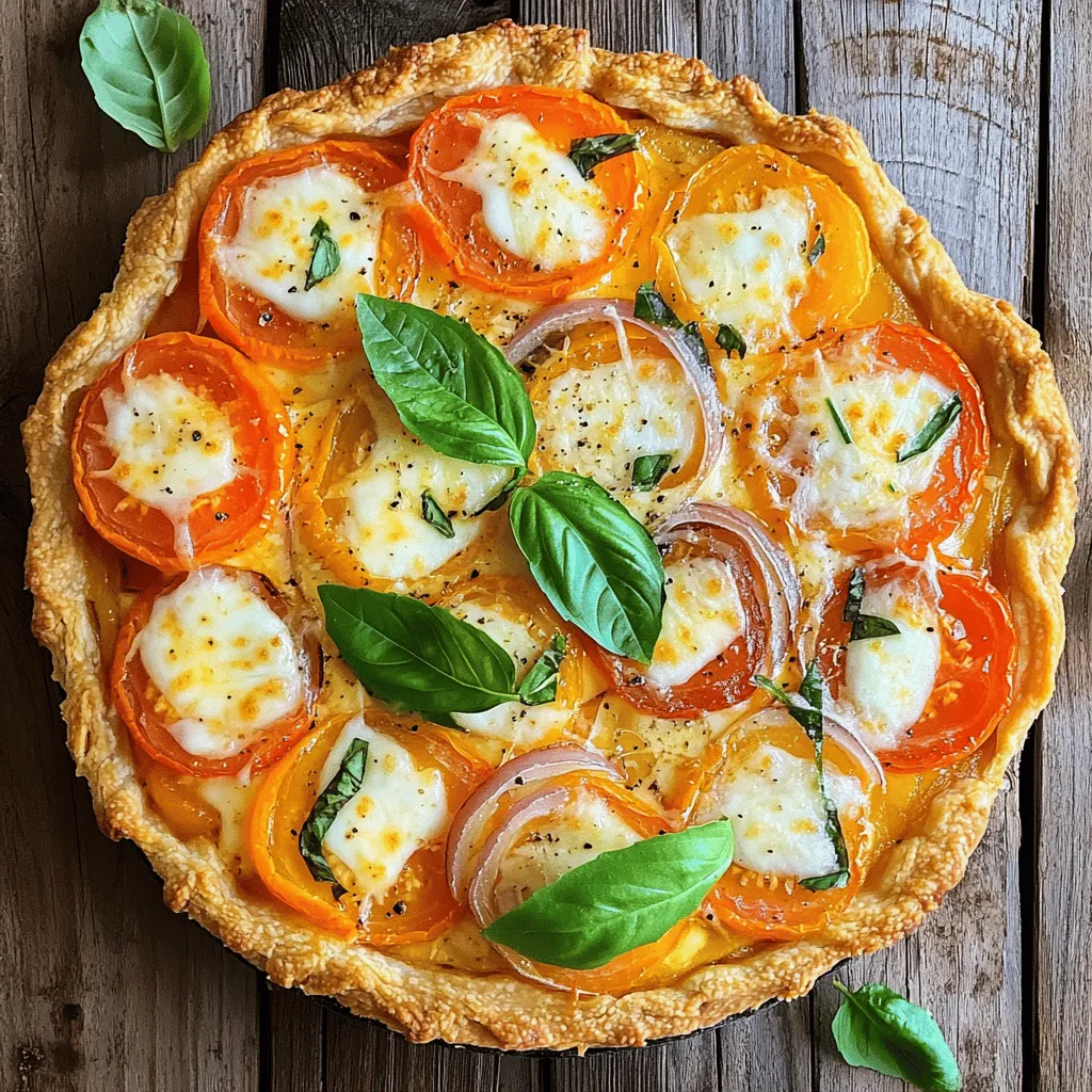 To make a tasty Tomato Onion Pie, gather these essential ingredients: - 1 pre-made pie crust (store-bought or homemade) - 2 cups ripe tomatoes, sliced - 1 large onion, thinly sliced (preferably sweet onion) - 1 cup shredded mozzarella cheese - ½ cup grated Parmesan cheese - 2 tablespoons olive oil - 1 teaspoon dried basil - 1 teaspoon dried oregano - Salt and pepper to taste - 2 large eggs - ½ cup milk - Fresh basil leaves for garnish (optional) These ingredients blend together to create a rich and flavorful pie. You will need some kitchen tools to make the pie: - A 9-inch pie pan to hold the crust and filling - A large bowl for mixing the filling ingredients - A whisk for combining eggs and milk - A knife and cutting board to slice the tomatoes and onions - A fork to prick the crust and prevent bubbling Using the right tools helps you create the best Tomato Onion Pie. For the Full Recipe, check the main article. First, you need to handle the pie crust. If you're using a store-bought crust, take it out of the package and let it sit for a few minutes. This makes it easier to work with. If you're making your own crust, roll it out on a clean surface. Once it’s ready, gently lay the crust in a 9-inch pie pan. Press it firmly against the edges. Trim any excess crust hanging over the sides. Use a fork to prick the bottom. This helps prevent bubbling during baking. Now, let’s prepare the filling. Start by slicing two cups of ripe tomatoes. Make sure to slice them thin. Next, take one large onion, preferably a sweet one, and slice it thin as well. In a big bowl, combine the sliced tomatoes and onions. Drizzle two tablespoons of olive oil over them. Then, sprinkle one teaspoon each of dried basil and oregano. Add salt and pepper to taste. Toss the mixture gently so the flavors blend well. It's time to assemble the pie. First, spread half of the shredded mozzarella cheese over the base of the pie crust. This layer helps keep the crust from getting soggy. Next, evenly layer the tomato and onion mixture on top of the cheese. Follow this with the remaining mozzarella and then the grated Parmesan cheese. In a separate bowl, whisk together two large eggs and half a cup of milk. Mix until well combined. Pour this egg and milk mixture over the layered ingredients in the pie. Now, you’re ready to bake. Preheat your oven to 375°F (190°C). Place the pie in the oven and bake for 30 to 35 minutes. You want the center to be set and the top to be a nice golden brown. To achieve a perfect top, keep an eye on it during the last few minutes. If it looks too brown, you can cover it loosely with foil. Once done, take it out of the oven and let it cool for a few minutes before slicing. For the Full Recipe, refer to the detailed instructions provided earlier. To make your pie just right, taste as you go. Adjust the salt and pepper to suit your palate. If you like spice, try adding a pinch of red pepper flakes. For an even bake, preheat your oven well. This helps the pie cook evenly. Place your pie on the center rack. This avoids hot spots that might burn the crust. Serve your Tomato Onion Pie with a fresh salad. A light green salad pairs well and adds crunch. You can also serve it with roasted vegetables for a warm side. For a beautiful touch, garnish with fresh basil leaves. A drizzle of olive oil adds shine and flavor. This makes the dish look fancy and inviting. One common issue is a soggy bottom crust. To prevent this, prick the crust before adding filling. This allows steam to escape. If your pie does not set, check your baking time. Make sure to bake until the center is firm. Let it cool for a few minutes before slicing. This helps it hold together better. {{image_2}} You can easily boost your Tomato Onion Pie with more veggies. Try adding bell peppers or zucchini for extra flavor and texture. Spinach also works well; it adds a nice color and nutrition. Mixing in herbs like thyme or parsley brightens the dish too. These flavors blend well with tomatoes and onions. Cheese makes this pie rich and tasty. While mozzarella is a classic, consider using feta or goat cheese for a tangy twist. Cheddar gives a sharp taste that many enjoy. Each cheese type adds its own charm, making your pie unique. Mixing different cheeses can create a delicious flavor profile. If you need a gluten-free option, use a store-bought gluten-free crust. You can also make a crust from almond flour or rice flour. For the filling, check that your ingredients are gluten-free. Most tomatoes and cheeses are safe. This way, you can enjoy the pie without worry. To store leftovers of your Tomato Onion Pie, wait for it to cool down. Cover the pie with plastic wrap or aluminum foil. You can also use an airtight container for better protection. The pie stays fresh in the fridge for up to three days. When you want to enjoy it again, just reheat it in the oven for the best flavor. If you want to freeze the pie, ensure it's completely cool first. Wrap it tightly in plastic wrap, then in aluminum foil. This helps prevent freezer burn. You can freeze it for up to two months. When you're ready to eat, thaw it in the fridge overnight. Reheat it in the oven at 350°F (175°C) for about 20-30 minutes. This keeps the crust crispy and the inside warm. Enjoy your slice of comfort! For the Full Recipe, check the earlier sections. Tomato Onion Pie lasts about 3 to 5 days in the fridge. For best taste, cover it tightly. This keeps it fresh and safe to eat. If you see any mold or smell something odd, throw it away. Yes, you can make this pie ahead of time. Just prepare it fully, but do not bake it yet. Cover it well and store it in the fridge. When you're ready to eat, bake it as directed. This way, you save time on busy days. If you need an egg substitute, try using flaxseed meal. Mix 1 tablespoon of flaxseed with 2.5 tablespoons of water. Let it sit for about 5 minutes. You can also use 1/4 cup of applesauce or mashed banana for a sweeter taste. Yes, you can freeze Tomato Onion Pie. Wrap it tightly in foil or plastic wrap. This keeps out air and prevents freezer burn. When you want to eat it, thaw it in the fridge overnight. Then, reheat it in the oven until warmed through. To customize your filling, try adding bell peppers or spinach for extra color and taste. You can also use different cheeses like feta or goat cheese for a unique flavor. Herbs like thyme or rosemary can add a nice twist as well. You can find the Full Recipe for Tomato Onion Pie by checking the recipe section above. This will guide you through every step to make this tasty dish. You now have all you need to make a delicious Tomato Onion Pie. We covered essential ingredients and tools. You learned how to prepare the crust and filling, assemble, and bake the pie. Plus, I shared tips for perfecting your dish and suggested tasty variations. Keep these common mistakes in mind as you cook. Don’t forget about storage options for leftovers. Dive into this tasty recipe, and enjoy every bite with your friends and family!