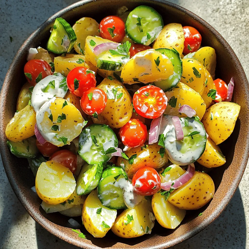 - 4 medium-sized Yukon Gold potatoes, diced - 1 cup cherry tomatoes, halved - 1 cucumber, diced - 1/2 cup red onion, finely chopped - 1/3 cup Greek yogurt - 2 tablespoons Dijon mustard - 2 tablespoons apple cider vinegar - 1 tablespoon olive oil - 1 teaspoon garlic powder - Salt and pepper to taste - Fresh parsley, chopped (for garnish) Each ingredient in this salad brings great health benefits. Yukon Gold potatoes provide potassium and fiber, which are good for heart health. Cherry tomatoes are rich in vitamins A and C. They help boost your immune system. Cucumbers keep you hydrated and low in calories. Red onions add antioxidants and have anti-inflammatory properties. Greek yogurt gives you protein and calcium, supporting strong bones. Dijon mustard adds flavor without extra calories, and apple cider vinegar may help with digestion. Olive oil is healthy fat that supports heart health. Garlic powder adds flavor while providing immune support. Fresh parsley is packed with vitamins and adds freshness. When buying produce, look for firm potatoes without bruises. Choose cherry tomatoes that are bright and plump, with no wrinkling. For cucumbers, pick ones that are dark green and firm. Red onions should feel heavy for their size and have dry skin. Always smell the herbs to ensure they are fresh. If they smell strong and aromatic, they are good to use. Choosing fresh produce makes your salad taste better and healthier. For more details, check the Full Recipe. Start by washing the potatoes. I like using Yukon Gold because they are creamy and sweet. Cut them into small cubes. In a large pot, add salted water and bring it to a boil. Once boiling, add the diced potatoes. Cook them for about 10-15 minutes until they are fork-tender. Be careful not to overcook them, or they will get mushy. After cooking, drain the potatoes and let them cool in a bowl. While the potatoes cool, it’s time to make the dressing. In a large mixing bowl, add Greek yogurt, Dijon mustard, apple cider vinegar, olive oil, and garlic powder. Season with salt and pepper to taste. Whisk all these ingredients together until smooth. This dressing is tangy and creamy without the need for mayo. Once the potatoes have cooled, add them to the bowl with the dressing. Toss in the cherry tomatoes, cucumber, and red onion. Gently fold all the ingredients together. Make sure the potatoes are coated well with the dressing. Taste and adjust the seasoning if needed. If you want, you can add a little more salt and pepper. For the best results, refrigerate the salad for at least 30 minutes. This helps the flavors blend. Before serving, garnish with fresh parsley for a pop of color. Enjoy your Healthy No Mayo Potato Salad! For the full recipe, check out the detailed instructions above. To make great potato salad, start with the right potatoes. Yukon Golds work best for their creamy texture. Cut them into equal-sized pieces. This helps them cook evenly. Boil them in salted water until fork-tender, about 10 to 15 minutes. Drain and let them cool before mixing. This keeps your salad fresh and tasty. You can boost flavor without using mayo. Greek yogurt adds creaminess and tang. Dijon mustard gives a nice kick. Apple cider vinegar adds brightness. Garlic powder brings a warm spice. Mix these ingredients well to create a smooth dressing. Feel free to adjust the amounts to fit your taste. Fresh herbs like parsley also add flavor and color. Serve your Healthy No Mayo Potato Salad cold for a refreshing dish. It works great as a side for grilled meats or sandwiches. You can also serve it on a bed of greens for a light lunch. For a fun twist, try adding slices of avocado on top. Your guests will love the fresh and vibrant flavors! {{image_2}} You can easily boost the Healthy No Mayo Potato Salad by adding protein. Grilled chicken works great. Just dice it and mix it in. Chickpeas are another good choice. They add texture and fiber. A cup of cooked chickpeas will give your salad a hearty feel. This helps make your meal more filling. Don’t be afraid to swap ingredients for new flavors. Try using red potatoes instead of Yukon Gold for a sweeter taste. You can also replace Greek yogurt with a dairy-free option like cashew cream. For a zesty twist, add capers or pickles. These small changes can make a big difference in flavor. Make your potato salad fit the season. In summer, toss in fresh corn or bell peppers. In fall, apples or roasted squash add a nice touch. In winter, try using roasted Brussels sprouts. Each season brings new ingredients that can add flavor and color. This keeps your dish fresh and exciting throughout the year. To keep your Healthy No Mayo Potato Salad fresh, store it in an airtight container. This will help prevent oxidation and keep it tasty. Place the container in the fridge right after serving. Make sure to cover it well to avoid any strong odors from other foods. If you have leftovers, it’s best to consume them within a few days. Your potato salad will last about 3 to 5 days in the fridge. After that, the flavors may fade, and the texture might change. Always check for any signs of spoilage, like an off smell or odd colors. If it looks or smells different, it’s safer to throw it away. If you want to enjoy your potato salad warm, you can reheat it gently. Place it in a microwave-safe dish and heat it in short bursts of 30 seconds. Stir between each burst to ensure even heating. However, remember, potato salad is best served cold. So, consider eating it as is for a refreshing bite! You can check out the [Full Recipe] for more details. Yes, you can make this salad ahead of time. It tastes even better after chilling. The flavors blend well when it sits in the fridge. I suggest making it a day before serving. Just cover it tightly to keep it fresh. If you do not have Greek yogurt, you can use plain yogurt. Sour cream also works well. For a dairy-free option, try using almond or coconut yogurt. Each alternative will change the taste slightly but still keep it tasty. Absolutely! This potato salad is great for meal prep. It stores well and keeps its flavor. You can pack it for lunch or enjoy it for dinner. Just remember to keep it in an airtight container. You can keep this salad in the fridge for about three days. After that, the potatoes may start to lose their texture. Always check for any signs of spoilage before eating. Yes, you can easily customize this recipe. If you follow a vegan diet, use plant-based yogurt. For gluten-free options, check your mustard and vinegar. You can add or remove veggies based on your personal taste. This recipe is flexible and can cater to many needs. This blog post shared how to make a Healthy No Mayo Potato Salad. We covered the best ingredients, their health benefits, and tips for picking fresh produce. Each step, from cooking the potatoes to combining flavors, enhances your salad’s taste. You can also try different proteins and flavors while storing leftovers is easy. Remember, this salad is fun to make and perfect for any meal. Enjoy the fresh, tasty options that fit your needs. You can create a dish that everyone loves!