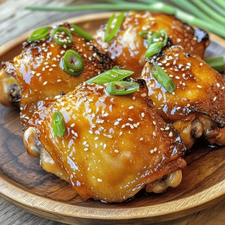 - 4 boneless chicken thighs - 1/4 cup honey - 1/4 cup low sodium soy sauce - 4 cloves minced garlic - 1 teaspoon grated fresh ginger - 1 tablespoon sesame oil - 1 tablespoon olive oil - Salt and pepper to taste - 2 green onions, sliced - Sesame seeds When I make Honey Garlic Chicken, I always focus on the right ingredients. The chicken thighs should be boneless for easy cooking. I love using honey for sweetness and low sodium soy sauce for flavor without too much salt. Minced garlic adds a nice kick, while fresh ginger gives a warm spice. For cooking, I use sesame oil and olive oil. Sesame oil adds a nutty taste that pairs well with the dish. I season the chicken with salt and pepper to bring out the flavors. To finish, I like to garnish with sliced green onions and sesame seeds. They add color and a crunchy texture. This simple recipe brings together fresh ingredients for a delightful meal. You can find the full recipe in the earlier section. Start by making the marinade. In a bowl, whisk together honey, soy sauce, minced garlic, and grated ginger. This mix combines sweet and savory flavors. The garlic adds depth, and ginger gives a hint of warmth. Make sure to blend it well so all the flavors mix. Next, grab your chicken thighs. Season them with salt and pepper on both sides. Place the chicken in a zip-top bag or a shallow dish. Pour the marinade over the chicken, coating it completely. Seal the bag or cover the dish. Refrigerate the chicken for at least 30 minutes. For a stronger flavor, let it marinate for up to 2 hours. This step is key to getting juicy, flavorful chicken. Now, it’s time to cook! Heat sesame oil and olive oil in a large skillet over medium-high heat. Once the oil is hot, take the chicken out of the marinade. Reserve that marinade for later. Cook the chicken for about 5-7 minutes on each side. You want a nice golden-brown color. Make sure the chicken is cooked through. After cooking, remove the chicken from the skillet and let it rest on a plate. Now, pour the reserved marinade into the same skillet. Bring it to a simmer over medium heat. Cook for about 3-4 minutes until it thickens slightly. This will enhance the flavor even more. Finally, return the chicken to the skillet, coating it in the sauce until it’s well-glazed. This step makes your dish shine! Serve your Honey Garlic Chicken hot, garnished with sliced green onions and sesame seeds. Enjoy the sweet and savory goodness of this dish! To start, make sure your chicken is at room temperature. This helps it cook evenly. If you take it straight from the fridge, the outside cooks faster than the inside. Room temperature chicken will give you juicy, tender bites. Want a richer flavor? Marinate the chicken for longer. I recommend at least one hour, but two hours is better. If you like spice, add chili flakes to the marinade. This will give your dish a nice kick. Just a pinch will do! Serving Honey Garlic Chicken is simple. Pair it with rice or steamed vegetables. The rice will soak up the sweet sauce. Steamed veggies add color and crunch. This combination makes a complete meal that everyone will love. For the full recipe, check out the previous sections! {{image_2}} You can easily swap the chicken thighs for other proteins. Chicken breasts work well if you want a leaner option. Tofu provides a great plant-based choice. You can also try shrimp for a seafood twist. Each option changes the flavor but keeps the dish delicious. Feel free to adjust the sauce to your taste. If you like it sweeter, add more honey. For a tangy kick, try adding a splash of vinegar. These simple changes can make the sauce taste unique and exciting. Adding extras can really enhance the dish. Consider mixing in some orange zest for a citrusy twist. Sesame seeds add a nice crunch and nuttiness. These small changes can deepen the flavor and make your Honey Garlic Chicken special. For the complete recipe, check out the Full Recipe section. Store leftovers in an airtight container for up to 3 days. This keeps the chicken fresh and tasty. Make sure the container seals well. You can enjoy the sweet and savory flavors even after a few days. Just remember to check for any signs of spoilage before digging in. Freeze cooked chicken in a freezer-safe container for up to 3 months. This is perfect for meal prep. Just let the chicken cool down before you freeze it. Label the container with the date. This way, you know how long it has been in the freezer. When you're ready to eat, it will be a quick and easy meal option. Reheat in a skillet or microwave until heated through to maintain flavor. If using a skillet, add a splash of water or broth. This helps keep the chicken moist. Stir occasionally for even heating. If using a microwave, cover the chicken to prevent it from drying out. Enjoy your Honey Garlic Chicken just like it was freshly made! To ensure your Honey Garlic Chicken is tender, marinate it for at least 30 minutes. Marinating helps break down the meat fibers, making it softer. Use a mix of honey and soy sauce, which adds flavor and moisture. Cooking times matter too. Cook the chicken until it reaches an internal temperature of 165°F. This ensures it's fully cooked but not dry. Yes, you can make Honey Garlic Chicken in advance. Simply marinate the chicken and place it in the fridge. You can marinate it for up to 2 hours. When you are ready to eat, take it out and cook it. This makes it easy for busy days or meal prep. You get to enjoy a tasty dish without a lot of work. For sides, rice pairs perfectly with Honey Garlic Chicken. You can use white rice or brown rice, both are great choices. Stir-fried veggies also add color and nutrients. A fresh salad can lighten the meal and add crunch. Mixing different sides makes the meal balanced and enjoyable. You now have a clear guide to making delicious Honey Garlic Chicken. Start with simple ingredients like chicken, honey, and soy sauce. Follow the steps to marinate, cook, and serve. Remember tips on enhancing flavors and storing leftovers. You can also try variations with different proteins or sauces. This dish is easy to prepare and sure to please. Enjoy your cooking adventure!
