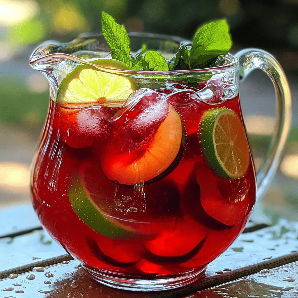 To make Hibiscus Plum Punch, you need a few simple ingredients. Here’s what you will need: - 2 cups dried hibiscus flowers - 4 ripe plums, pitted and sliced - 4 cups water - 1/4 cup agave syrup or honey (adjust to taste) - 1/2 teaspoon vanilla extract - Juice of 2 limes - Fresh mint leaves for garnish - Lime slices for garnish When choosing dried hibiscus flowers, look for high-quality, deep red petals. These flowers should be free from additives. You can find them in health food stores or online. The quality of the flowers greatly affects the punch's flavor. I always prefer organic hibiscus flowers for the best taste and health benefits. I recommend using fresh plums for this punch. Fresh plums add a juicy burst of flavor. They also blend well with the hibiscus. Dried plums, or prunes, can work but won't provide the same freshness. Fresh plums make the punch vibrant and tasty. Choose ripe plums for the best results. They should be firm yet slightly soft to the touch. Start by boiling 4 cups of water in a pot. As the water heats, grab 2 cups of dried hibiscus flowers. These flowers give our punch its beautiful color and tangy taste. Once the water boils, add the hibiscus flowers. Let them simmer for about 15 minutes. This step helps release all the flavors. After 15 minutes, remove the pot from heat. Strain the liquid into a large pitcher. Discard the hibiscus flowers. You now have a fragrant hibiscus tea. While the hibiscus tea is still warm, add 1/4 cup of agave syrup or honey. Stir until it dissolves completely. You can adjust the sweetness later if you want. Next, slice 4 ripe plums. Make sure to pit the plums before slicing. Add the plum slices to the pitcher. Then, pour in 1/2 teaspoon of vanilla extract and the juice of 2 limes. Stir everything gently to mix. This combination brings out a depth of flavor in our punch. Let the punch cool to room temperature. Once cooled, refrigerate it for at least one hour. Chilling enhances the flavors and makes the drink refreshing. Serve the punch over ice in tall glasses. For a pretty touch, garnish with fresh mint leaves and lime slices. This not only looks great but adds extra flavor. Enjoy your Hibiscus Plum Punch! For the complete recipe, check the Full Recipe section. To get the best flavor, balance is key. Start with the dried hibiscus flowers. They bring a tart, floral taste. When you add plums, they add sweetness and depth. The lime juice brightens the punch. Adjust the sweetness with agave or honey. Taste as you go. This way, you can make it just right for you. One mistake is using too much sugar. It can overpower the tartness of hibiscus. Another error is not straining the flowers well. You want a clear punch, not a gritty one. Don’t skip chilling the punch. Serving it warm can mask the fresh flavors. Lastly, be careful with the lime juice. Too much can make it sour instead of refreshing. If you want to try different sweeteners, consider maple syrup or coconut sugar. These options add unique flavors. You can also use stevia for a lower-calorie choice. Just remember, each sweetener has its own taste. Start with a small amount and adjust until it suits your palate. For the full recipe, check out the complete instructions. {{image_2}} You can change this punch by adding other fruits. Try berries, cherries, or peaches. Each fruit gives a new flavor. For example, berries add a sweet-tart taste. Cherries bring a rich depth. Peaches lend a soft, fragrant note. Mix and match to find your favorite blend. This makes your punch special and fun! Want a fizzy version? You can easily make this punch sparkling. Just add soda water or sparkling wine. Pour the hibiscus plum mix into glasses filled with ice. Then top it with your choice of bubbles. The fizz will lighten the drink and make it festive. This is perfect for parties or celebrations! You can enjoy hibiscus plum punch with or without alcohol. For a non-alcoholic drink, stick to the recipe. Just focus on the fruity and floral flavors. To make it alcoholic, add rum or vodka. A light spirit works best, so it doesn’t overpower. Either way, this punch is refreshing and delicious. Check out the Full Recipe for all the details! After you make your hibiscus plum punch, you may have some left over. Store it in a clean, airtight container. This helps keep it fresh and tasty. You can also use a glass pitcher with a lid. Always place it in the fridge. Avoid letting it sit out at room temperature for too long. Hibiscus plum punch lasts about 3 to 5 days in the fridge. Make sure to check for any changes in smell or color before drinking. If it smells off or looks strange, it’s best to discard it. Always refrigerate it promptly after serving to keep it fresh. If you want to save your punch for later, freezing is a great option. Pour the punch into ice cube trays or freezer-safe containers. Leave some space at the top since liquids expand when they freeze. When you're ready to use it, just thaw it in the fridge overnight. You can also blend the frozen punch into a slushy drink! This method keeps the flavors as bright as the day you made it. For the complete recipe, check the Full Recipe section. Hibiscus is rich in antioxidants. Antioxidants help fight free radicals in your body. This can lead to better overall health. Hibiscus may also lower blood pressure. Some studies suggest it can help with heart health too. Plus, hibiscus can aid digestion and support liver health. It has a tart flavor, making it perfect for drinks like our Hibiscus Plum Punch. Yes, you can make Hibiscus Plum Punch ahead of time. In fact, it often tastes better after chilling. Make the punch and store it in the fridge. Just remember to add ice and garnishes when you’re ready to serve. You can find dried hibiscus flowers at health food stores or online. Look for them in bulk sections too. Ripe plums are often in grocery stores during summer. Check local farmers' markets for the freshest options. Yes, you can use other sweeteners. Maple syrup or simple syrup works well. You can even use stevia if you prefer a low-calorie option. Adjust the amount to suit your taste, but keep the flavor balance in mind. In this article, we explored the vibrant world of Hibiscus Plum Punch. We covered essential ingredients, including types of hibiscus flowers and the choice between fresh and dried plums. I shared step-by-step instructions to make it easy for you. Tips and tricks will help you perfect your punch, while variations let you get creative. Lastly, I provided storage tips to keep your punch fresh for longer. Hibiscus Plum Punch is a fun drink to make and enjoy. Use these insights to impress your friends and family with a delicious twist!