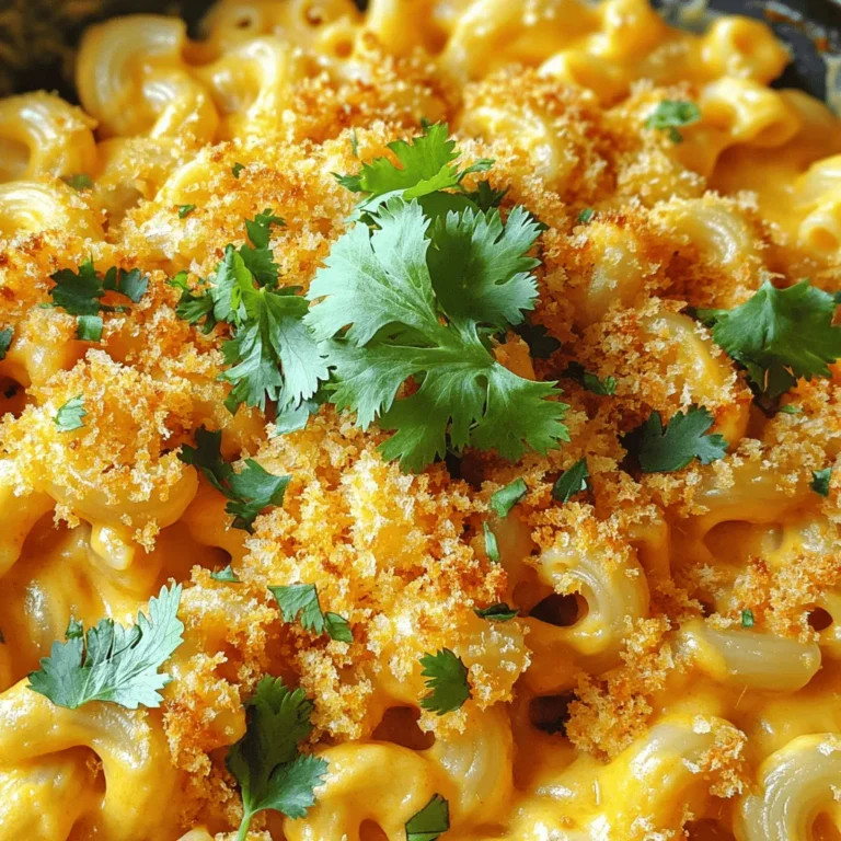 - 8 oz elbow macaroni - 2 cups milk - 2 tablespoons butter - 2 tablespoons all-purpose flour - 1 teaspoon garlic powder - 2 cups shredded pepper jack cheese - 1 cup sharp cheddar cheese, shredded - 1 teaspoon onion powder - 1 teaspoon Dijon mustard - 1/2 teaspoon smoked paprika - Salt and pepper to taste - 1/2 cup breadcrumbs (optional for topping) - 2 tablespoons chopped fresh cilantro (for garnish) The main ingredients form the base of the dish. Elbow macaroni gives the mac and cheese its familiar shape and texture. The butter and flour create a roux, which helps thicken the cheese sauce. Milk adds creaminess, while garlic powder boosts flavor. Now, let's talk cheese. Pepper jack cheese brings a nice heat, while sharp cheddar adds depth. Together, they create a rich and flavorful sauce. For seasoning, onion powder, Dijon mustard, and smoked paprika enhance the taste. Salt and pepper balance everything out. If you like a crispy top, use breadcrumbs. Fresh cilantro adds a bright touch as a garnish. This pepper jack mac and cheese dish is creamy and hearty. You can find the full recipe above to guide you through the steps! - Bring a large pot of salted water to a boil. - Add 8 oz of elbow macaroni. - Cook according to package directions until al dente. - Drain and set aside. - In the same pot, melt 2 tablespoons of butter over medium heat. - Whisk in 2 tablespoons of all-purpose flour. - Add 1 teaspoon of garlic powder, 1 teaspoon of onion powder, and 1/2 teaspoon of smoked paprika. - Cook for 1-2 minutes, stirring continuously until it forms a light paste. - Gradually whisk in 2 cups of milk, ensuring there are no lumps. - Continue whisking until the mixture thickens and bubbles, about 5-7 minutes. - Stir in 2 cups of shredded pepper jack cheese and 1 cup of sharp cheddar cheese until melted and smooth. - Add the drained macaroni to the cheese sauce. - Stir well to coat all the pasta in the sauce. - If you want a crispy topping, preheat the oven to 350°F (175°C). - Transfer the mac and cheese to a baking dish. - Sprinkle 1/2 cup of breadcrumbs on top. - Bake for 15-20 minutes, or until golden and crispy. For the complete recipe, check out the Full Recipe link! To make a great cheese sauce, I always use freshly grated cheese. It melts better and gives a smooth texture. Pre-shredded cheese has additives that can prevent smooth melting. Whisk continuously while adding milk. This helps avoid lumps in your sauce. If you stop whisking, the sauce might clump together. Not everyone loves heat. You can substitute other cheeses to make it milder. Creamy mozzarella or mild gouda works well. For those who crave spice, add jalapeños. Slice them thin and mix them into the cheese sauce. This will give you that extra kick. I love to pair my mac and cheese with a fresh side salad. The crunch of greens balances the creamy dish. You can also serve it with crusty bread. This bread is perfect for soaking up all that delicious cheese sauce. Enjoy your meal with friends and family! {{image_2}} You can make your Pepper Jack Mac and Cheese even better by adding veggies. Spinach or broccoli works great for extra nutrition. They add color and texture too. You can also include sautéed onions or bell peppers. These veggies bring sweetness and flavor. They make this dish healthier and more filling. Want to make it heartier? Add some protein! Cooked chicken, bacon, or shrimp are perfect choices. They add great taste and will satisfy your hunger. You can also use ground beef or sausage. This makes the dish more filling and turns it into a full meal. If you prefer a vegan version, you can swap out dairy ingredients for plant-based ones. Use almond milk or coconut milk instead of regular milk. For the cheese flavor, try nutritional yeast. It gives a great cheesy taste without using dairy. You can still enjoy this creamy dish while keeping it plant-based. For more ideas, check out the Full Recipe. After you enjoy your Pepper Jack Mac and Cheese, store any leftovers in an airtight container. This keeps the dish fresh. It will last for up to 3-4 days in the fridge. Make sure to let it cool before sealing the container. This helps prevent condensation and sogginess. You can freeze this dish too! Portion it out and place it in freezer-safe containers. It will stay good for up to 2 months. When you want to eat it, just take out a portion and let it thaw in the fridge overnight. To reheat your mac and cheese, you can use either the microwave or the stovetop. If it looks dry, add a splash of milk to help restore its creaminess. Heat it until it's warm throughout, and enjoy your delicious meal again! Yes, feel free to mix and match with other cheeses. You could try mozzarella for creaminess or gouda for a smoky touch. Cheddar also works well and adds a classic taste. Each choice will give your dish a unique flavor. Experimenting with different cheeses can make this recipe fun and exciting! To tone down the spice, reduce or omit the pepper jack cheese. You can swap in a milder cheese, like mozzarella or mild cheddar. These options still keep the creaminess but cut the heat. Taste as you go to find the right balance for your palate. Yes, it stores well and can be portioned out for meals. After cooking, let it cool before placing it in airtight containers. This way, you can enjoy it for up to 3-4 days. Just reheat in the microwave or on the stovetop, adding a splash of milk if needed. Prep time is 10 minutes, with a total cook time of 30 minutes. This makes it a great option for busy weeknights. You can whip up a comforting bowl of Pepper Jack Mac and Cheese in no time! For the full recipe, check the detailed instructions above. This blog post shared a simple and tasty mac and cheese recipe. We covered the ingredients, step-by-step instructions, and tips for the best results. You can customize this dish with veggies or proteins to suit your taste. Storing and reheating options make it perfect for meal prep. Whether you're a newbie or an expert, this recipe will please everyone. Enjoy cooking this classic comfort food and make it your own!