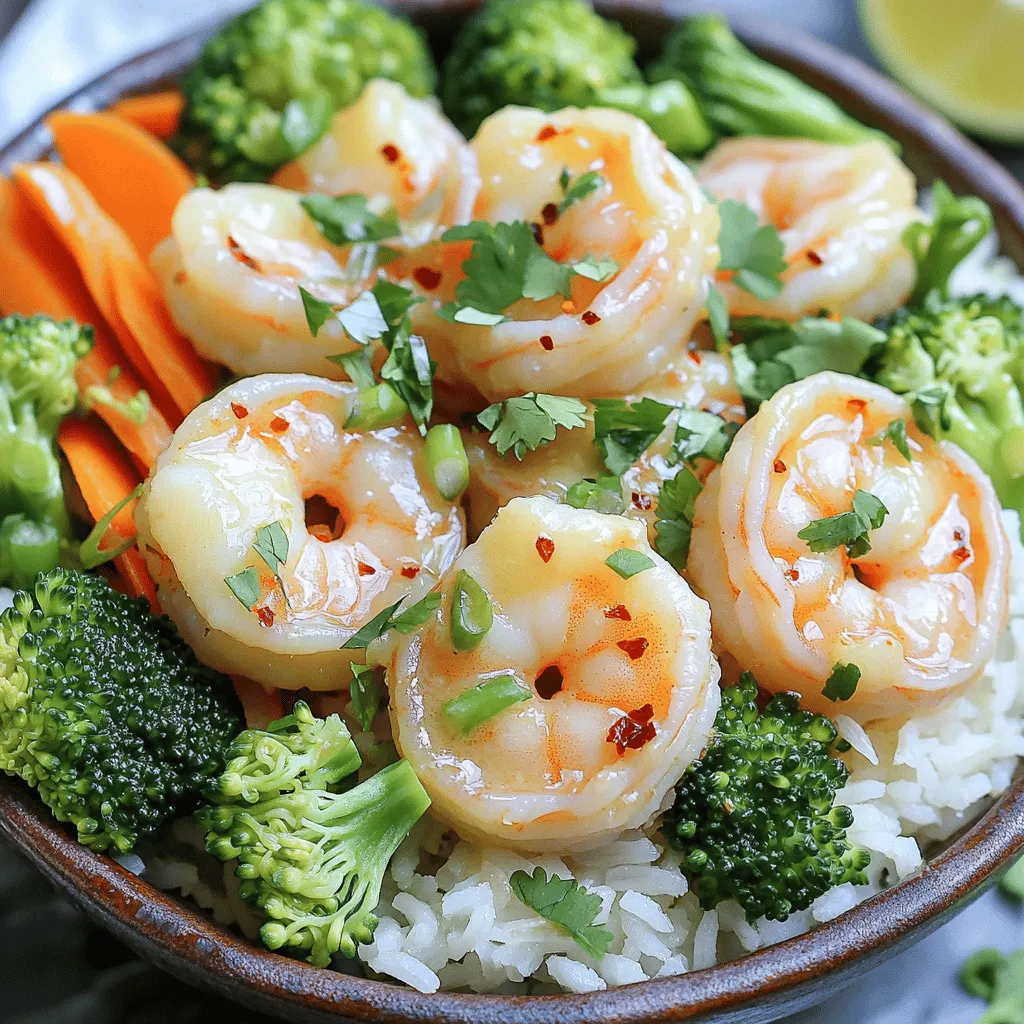 - 1 pound large shrimp, peeled and deveined - 2 tablespoons unsalted butter - 4 cloves garlic, minced - 1 cup jasmine rice - 2 cups vegetable broth (or water) Shrimp is the star of this dish. Choose large, fresh shrimp for the best taste. The butter adds richness, while garlic gives a wonderful aroma. Jasmine rice provides a soft base that pairs well with the shrimp. - 1 cup broccoli florets - 1 carrot, finely sliced - 1 tablespoon soy sauce - 1 tablespoon lemon juice - 1 teaspoon red pepper flakes (adjust for spice preference) - Salt and pepper to taste Broccoli and carrots add color and crunch. They also boost the nutrition of your bowl. Soy sauce and lemon juice bring a savory and tangy kick. The red pepper flakes add just the right amount of heat. - 2 green onions, thinly sliced - Fresh cilantro (optional) Green onions add a fresh bite. They also enhance the dish's visual appeal. If you like, add fresh cilantro for extra flavor. It gives a nice touch to your butter garlic shrimp rice bowl. This recipe is simple yet full of flavor. Check the Full Recipe for all the steps to make this delicious meal. Cooking Jasmine Rice To cook jasmine rice, start by measuring 1 cup of rice. Rinse it under cold water until the water runs clear. This removes excess starch and keeps the rice fluffy. In a medium saucepan, combine the rinsed rice with 2 cups of vegetable broth. Bring it to a boil over high heat. Once boiling, reduce the heat to low, cover, and let it simmer for 15 minutes. After cooking, remove it from heat and let it rest for 5 minutes. Fluff the rice with a fork before serving. Tips for Fluffing Rice Fluffing rice is key to a great texture. Use a fork, not a spoon, to fluff. This helps separate the grains without breaking them. You can also let the rice sit covered for a few minutes to steam. This makes it even fluffier. Melting Butter and Cooking Garlic In a large skillet, add 2 tablespoons of unsalted butter over medium heat. Let it melt slowly. Once melted, add 4 minced garlic cloves and 1 teaspoon of red pepper flakes. Cook for about 1 minute. You want the garlic to smell wonderful but not burn. Adding Shrimp and Seasoning Next, add 1 pound of large, peeled, and deveined shrimp to the skillet. Season with salt and pepper. Cook for 2-3 minutes on one side until they turn pink and slightly crispy. Flip the shrimp and cook for another 2 minutes. Once done, pour in 1 tablespoon of soy sauce and 1 tablespoon of lemon juice. Toss everything well to coat the shrimp in that tasty sauce. Preparing Broccoli and Carrots While the shrimp cooks, prepare 1 cup of broccoli florets and 1 finely sliced carrot. You want them fresh and vibrant. Cooking Time for Perfect Tenderness In a separate pot, steam the broccoli and carrots for about 3-4 minutes. You want them tender but still bright. This keeps the dish colorful and crunchy. Once cooked, set them aside until you are ready to assemble your bowl. Knowing When Shrimp is Done Shrimp cook quickly. They turn pink and curl when done. Look for a nice, firm texture. If you see them turning opaque, it means they are ready. The cooking time is usually 2-3 minutes per side. Avoiding Overcooking To avoid overcooking shrimp, keep a close eye on them. Use medium heat for even cooking. If you cook them too long, they become rubbery. Once they're cooked, remove them from the heat right away. Alternative Liquid Options You can use vegetable broth for more flavor. Water works too, but broth adds depth. If you want something different, try coconut milk for a creamy taste. Using a Rice Cooker vs. Stovetop A rice cooker simplifies the process. Just add rice and liquid, then press a button. On the stovetop, bring the liquid to a boil before covering and lowering the heat. Both methods work well, but rice cookers are more hands-off. Additional Seasonings to Consider For more flavor, think about adding herbs like parsley or dill. A splash of fish sauce can deepen the taste too. Experiment with these options to find your favorite mix. Customizing Spice Levels If you like heat, add more red pepper flakes. For a milder dish, reduce the amount. You can also try adding fresh chopped chili or even sriracha for a different kick. Adjust spice to suit your taste buds. For the complete Butter Garlic Shrimp Rice Bowl recipe, check out the [Full Recipe]. {{image_2}} You can switch the shrimp for chicken or tofu in this dish. - Using Chicken or Tofu: For chicken, use bite-sized pieces. Cook them until golden brown. Tofu is a great option for a vegetarian meal. Press it first to remove extra water, then cube and cook until crispy. - Seafood Alternatives: If you want to try other seafood, consider scallops or crab. Both add unique flavors that pair well with garlic and butter. Feel free to mix in different veggies based on what you have. - Other Vegetables that Work Well: Bell peppers, snap peas, and zucchini all taste great in this dish. They add color and crunch. - Seasonal Variations: Use seasonal veggies for the best taste. In summer, try corn or cherry tomatoes. In fall, add pumpkin or kale for warmth. Not a fan of jasmine rice? There are many other options. - Brown Rice or Quinoa Options: Brown rice offers a nutty flavor and more fiber. Quinoa is a protein-packed choice. Both are easy to cook and will work well with the shrimp. - Cauliflower Rice for Low-Carb Version: Cauliflower rice is a fantastic low-carb substitute. It’s light and absorbs flavors well. Simply pulse cauliflower florets in a food processor and sauté until tender. Explore these variations to make this dish your own! For the full recipe, check the detailed cooking instructions provided above. How to Store in the Refrigerator To keep your butter garlic shrimp rice bowl fresh, place it in an airtight container. This way, the flavors stay intact. Make sure to cool the bowl to room temperature before sealing it. You can store it in the fridge for up to three days. Freezing for Future Meals If you want to save it longer, freezing is a great option. Divide the bowl into portions and use freezer-safe containers. Label them with the date. This dish will last for up to three months in the freezer. When you’re ready to eat, just thaw it overnight in the fridge. Best Methods for Reheating The best way to reheat your shrimp rice bowl is on the stove or in the microwave. If using the stove, add a splash of water or broth to avoid dryness. Heat it on medium until warm. In the microwave, cover the bowl with a damp paper towel to keep moisture in. Avoiding Soggy Rice To prevent soggy rice, do not overheat. Always reheat only until the shrimp is hot. If the rice feels too wet, you can fluff it with a fork before serving. Duration Leftovers Will Last Your leftovers will stay good for about three days in the fridge. If frozen, they can last up to three months. Signs of Spoilage Be sure to check for off smells or strange textures. If the shrimp looks dull or slimy, it’s best to toss it. Fresh ingredients will keep your meal safe and tasty. You can make this dish healthier by swapping some ingredients. Use olive oil instead of butter. This change cuts saturated fat. You can also use brown rice instead of jasmine rice. Brown rice has more fiber and nutrients. If you want more veggies, add spinach or bell peppers. These options boost vitamins without adding many calories. Yes, you can prepare this meal ahead of time. Cook the rice and shrimp, then store them separately. Keep the shrimp in the fridge for up to two days. You can store the rice in an airtight container. This makes meal prep easy. Just reheat everything before serving. You can also steam the veggies ahead of time. This saves you time during busy days. To reheat shrimp, use low heat in a skillet. Add a splash of water or broth to keep them moist. Cook for just a few minutes until warm. Avoid using high heat, as it can make shrimp tough. You can also microwave shrimp on a plate. Use a damp paper towel to cover them. This method helps steam them gently. Always check that shrimp are heated evenly. Enjoy your delicious meal again! We’ve covered a lot in this guide. You learned about shrimp, rice, and tasty veggies. The step-by-step instructions help you create a great butter garlic shrimp dish. Remember the tips for cooking shrimp and rice just right. You can customize it with your choice of protein and vegetables. Storing leftovers safely is key for later meals. Enjoy this dish fresh or reheated. Now, you have all the tools to make this recipe your own. Happy cooking!