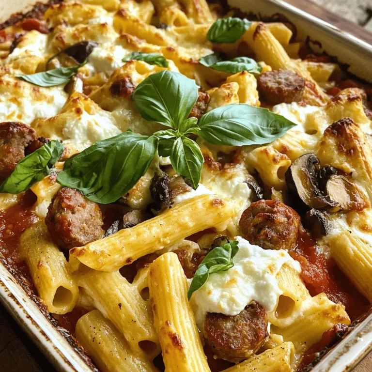 - 8 ounces penne pasta - 1 pound Italian sausage, casings removed - 8 ounces mushrooms, sliced (such as cremini or button) - 1 medium onion, diced - 2 cloves garlic, minced - 1 can (28 ounces) crushed tomatoes - 1 teaspoon dried oregano - 1 teaspoon dried basil - 1/2 teaspoon red pepper flakes (optional) - 1 cup ricotta cheese - 2 cups shredded mozzarella cheese - 1/2 cup grated Parmesan cheese - Salt and pepper to taste - Fresh basil leaves for garnish To make the best baked penne, gather these ingredients first. I love using fresh mushrooms for their rich flavor. Italian sausage adds a nice kick, but you can choose mild or spicy based on your taste. Dried herbs like oregano and basil give the dish depth. The cheeses are key to making this dish creamy and cheesy. I prefer using whole milk ricotta for its richness. Mozzarella melts beautifully, while Parmesan gives a savory crunch on top. - Prep Time: 15 minutes - Cook Time: 35 minutes - Servings: 6 This recipe serves six people, making it great for family dinners or gatherings. Prep time is quick at just 15 minutes. With 35 minutes of cook time, you can have a hearty meal ready in no time. For the full recipe, check out the instructions later in the article. - Preheat the oven to 375°F (190°C). - Cook the penne pasta in boiling salted water until al dente, about 8-10 minutes. - Brown the Italian sausage in a skillet, breaking it apart with a spoon. - Add diced onion and mushrooms, cooking until soft, about 5 minutes. - Mix in minced garlic and cook for an additional minute. - Add in crushed tomatoes and seasonings, simmering for 10 minutes. - Mix cooked penne with sauce, ricotta, and half of the mozzarella. - Transfer to a greased baking dish and top with remaining cheese. - Bake for 25-30 minutes until the cheese is bubbly. - Cool for a few minutes and garnish with fresh basil. To get the best cheese melt, use fresh mozzarella. It will melt nicely and stretch. Grate your own cheese instead of using pre-shredded. The latter often has anti-caking agents. For sausage, I recommend brands like Johnsonville or Italian Market. They offer great flavor and seasoning. Look for high-quality ricotta for a creamy texture. Pair your baked penne with a simple side salad. A green salad with lemon vinaigrette works well. Garlic bread is another great choice; it adds crunch. For presentation, serve right from the baking dish. Add fresh basil leaves on top for color. A light sprinkle of Parmesan adds a nice touch. One common mistake is overcooking the pasta. Cook it just until al dente, or it will become mushy. Another pitfall is under-seasoning the sauce. Taste as you cook and adjust with salt and pepper. This ensures a well-balanced flavor. Remember, the sauce should be tasty on its own. {{image_2}} You can easily make this dish vegetarian. Swap the Italian sausage for plant-based sausage. It gives a similar taste and texture. Add more veggies to boost flavors. Try zucchini, spinach, or bell peppers. These add color and nutrients. Roasted vegetables also work well, adding depth to your meal. Cheese plays a big role in this dish. You can mix different cheeses for unique flavors. Try using gouda or provolone along with mozzarella. If you run out of a cheese, don’t worry! You can use cream cheese or even cottage cheese. Each option changes the taste, making it fun to experiment. Want more heat? Add red pepper flakes or diced jalapeños to the mix. You can also swap in fresh herbs like thyme or parsley. They bring a fresh taste to the dish. If you love bold flavors, add smoked paprika or Italian seasoning. This makes your baked penne stand out with every bite. To keep your baked penne fresh, let it cool first. Place it in an airtight container. You can store it in the fridge for up to four days. When you are ready to enjoy it again, reheat it in the oven. Set the oven to 350°F (175°C). Cover the dish with foil to prevent drying out. Heat for about 20 minutes or until warm. If you want to save baked penne for later, freezing is a great option. First, let the dish cool completely. Then, wrap it tightly in plastic wrap and foil. This helps to keep the air out. You can freeze it for up to three months. When you are ready to eat it, take it out of the freezer. Move it to the fridge to thaw overnight. Reheat it in the oven at 350°F (175°C) for about 30 to 40 minutes. Check it often to make sure it heats evenly. Enjoy your meal without the fuss of cooking again! Yes, you can use other pasta shapes. Try rigatoni or ziti for a fun twist. Just choose pasta that holds sauce well. Cook it until al dente, as you would penne. This helps it stay firm during baking. If you need a ricotta replacement, consider cottage cheese or cream cheese. Both options can work well. You can also try blending tofu for a dairy-free option. Just season it with a bit of salt for flavor. To reheat, use your oven for the best results. Cover the dish with foil to keep moisture in. Heat at 350°F (175°C) until warm, about 20 minutes. You can add a splash of water if needed for extra moisture. Yes, you can prepare baked penne in advance. Assemble it in the dish, then cover it tightly. Store it in the fridge for up to a day. When ready to bake, just pop it in the oven. Adjust the baking time if it is cold from the fridge. For the full recipe, check the earlier section. This baked penne recipe is simple and satisfying, with plenty of tasty ingredients. Cooking the sausage and mixing it with the pasta brings great flavor. Don't forget to experiment with variations and avoid common mistakes. Use fresh herbs to enhance every bite. Whether serving guests or enjoying leftovers, you'll love this dish. It’s great for any meal. I hope you enjoy making it as much as I do!