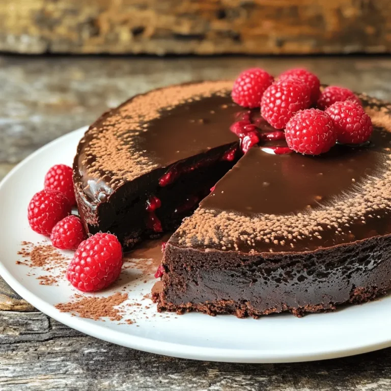 - 8 oz (225g) dark chocolate (70% cocoa), chopped - ½ cup (115g) unsalted butter - ¾ cup (150g) granulated sugar - 3 large eggs - 1 teaspoon vanilla extract - 1/3 cup (40g) unsweetened cocoa powder - 1 cup fresh raspberries (plus extra for garnish) - 2 tablespoons honey To make a Flourless Chocolate Torte, you need quality ingredients. Dark chocolate gives the torte its rich taste. I love using chocolate with at least 70% cocoa. It adds depth to the flavor. Unsalted butter keeps the taste clean and fresh. Granulated sugar helps balance the bitterness of the chocolate. Eggs are key. They provide structure and moisture. Vanilla extract adds a hint of warmth. Unsweetened cocoa powder intensifies the chocolate flavor. Fresh raspberries offer a bright and tart swirl in the torte. Honey sweetens the raspberry mixture and brings it together. - Whipped cream - Extra raspberries - Cocoa powder for dusting Garnishes can elevate your torte. A dollop of whipped cream adds creaminess. Extra raspberries give a pop of color and freshness. Dusting cocoa powder on top looks elegant and adds flavor. Use these garnishes to impress your guests. They make each slice even more special and delicious. For the full recipe, check out the [Full Recipe]. Start by greasing an 8-inch round cake pan. Use unsalted butter for this. Make sure to cover the entire bottom and sides. Next, line the bottom with parchment paper. This helps the torte come out easily after baking. Use a medium saucepan for this step. Add the chopped dark chocolate and butter to the pan. Keep the heat low to avoid burning. Stir constantly until both are fully melted and smooth. Once melted, remove the pan from the heat. Let it cool slightly before using. In a large mixing bowl, whisk together the granulated sugar and eggs. Whisk until the mixture is light and frothy, which takes about 2-3 minutes. After that, stir in the melted chocolate mixture and vanilla extract. Mix until everything is well combined. Now, sift in the cocoa powder. Gently fold it into the chocolate mixture. Make sure there are no dry spots left. To make the raspberry sauce, mash fresh raspberries in a small bowl. Add honey to the raspberries and mix until chunky. Pour half of the chocolate batter into the prepared pan. Then, drop spoonfuls of raspberry sauce over the batter. Use a skewer or toothpick to swirl the sauce gently. Pour the rest of the chocolate batter on top and smooth it out. Bake the torte in a preheated oven at 350°F (175°C) for 25-30 minutes. The edges should be set, but the center can be slightly soft. Once baked, let the torte cool in the pan for 10 minutes. Use a knife to run along the edges, then carefully invert it onto a serving plate. Remove the parchment paper. Chill the torte in the refrigerator for at least an hour before serving. This helps it set completely. Enjoy your delicious Flourless Chocolate Torte with Raspberry Swirl! For the complete steps, check the Full Recipe. To make your flourless chocolate torte shine, avoid common mistakes. One mistake is overmixing the batter. Mix gently to keep it light and airy. Another mistake is not checking the baking time. The torte should be set at the edges but still soft in the center. This gives the best texture. To ensure the right texture, follow the recipe closely. Use high-quality dark chocolate for rich flavor. Melt the chocolate and butter carefully. Too much heat can cause them to seize. When mixing in the eggs, whisk until frothy. This adds air, making the torte light. Pair your torte with light drinks like tea or coffee. The bitterness balances the sweetness. For sides, serve with fresh fruits or a dollop of whipped cream. This adds creaminess and complements the rich chocolate. For special occasions, presentation matters. Dust the top with cocoa powder for a classy touch. Garnish with fresh raspberries for color. Use a nice plate to make it look even more inviting. Enjoy showing off your creation! {{image_2}} You can play with flavors in your flourless chocolate torte! One great idea is to add espresso or coffee. Just stir in a tablespoon of instant espresso powder into the melted chocolate. This small change brings a rich depth and a slight bitterness that balances the sweetness. You’ll love the coffee notes mingling with the chocolate. Another fun option is to infuse the torte with orange zest. Grate the zest of one orange and mix it into the chocolate batter. This adds a bright, citrusy twist that lifts the dessert. The orange flavor pairs beautifully with chocolate, creating a fresh taste experience. If you need a gluten-free option, you can use gluten-free chocolate. Look for brands that clearly label their chocolate as gluten-free. This ensures that your torte remains safe for those with gluten allergies. You can also add alternative gluten-free flour options. Almond flour is a popular choice that adds a nutty flavor and moistness. Just replace a small part of the cocoa powder with it. This adds a slight texture while keeping the torte rich and dense. For the full recipe, you can easily whip up this torte that everyone will adore! To keep your flourless chocolate torte fresh, refrigerate it. Wrap the torte in plastic wrap or store it in an airtight container. This keeps it moist and tasty. Make sure the torte cools completely before wrapping it. For best results, enjoy the torte within five days of making it. You can freeze the torte for longer storage. First, wrap the cooled torte in plastic wrap. Then, place it in a freezer-safe bag or container. This keeps out air and prevents freezer burn. The torte lasts up to three months in the freezer. To thaw, take the torte out and leave it in the fridge overnight. For a quicker method, you can let it sit at room temperature for a few hours. Once it’s thawed, it will taste just as good! Check the [Full Recipe] for more tips on making and enjoying this delicious dessert. To check for doneness, look at the edges. They should be set while the center looks slightly soft. A good test is to gently shake the pan; the middle should wobble a bit but not be liquid. A perfect bake has a shiny top and a slight crack around the edges. Yes! You can try strawberries, blueberries, or even peaches. Each fruit gives a fun twist. Just mash them like the raspberries. Keep the honey amount the same for sweetness. To make the torte dairy-free, use dairy-free butter and dark chocolate. Look for brands that specify they are dairy-free. You can also use coconut oil as a butter substitute. I love serving this torte with a scoop of vanilla or raspberry sherbet. Fresh fruits add a nice touch too. You can also add a dollop of whipped cream for extra creaminess. This flourless chocolate torte is a rich, indulgent delight. We covered key ingredients, like dark chocolate and fresh raspberries. The steps for making this dessert are easy to follow. You’ll avoid common pitfalls for the perfect texture. Time spent on presentation and garnishes makes your torte shine. Remember, you can customize it with flavors and fruits. With proper storage, it will last longer. Serve it right, and it becomes a hit at any gathering. Enjoy making this dessert that brings joy and satisfaction. You’ll impress everyone with your skills!