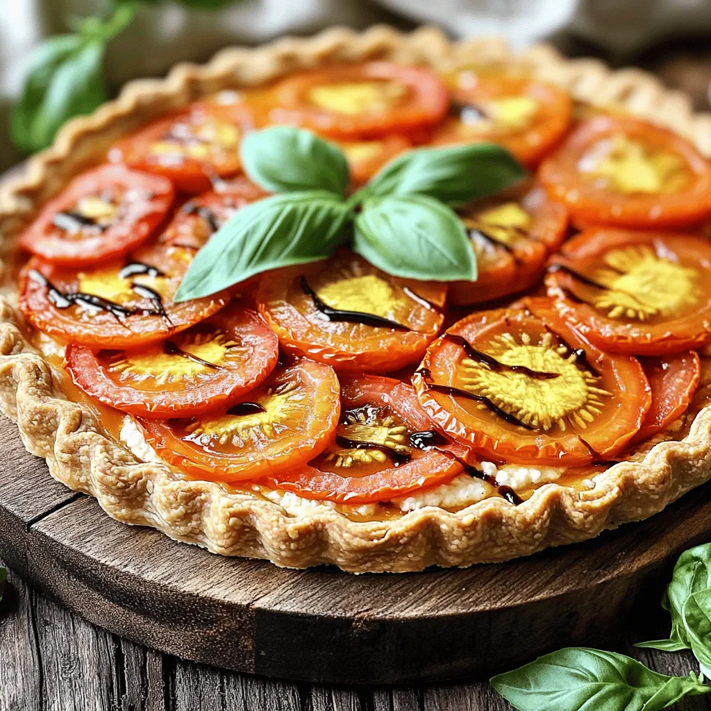 For the Ultimate Tomato Pie, you'll need fresh and simple ingredients. Here’s what you need: - 2 cups all-purpose flour - 1 teaspoon salt - 1/2 teaspoon baking powder - 1/2 cup unsalted butter, chilled and cubed - 6 tablespoons cold water - 4 large ripe tomatoes, sliced - 1 cup ricotta cheese - 1 cup shredded mozzarella cheese - 1/2 cup grated Parmesan cheese - 1/4 cup fresh basil leaves, chopped - 2 cloves garlic, minced - Salt and pepper to taste - 1 tablespoon olive oil - 1 teaspoon balsamic vinegar Using fresh tomatoes is key for flavor. Ripe tomatoes bring sweetness and juiciness to your pie. They should feel firm and smell fragrant. Always choose in-season tomatoes for the best taste. If you can, visit a local farmer’s market for the freshest picks. The quality of your tomatoes makes a big difference in the final dish. Cheese adds richness to the pie. I love using three types: ricotta, mozzarella, and Parmesan. Ricotta gives a creamy texture. Mozzarella melts beautifully and adds stretch. Parmesan adds a sharp, salty bite. You can mix them for the best flavor. Don't forget to sprinkle some salt and pepper to enhance the cheese’s taste. Each cheese plays a role in making your pie delicious and memorable. For a complete guide, check out the Full Recipe. To start, gather your ingredients. You need flour, salt, baking powder, butter, and cold water. Mix the flour, salt, and baking powder in a bowl. Next, add the cold butter. Use your fingers or a pastry cutter to blend until it looks like crumbs. Then, add cold water, one tablespoon at a time. Mix until the dough holds together. Shape it into a ball. Wrap it in plastic and refrigerate for 30 minutes. This chilling time makes the crust flaky. While the dough chills, focus on the filling. Heat olive oil in a skillet over medium heat. Add minced garlic and sauté for about a minute. You want it fragrant but not brown. Slice your tomatoes and lay them on paper towels. Sprinkle a little salt on top. This helps remove extra moisture. After 10 minutes, pat them dry. In a bowl, mix ricotta, mozzarella, Parmesan, garlic, basil, salt, and pepper. This cheesy mixture will be the star of your pie. Once the dough is ready, roll it out on a floured surface. Make sure it fits your 9-inch pie pan. Carefully transfer it to the pan and trim the edges. Spread the cheese mixture evenly across the crust. Then, layer the dried tomato slices on top. Drizzle balsamic vinegar over the tomatoes. This adds a nice zing. Bake the pie in your preheated oven for 30 to 35 minutes. You want the tomatoes to bubble and the crust to turn golden. After baking, let it cool for 10 minutes. Now, you’re ready to slice and serve your ultimate tomato pie! For the full recipe, check out the details above. To make a great pie crust, start with cold ingredients. Use chilled butter and ice-cold water. This keeps the dough flaky. Mix the flour, salt, and baking powder in a bowl. Then add the cubed butter. Use your fingers or a pastry cutter. Mix until it looks like crumbs. Gradually add cold water. Do this slowly, a tablespoon at a time. Stop when the dough holds together. Wrap it in plastic and chill for thirty minutes. This step is key for a tender crust. Seasoning makes your tomato pie shine. Use fresh herbs like basil and thyme for great taste. Mince garlic for added depth. Always taste as you mix. A pinch of salt and pepper can boost flavors. Don’t forget to sprinkle salt on the tomato slices. This helps remove excess moisture and enhances their flavor. A drizzle of balsamic vinegar before baking adds a nice tang. Each layer of flavor counts! Let your pie cool for about ten minutes before slicing. This helps it set nicely. Serve warm or at room temperature. For a beautiful presentation, place slices on a wooden platter. Garnish with fresh basil leaves and a drizzle of olive oil. This makes your dish look and taste gourmet. You can also pair it with a fresh salad or a glass of crisp white wine. Enjoy the burst of flavors! For the full recipe, check out [Full Recipe]. {{image_2}} You can add many herbs and spices to enhance your tomato pie. Fresh herbs like thyme or oregano work well. You can mix in dried herbs if fresh ones are not available. For a kick, try adding red pepper flakes. They add warmth and depth. You can also sprinkle some smoked paprika for a unique flavor twist. Mixing these into the cheese filling can make a big difference. While ricotta and mozzarella are classic choices, feel free to experiment. Goat cheese adds a tangy taste that pairs nicely with tomatoes. Feta cheese brings a salty bite, which contrasts well with the sweetness of the tomatoes. If you like a stronger flavor, try blue cheese. Mixing different cheeses can create a rich and exciting taste. Just remember to balance flavors so one doesn’t overpower the others. You can boost your tomato pie with extra vegetables. Sautéed spinach or kale adds great color and nutrition. Zucchini or bell peppers can add crunch and sweetness. Mushrooms provide a nice umami flavor. You can even toss in roasted garlic for a deeper taste. Just make sure to pat the veggies dry before adding them to keep the crust from getting soggy. This way, you keep the pie delicious and fresh. For the full recipe, check out the [Full Recipe]. To store leftover tomato pie, let it cool completely. Cover it tightly with plastic wrap or aluminum foil. You can also place it in an airtight container. This will keep it fresh for up to three days in the fridge. Keeping it sealed helps prevent it from drying out. When you want to enjoy your leftover tomato pie, preheat your oven to 350°F (175°C). Place the slices on a baking sheet. Cover them with aluminum foil to keep them moist. Heat for about 15 to 20 minutes. This will keep the crust crispy and the cheese warm. Avoid using the microwave, as it can make the pie soggy. If you want to save your tomato pie for later, freezing is a great option. Cut the pie into slices. Wrap each slice in plastic wrap, then place them in a freezer bag. Try to remove as much air as possible. You can freeze the slices for up to three months. When you're ready to eat, thaw in the fridge overnight. Then reheat in the oven for a delicious meal. Remember, freezing keeps the flavors intact for your future enjoyment! The best way to slice tomatoes for pie is to use a sharp knife. Start by cutting off the stem end. Then, slice the tomatoes into even pieces, about 1/4 inch thick. This thickness helps the tomatoes cook well and keeps the pie from getting too soggy. After slicing, place the tomato slices on a paper towel and sprinkle them with salt. Let them sit for about 10 minutes. This helps remove excess moisture, which is key for a crisp crust. Yes, you can make the dough ahead of time. I often prepare it the night before. After mixing the dough, shape it into a ball and wrap it in plastic wrap. Place it in the fridge until you are ready to use it. This not only saves time but also lets the dough chill, which makes it easier to roll out later. Just remember to take it out of the fridge about 10 minutes before rolling. The Ultimate Tomato Pie lasts about 3 to 5 days in the fridge. To store it, cover the pie with plastic wrap or foil. This keeps it fresh and helps prevent it from drying out. When you're ready to eat it, you can enjoy it cold or reheat it in the oven. Just heat it at 350°F (175°C) for about 10-15 minutes until warm. This will help refresh the flavors and crust. For the full recipe, check out the earlier section! You’ve learned how to make the Ultimate Tomato Pie. Fresh tomatoes and great cheese are key. A well-made crust makes all the difference. Remember to season well for added flavor. You can also mix in herbs, spices, or veggies for a twist. Store leftovers properly and reheat them to enjoy later. With these tips and instructions, you're set for success. Enjoy your pie and the smiles it brings!