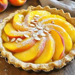 - 1 pre-made pie crust (9-inch) - 4 ripe peaches, thinly sliced - 1/4 cup granulated sugar - 1 tablespoon cornstarch - 1 teaspoon vanilla extract - 1/2 teaspoon almond extract - 1/2 teaspoon cinnamon - 1 tablespoon lemon juice - 1 egg (for egg wash) - 2 tablespoons sliced almonds (for topping) - Powdered sugar (for dusting) The key to a great peach tart lies in choosing ripe peaches. You want them soft but not mushy. The sweetness of fresh peaches shines through in this recipe. The pie crust is also important. A pre-made crust saves time and still tastes great. You can use a homemade crust if you prefer, but it’s not necessary. I love using cornstarch for the filling. It thickens the juices and keeps everything from getting too runny. The vanilla and almond extracts give the tart a nice depth of flavor. A touch of cinnamon adds warmth. Don't forget the lemon juice! It brightens the peaches and balances the sweetness. For the egg wash, whisk the egg well. This will give your crust a lovely golden color when baked. Finally, the sliced almonds on top add a nice crunch. They look pretty, too! For a finishing touch, dust the tart with powdered sugar before serving. This makes it feel fancy without much effort. If you want to make this tart, you can find the full recipe mentioned earlier. It is a perfect blend of flavor and ease, making it a must-try for any home cook. - Preheat the oven to 375°F (190°C). - Roll out the pre-made pie crust into a 9-inch tart pan. - Prick the crust with a fork to prevent bubbling. - In a large bowl, combine peach slices, sugar, cornstarch, vanilla extract, almond extract, cinnamon, and lemon juice. - Toss the mixture until the peaches are well coated. - Pour the peach filling into the tart shell, spreading it evenly. - Fold the edges of the dough over the peaches for a rustic look. - Brush the exposed crust with a whisked egg for a golden finish. - Sprinkle sliced almonds over the peach filling. - Bake for 30-35 minutes until the crust is golden and bubbly. This simple process creates a delightful peach tart that is sure to impress. For the complete recipe, check the Full Recipe. - Choosing the right peaches for sweetness and texture: Look for ripe peaches that give slightly when pressed. They should smell sweet. Avoid hard or bruised peaches. Freestone peaches are easier to slice and work best. - How to achieve a flaky crust: Keep your pie crust cold. If it warms up, it can get tough. When rolling it out, use a light touch. Don’t stretch it, as this can lead to shrinkage during baking. - Egg wash application for golden color: Beat one egg and brush it on the edges of the crust. This gives a nice golden brown finish. Make sure to apply it evenly for the best look. - Pairing the tart with ice cream or whipped cream: A scoop of vanilla ice cream or a dollop of whipped cream adds creaminess. The cold treats balance the warm tart perfectly. - Best serving temperature for taste: Serve your peach tart warm or at room temperature. This enhances the flavor of the peaches and crust. - Overfilling the tart shell: Keep the filling to a moderate amount. Too much filling can cause it to overflow and make a mess in the oven. - Not pre-baking the crust: If you skip pre-baking, the crust can become soggy. Pre-baking helps it stay crisp and hold up to the juicy filling. Remember to explore the [Full Recipe] for a complete guide to making this delicious peach tart! {{image_2}} You can change the taste of your peach tart. Adding berries like blueberries or raspberries makes it fruity. You can also mix in other fruits, such as sliced strawberries or plums. These fruits add color and a new taste. Another idea is to use spices. Nutmeg or cardamom can give your tart a warm flavor. Just a pinch can change everything. They work well with peaches and give a cozy feel. If you need a gluten-free tart, use gluten-free pie crust. Many brands offer tasty options. You can also make your own with almond flour or rice flour. This way, everyone can enjoy the tart. For a vegan option, skip the egg wash. Instead, brush the crust with almond milk or coconut milk. This will give a nice shine without using eggs. You can make mini tarts instead of one big one. This is fun for parties. Just use smaller pie crusts and fill them like the big tart. Kids love these little treats! Serving your tart with a fruit compote adds a special touch. Just cook some berries with sugar until they break down. This warm sauce next to the tart will impress your guests. For the full recipe, check out the detailed instructions. To keep your peach tart fresh, you have two options. If you plan to eat it within a day, store it at room temperature. Just place it on a plate and cover it with a clean kitchen towel. This helps keep the crust crisp. If you want to save it for a few more days, pop it in the fridge. First, let it cool completely. Then, cover it with plastic wrap or aluminum foil. This keeps it fresh and prevents it from drying out. When you're ready to enjoy leftovers, reheating is key. The best method is to use an oven. Preheat it to 350°F (175°C). Place the tart on a baking sheet and heat for about 10-15 minutes. This warms it up without making the crust soggy. If you only want a slice, place it on a microwave-safe plate. Heat it in the microwave for about 30 seconds. This method is quick but may soften the crust. You can freeze the peach tart, but timing matters. If you freeze before baking, wrap it tightly in plastic wrap. Then, place it in a freezer bag. You can bake it straight from the freezer, just add a few extra minutes to the baking time. If you freeze after baking, let it cool completely. Then, wrap it well and store it in the freezer. To thaw, place it in the fridge overnight. Reheat it in the oven for the best taste and texture. For the complete recipe, check out the Full Recipe section. Enjoy your delicious peach tart! An easy peach tart lasts about 3 to 4 days in the fridge. To keep it fresh, store it in an airtight container. Look for signs of spoilage like a soggy crust or mold. If you see or smell anything odd, it’s best to toss it. Yes, you can use canned peaches. They save time and are easy to find. However, the flavor and texture will be different. Canned peaches may be softer and sweeter. Make sure to drain them well to avoid excess liquid in your tart. If you need an alternative to almond extract, try vanilla extract. It gives a nice flavor but will change the taste slightly. You can also use a few drops of orange or lemon extract for a bright twist. These options will still make your tart delicious and unique. In this blog post, we explored how to make a delicious peach tart. We covered the ingredients you need and the steps for preparing and baking the tart. I shared pro tips for a perfect crust and ways to customize your filling. Remember to avoid common mistakes like overfilling your tart shell. With these tips and tricks, you can create a sweet treat that impresses. Enjoy your baking journey and savor every bite of your perfect peach tart!
