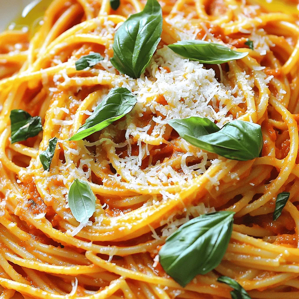 - 3 large red bell peppers - 2 tablespoons olive oil - 3 cloves garlic, minced - 1 small onion, diced - 1 teaspoon crushed red pepper flakes - 1 cup vegetable broth - 1 cup heavy cream (or coconut cream for a dairy-free option) - 1 pound spaghetti or your pasta of choice - ½ cup grated Parmesan cheese (or nutritional yeast for a vegan option) - Salt and pepper to taste - Fresh basil leaves, for garnish - Baking sheet - Blender or immersion blender - Large skillet - Pot for boiling pasta This dish is not only tasty but also filling. Each serving has about 450 calories. You get healthy fats from the cream and olive oil. It has about 15 grams of fat, 55 grams of carbs, and 12 grams of protein. The heavy cream gives it that rich taste. Roasting the red peppers adds a sweet flavor. They turn soft and bright. You’ll enjoy the garlic and onion too. They mix well with the peppers. If you like a little heat, add crushed red pepper flakes. This meal is great for weeknights. It takes about 45 minutes to make. Plus, it’s fun to cook! You can share it with friends or family. Don’t forget, you can find the Full Recipe in the article. - Preheat your oven to 450°F (230°C). - Place the three large red bell peppers on a baking sheet. - Roast the peppers for 20-25 minutes until the skins are charred and blistered. - Remove them from the oven and let them cool for a bit. - Once cool, peel off the charred skin and remove the seeds. - In a large skillet, heat 2 tablespoons of olive oil over medium heat. - Add one small diced onion and sauté until it’s soft, about 3-4 minutes. - Stir in three minced garlic cloves and 1 teaspoon of crushed red pepper flakes for some heat. Cook for one more minute. - Add the roasted red peppers, chopped, to the skillet. - Pour in 1 cup of vegetable broth and season with salt and pepper. - Use an immersion blender to puree the mixture until smooth. - Stir in 1 cup of heavy cream and let it simmer gently for 5-7 minutes until slightly thickened. - Boil 1 pound of spaghetti in a large pot of salted water until al dente. - Drain the pasta, keeping ½ cup of the pasta water. - Toss the drained pasta with the creamy sauce until well coated. - If the sauce is too thick, add a splash of the reserved pasta water. - Plate the pasta into bowls, topping with ½ cup of grated Parmesan cheese. - Garnish with fresh basil leaves for a pop of color. - A drizzle of olive oil on top adds a nice touch. - Serve with garlic bread to complete the meal. For detailed steps, refer to the Full Recipe. To roast peppers, start with the right temperature. Preheat your oven to 450°F (230°C). Place the red bell peppers on a baking sheet. Roast them for 20-25 minutes. Turn them often until their skins are charred. This gives them a nice smoky flavor. You can also roast peppers on a grill. Just place them directly over the flame and turn until charred. Another option is the stovetop. Use tongs to hold each pepper over a flame. This method adds a nice char as well. You can change the heat in your dish easily. For a mild flavor, skip the crushed red pepper flakes. If you want more heat, add more flakes. You can also use fresh chili peppers for a kick. To enhance flavor, consider adding fresh herbs. Basil and parsley work well. You can also add a splash of balsamic vinegar. It adds depth and brightness to the sauce. Making the sauce dairy-free is simple. Swap heavy cream for coconut cream. It gives a rich texture without dairy. You can also use cashew cream for a nut-based option. For a thicker sauce, let it simmer longer. This helps the flavors develop and the sauce to thicken. You can also add a bit of cheese to help with thickness. Nutritional yeast is a great option for a vegan twist. For the Full Recipe, check the recipe section above. {{image_2}} You can easily add protein to your roasted red pepper pasta. Here are some tasty options: - Chicken: Cook and slice grilled or sautéed chicken. Toss it in just before serving. - Shrimp: Sauté shrimp until pink and add them to the pasta. They cook quickly and add great flavor. - Tofu: For a plant-based choice, use firm tofu. Sauté it until golden, then mix it in with the sauce. These additions make the dish heartier and more filling. If you want to keep it vegetarian or vegan, consider these ideas: - Spinach: Add fresh spinach to the sauce for extra greens. It wilts down nicely and adds color. - Mushrooms: Sauté sliced mushrooms with the onion and garlic. They bring a nice umami flavor. - Chickpeas: Add canned chickpeas for protein. They also help to make the dish more filling. These swaps keep the meal tasty while catering to different diets. You can choose various pasta types based on your needs: - Gluten-Free Pasta: Look for gluten-free brands made from rice or chickpeas. They work great with the sauce. - Whole Grain Pasta: Whole grain options add fiber and a nutty flavor. They make the dish more nutritious. - Pasta Shapes: You can try different shapes like penne or fusilli. They hold onto the sauce well. These choices ensure everyone can enjoy this creamy delight. For the Full Recipe, check out the main article. To keep your roasted red pepper pasta fresh, store it in an airtight container. This method prevents moisture loss and keeps flavors intact. You can refrigerate it for up to three days. After that, the taste and texture may change. You can freeze portions of this pasta for later enjoyment. Let it cool completely before packing. Use freezer-safe containers or bags. This way, you can keep it for up to three months. To thaw, move it to the fridge overnight. Reheat on the stove or in the microwave. To enjoy the best taste, reheat your pasta gently. Use low heat on the stove with a splash of water or olive oil. Stir often to avoid sticking. If using a microwave, cover it with a damp paper towel. This keeps moisture in and helps heat evenly. Enjoy your creamy delight again! Yes, you can! This dish is great for meal prep. Cook the pasta and sauce separately. Store them in airtight containers. The sauce keeps well in the fridge for up to three days. When ready to eat, just reheat the sauce and cook the pasta fresh. This keeps everything tasty and fresh! I love serving this pasta with garlic bread or a fresh salad. A crisp Caesar salad adds a nice crunch. You can also pair it with steamed veggies for a healthy side. For a heartier meal, try grilled chicken or shrimp as a protein option. To add heat, use more crushed red pepper flakes. You could also add diced jalapeños to the sauce. If you enjoy a smoky flavor, try chipotle peppers in adobo sauce. They bring heat and a unique taste. Just remember to adjust the spice level to your liking! Roasted Red Pepper Pasta stands out due to its rich and creamy sauce. The roasted peppers provide a sweet, smoky flavor. Combining them with garlic and cream creates a delightful taste. Plus, you can customize it with different cheeses or proteins. It’s an easy way to enjoy gourmet flavors at home! You can find the Full Recipe [here](#). It has all the details you need to make this delicious dish! This blog post covers a tasty Roasted Red Pepper Pasta recipe. We discussed ingredients, equipment, and step-by-step instructions. You learned how to roast peppers and make a creamy sauce. We shared storage tips and creative variations to suit your needs. In conclusion, cooking this dish is simple and fun. You can customize it to fit any taste. Enjoy this bright, flavorful meal with friends or family. Embrace your inner chef and make this recipe yours!