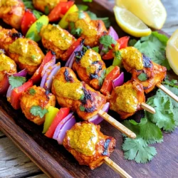 To make Tandoori Chicken Tikka Skewers, you need a few main items. The star is chicken. I prefer using boneless chicken thighs for tenderness. Here are the key ingredients: - 1 lb boneless chicken thighs, cut into bite-sized pieces - 1 cup plain yogurt - 2 tablespoons tandoori masala - 1 tablespoon lemon juice - 1 tablespoon ginger-garlic paste - 1 teaspoon turmeric powder - 1 teaspoon cumin powder - Salt to taste - 1 tablespoon vegetable oil The marinade gives the chicken its rich flavor. You mix simple ingredients to create it. The yogurt helps tenderize the chicken. Here's what to include in the marinade: - 1 cup plain yogurt - 2 tablespoons tandoori masala - 1 tablespoon lemon juice - 1 tablespoon ginger-garlic paste - 1 teaspoon turmeric powder - 1 teaspoon cumin powder - Salt to taste - 1 tablespoon vegetable oil You can let the chicken sit in this mix for at least one hour. This helps the flavors soak in. Adding veggies makes your skewers colorful and tasty. I like to use bell peppers and red onions. They add crunch and sweetness. You can also try: - 1 bell pepper (red or green), cut into chunks - 1 red onion, cut into chunks Feel free to add other vegetables like zucchini or mushrooms. They will soak up the marinade well. You can see the full recipe for more details on how to prepare this dish! To start, gather your ingredients. You need plain yogurt, tandoori masala, lemon juice, ginger-garlic paste, turmeric, cumin, salt, and vegetable oil. In a large bowl, mix these items well. This marinade gives the chicken its rich flavor. The yogurt helps to tenderize the chicken, making it juicy. The spices create a warm, aromatic taste. Next, add the bite-sized chicken pieces to your marinade. Make sure each piece is well-coated. This step is crucial for flavor. Cover the bowl tightly and place it in the fridge. Allow the chicken to marinate for at least one hour, but overnight is best. The longer it sits, the more flavorful it becomes. Now, it’s time to cook! Preheat your grill or oven to 400°F (200°C). If you use wooden skewers, soak them in water for about 30 minutes. This prevents them from burning. Thread the marinated chicken onto the skewers, alternating with bell pepper and red onion chunks. This adds color and crunch. Place the skewers on the grill or a baking tray. Cook for 10-15 minutes, turning often. The chicken should be cooked thoroughly, reaching an internal temperature of 165°F (75°C). Once done, let the skewers rest for a few minutes before serving. Enjoy your Tandoori Chicken Tikka Skewers hot, garnished with fresh cilantro and lemon wedges. For the full recipe, check out the details above. To get the best flavor, use fresh spices. Fresh spices give a strong taste. Tandoori masala is key. It brings warmth and depth. Mix it well with yogurt. The yogurt helps tenderize the chicken. Don’t rush this step; marinate for at least 1 hour. For even better flavor, marinate overnight. This allows the spices to soak in. Cooking over high heat is best. It seals in juices and keeps the chicken moist. If using a grill, preheat it well. For an oven, set it to 400°F (200°C). Check the chicken often. You want it to be slightly charred, but not dry. Aim for an internal temperature of 165°F (75°C). Let the skewers rest after cooking. This helps the juices settle. Serve these skewers hot. They pair well with fresh cilantro and lemon. Add a side of naan or rice for a complete meal. A cooling yogurt dip can balance the spice. Try a simple salad for a fresh crunch. For more ideas, check the Full Recipe. Enjoy! {{image_2}} If you want a meat-free dish, try Tandoori Paneer Tikka. Use paneer instead of chicken. The marinade works just as well. Paneer absorbs flavors nicely. Cut the paneer into cubes. You can add the same spices and yogurt. This dish is colorful and tasty. You can even use veggies like zucchini and mushrooms. Grill or bake until golden. It's a great choice for vegetarians. For seafood lovers, grilled seafood tikka is a fantastic option. Shrimp or fish works best. The marinade adds a unique taste. Just ensure the seafood is fresh. Soak large shrimp or fish pieces in the marinade. Skewer them with bell peppers and onions. Cook until the seafood is opaque and firm. This dish is light and perfect for summer meals. Want to change the heat? You can easily adjust the spice level. For milder flavors, reduce the tandoori masala. Add more yogurt to balance the heat. For a spicier kick, add chili powder or cayenne. You can also serve with a cooling yogurt sauce. This way, everyone can enjoy their meal just how they like it. Adjusting spices makes this dish fun and personal. You can store leftover Tandoori Chicken Tikka Skewers in the fridge. Place them in an airtight container. They stay fresh for about 3 to 4 days. Make sure they cool down before sealing the container. This helps keep the chicken juicy and tasty. If you want to save some skewers for later, freezing is a great option. Wrap each skewer in plastic wrap. Then, place them in a freezer bag. They can last for up to 3 months in the freezer. When you're ready to eat, thaw them in the fridge overnight. To reheat, you can use the oven or a grill. Preheat your oven to 350°F (175°C). Place the skewers on a baking sheet and heat for about 10 minutes. If using a grill, cook them over medium heat for 5 to 7 minutes. This keeps them moist and flavorful. Always check the internal temperature to ensure it's hot all the way through. Enjoy your meal! You can serve Tandoori Chicken Tikka Skewers with many tasty sides. I love pairing them with basmati rice or naan. A fresh cucumber salad adds a nice crunch. You can also offer mint chutney for a cooling dip. These flavors blend well and create a fun meal. Yes, you can use chicken breasts if you prefer. Breasts are leaner than thighs. They cook faster, so watch them closely. Adjust the cooking time to avoid dryness. The taste will still be good with the marinade. For the best taste, marinate the chicken for at least one hour. If you have time, marinate overnight. This helps the spices soak in well. Longer marinating makes the chicken juicier and more flavorful. I recommend serving Tandoori Chicken Tikka with mint chutney. It’s fresh and complements the spice of the chicken. You can also try yogurt sauce or tamarind chutney. These sauces add a tasty contrast to the dish. Yes, you can make Tandoori Chicken Tikka in the oven. Preheat your oven to 400°F (200°C). Place the skewers on a baking tray. Cook for 10-15 minutes, turning them halfway. This method works well and still keeps the chicken juicy. For the full recipe, check the ingredients and steps above. You learned about making Tandoori Chicken Tikka Skewers. We covered key ingredients, step-by-step instructions, and tips for great flavor. You can also try variations like Tandoori Paneer Tikka or seafood options. Don't forget to store leftovers well and reheat them safely. Whether you want a fun meal or a quick snack, this dish is versatile and tasty. Try these tips for a flavorful, satisfying experience. Enjoy your cooking!