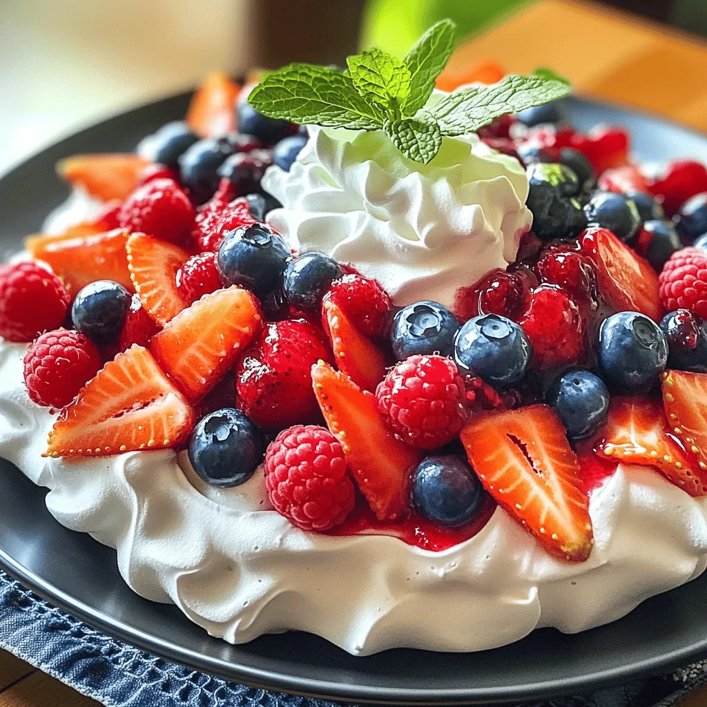 - 4 large egg whites - 1 cup granulated sugar - 1 cup heavy whipping cream - 1 cup mixed berries (strawberries, blueberries, raspberries) You need just a few ingredients to make Summer Berry Pavlova. The egg whites create a light and fluffy meringue. Granulated sugar adds sweetness and helps with the meringue's structure. Heavy whipping cream gives a rich, creamy topping, and mixed berries bring freshness and flavor. - Electric mixer - Baking sheet - Parchment paper An electric mixer makes whipping egg whites easy. A baking sheet is used for baking the meringue. Parchment paper keeps the meringue from sticking, making cleanup simple. - Fresh mint leaves Fresh mint leaves add a pop of color and a burst of flavor. They make your dessert look fancy and inviting. For the full recipe, check out the detailed instructions. With these ingredients and tools, you can create a stunning and delicious dessert. 1. First, preheat your oven to 250°F (120°C). Line a baking sheet with parchment paper. This step helps the meringue not stick. 2. Next, in a large mixing bowl, start whipping the egg whites. Use an electric mixer on medium speed until soft peaks form. This means the egg whites should hold a shape but still look a bit shiny. 3. Now, gradually add the granulated sugar, one tablespoon at a time. Keep beating on high speed until the mixture is glossy and firm peaks form. This means the meringue should stand tall and not fall. 4. Finally, gently fold in the white vinegar and cornstarch. This helps the meringue stay crisp on the outside and soft on the inside. 1. Spoon the meringue mixture onto the center of the lined baking sheet. Use a spatula to make a shallow nest shape with raised edges. This shape helps hold the cream and berries later. 2. Bake in the preheated oven for about 1 hour and 15 minutes. Check that the outside is dry and crisp. Once done, turn off the oven and let the meringue cool inside for at least an hour. This cooling time helps it set. 1. In a separate bowl, whip the heavy cream using an electric mixer. Add powdered sugar and vanilla extract. Mix until soft peaks form. This means the cream should hold its shape but still be soft. 2. Once the meringue is completely cool, carefully transfer it to a serving plate. This step requires gentle hands to keep it from cracking. 3. Spoon the whipped cream over the meringue. Then, top with mixed berries. You can use strawberries, blueberries, and raspberries for a colorful mix. 4. For an added touch, garnish with fresh mint leaves. This makes the dessert look pretty and adds a nice flavor. For complete details, you can check the Full Recipe for Summer Berry Pavlova. To make great meringue, start with room temperature egg whites. They whip up better. Cold egg whites do not reach their full volume. Make sure no yolk mixes in with the whites. Even a tiny bit can ruin your meringue. If you get yolk in the bowl, start over. You want your whipped cream to hold its shape but still be soft. To test this, lift the whisk. If the cream forms soft peaks, it’s ready. You can add flavor to the whipped cream too. Try vanilla, almond, or even a splash of coffee. Just mix it in before you whip. For a colorful dessert, add extra fruits like kiwi or peaches. You can drizzle sauces like chocolate or berry sauce for more flavor. When serving, arrange the berries neatly. A pretty presentation makes the dish even more tempting. Use fresh mint leaves to add a pop of color. For the full recipe, check out the complete steps above! {{image_2}} You can switch up the berries in your pavlova. Use seasonal fruits for a fresh twist. Strawberries, blueberries, and raspberries are classic picks. But don’t stop there! Try peaches or cherries in summer. You can also add citrus fruits like oranges or lemons for a zesty kick. Tropical fruits, like mango or pineapple, work well too. These fruits bring bright flavors and colors. Experiment with what you love and what’s in season! Let’s make your whipped cream even better. You can add spices like cinnamon or nutmeg for warmth. A dash of almond or coconut extract adds a lovely twist. Want to impress? Dust a little cocoa powder or finely grated chocolate on top. This gives a rich flavor and a beautiful look. These simple touches can elevate your dessert from good to great. Need a gluten-free option? Good news! Pavlova is naturally gluten-free since it uses egg whites and sugar. If you’re dairy-free, swap heavy cream for coconut cream. It whips up nicely and tastes great. Both options make your pavlova friendly for many diets. Enjoy the dessert without worry, and share it with friends who have dietary needs. To keep leftover pavlova fresh, place it in an airtight container. Store it at room temperature. Avoid refrigerating. The meringue can lose its crispness in the fridge. For best taste, eat it within two days. If you have extra meringue, store it separately. Place it in a different airtight container. Keep it in a cool, dry place. This way, it stays crisp longer. You can freeze pavlova components. First, freeze the meringue. Wrap it tightly in plastic wrap. Then place it in a freezer bag. This keeps it fresh for up to three months. For the cream and berries, freeze them in separate containers. Thaw them in the fridge before using. For the best texture, eat the meringue soon after thawing. Enjoy a fresh taste with your Summer Berry Pavlova. For the full recipe, check the main article. Yes, you can make pavlova in advance. I suggest making the meringue a day ahead. Just store it in a cool, dry place. You can whip the cream and add berries just before serving. This way, the meringue stays crisp, and the cream remains fresh. Meringue can collapse for a few reasons. If your egg whites had any yolk, it may not whip well. Over-mixing can also cause collapse. Make sure to whip just until you see firm peaks. Humidity can affect your meringue too. On humid days, use less sugar. Top berries for pavlova include strawberries, blueberries, and raspberries. These add vibrant color and sweet-tart flavor. You can also mix in blackberries for extra depth. Fresh mint leaves complement the berries nicely. They add a pop of color and a hint of freshness. Making pavlova is fun and rewarding. We covered the main ingredients, including egg whites and berries. You learned how to whip meringue and bake it to perfection. Don’t forget to top it with whipped cream and your favorite fruits. With my tips, you can avoid common mistakes that lead to a flat meringue. Explore variations to impress your guests. Enjoy crafting this sweet treat! It’s a dessert that never fails to delight.