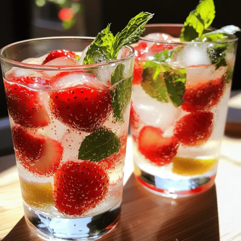- Fresh strawberries - Honey or agave syrup (optional) - Lemon juice - Sparkling water - Fresh mint leaves - Ice cubes For the best strawberry sparkling water, fresh strawberries are key. Choose ripe, juicy ones. They add a sweet touch that makes this drink shine. If your berries are tart, honey or agave syrup helps balance the flavor. Just a tablespoon works wonders! Next, add a splash of lemon juice. It brightens the drink and adds zing. Sparkling water brings the fizz. Choose your favorite brand or type. You can even use flavored sparkling water for a twist. Don’t forget fresh mint leaves! They enhance the drink's refreshing taste and make it look pretty. Lastly, ice cubes keep your drink cold and crisp. - Calories per serving: 60 - Sugar content: 12 grams (if using honey) - Vitamin content: High in Vitamin C Each serving of your strawberry sparkling water has about 60 calories. If you add honey, it increases the sugar content to 12 grams. Fresh strawberries give you a boost of Vitamin C, which is great for your immune system. - Antioxidants in strawberries - Hydration benefits of sparkling water - Low-calorie refreshment Strawberries are packed with antioxidants. These help fight harmful free radicals in your body. The sparkling water hydrates you while being low in calories. It's a perfect choice for a hot day or after exercise. This drink is not just tasty; it’s good for you too! Want to dive deeper? Check out the Full Recipe for more details on making this refreshing drink. To make this drink, start with fresh strawberries. First, hull them by removing the green tops. Then, slice the strawberries into small pieces. This makes it easy to mix them later. If your strawberries are sweet, you may not need any added sugar. If they are a bit tart, you might want to add honey or agave syrup. In a mixing bowl, combine the sliced strawberries, honey, and lemon juice. Use a fork to gently mash the strawberries. This allows their juices to mix with the honey and lemon. But be careful not to puree them. Let this mixture sit for about 10 minutes. This resting time helps the flavors blend nicely. Prepare your serving glasses by filling them with ice cubes. Then, add a few tablespoons of the strawberry mixture to each glass. Fill them about one-third full. Next, slowly pour the sparkling water over the mixture. Watch as the bubbles rise! Stir gently to mix everything together. Finally, garnish each glass with fresh mint leaves for a fun look. Enjoy your refreshing drink! For the full recipe, check out [Full Recipe]. To choose ripe strawberries, look for bright red color and a sweet smell. Avoid any berries with green or white spots. They will not be sweet enough. Taste a berry if you can. For sweetness, you can adjust honey or agave syrup to fit your taste. Start with one tablespoon and add more if needed. You can add other fruits like blueberries or peaches for fun. Fresh herbs like basil or rosemary also work well. Consider using flavored sparkling water for a twist. Try lemon, lime, or even berry-flavored options. Use unique glassware to make your drink pop. Mason jars, tall glasses, or even wine glasses look great. For gatherings, serve in a pitcher with ice. You can also add fruit slices or mint to the pitcher for a beautiful touch. {{image_2}} You can have fun with flavor in your strawberry sparkling water. One great mix is the strawberry citrus twist. Adding fresh orange or lime juice gives a bright kick. Just squeeze a little into the drink and stir. It adds a tangy taste that balances the sweetness of strawberries. Another tasty option is a berry blend. By mixing in blueberries or raspberries, you create a colorful drink. Each berry adds its unique flavor and texture. Try using equal parts of each berry for a yummy mix. If you want to make an adult drink, try a sparkling strawberry wine spritzer. Combine your strawberry mixture with a sparkling white wine. This gives your drink a festive touch. You can garnish it with fresh fruit slices or a sprig of mint. This makes it look fancy and fun. If you want a sugar-free drink, use stevia or monk fruit sweetener. These options keep the sweetness without the extra calories. Just add a small amount to your drink until it’s to your taste. For a natural touch, you can use ripe strawberries to sweeten your drink. The riper the berries, the sweeter they are. This way, you enjoy flavor without added sugar. Try these variations to make your strawberry sparkling water even more exciting! For the full recipe, check out my Strawberry Sparkling Sensation. To keep fresh strawberries tasty, store them in the fridge. Place them in a container lined with paper towels. This absorbs moisture and helps them last longer. Do not wash strawberries before storage, as this can cause mold. Wash them right before you eat or use them. For opened sparkling water, keep it in the fridge too. Seal it tightly with a cap or a stopper. This helps to keep the fizz. Drink it within a few days for the best taste. Yes, you can make the strawberry mixture ahead of time! Mix the strawberries, honey, and lemon juice. Allow it to sit for about 10 minutes. This lets the flavors mix well. Store the mixture in an airtight container. Keep it in the fridge. It will stay fresh for up to two days. Just give it a stir before using. The drink stays fresh for about 24 hours once mixed. After that, the strawberries may lose their crunch. The bubbles in the sparkling water will fade too. Watch for signs of spoilage. If the mixture smells sour or looks brown, it is time to throw it out. Always trust your nose and eyes! You can make strawberry sparkling water without sugar by using natural sweeteners. Options include stevia, monk fruit, or even ripe bananas. These alternatives give sweetness without added sugar. When using these, adjust the amount based on your taste. Yes, you can use frozen strawberries! They work well, but remember they may change the texture. Thaw them slightly before use. This helps release their juices. If you use frozen strawberries, you might skip the ice. This keeps your drink cool without dilution. Some great brands for sparkling water include La Croix, Perrier, and San Pellegrino. They have many flavors too. If you like a hint of fruit, try flavored sparkling waters. They add a fun twist to your drink! Yes, strawberry sparkling water is quite healthy! It offers several benefits: - Strawberries are rich in vitamins and antioxidants. - The sparkling water helps with hydration. - It’s low in calories, making it a great choice. So, enjoy this refreshing drink without the guilt! In this blog post, we explored how to create delicious strawberry sparkling water. We discussed key ingredients like fresh strawberries, lemon juice, and mint. You learned step-by-step instructions for preparation, mixing, and serving tips. I also shared health benefits, storage info, and fun variations. Enjoy making this refreshing drink. It’s an easy way to stay hydrated and add flavor to your day! Keep experimenting with different fruits and flavors for your perfect mix.