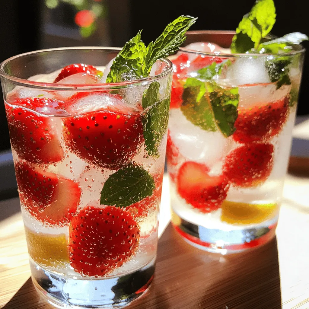 - Fresh strawberries - Honey or agave syrup (optional) - Lemon juice - Sparkling water - Fresh mint leaves - Ice cubes For the best strawberry sparkling water, fresh strawberries are key. Choose ripe, juicy ones. They add a sweet touch that makes this drink shine. If your berries are tart, honey or agave syrup helps balance the flavor. Just a tablespoon works wonders! Next, add a splash of lemon juice. It brightens the drink and adds zing. Sparkling water brings the fizz. Choose your favorite brand or type. You can even use flavored sparkling water for a twist. Don’t forget fresh mint leaves! They enhance the drink's refreshing taste and make it look pretty. Lastly, ice cubes keep your drink cold and crisp. - Calories per serving: 60 - Sugar content: 12 grams (if using honey) - Vitamin content: High in Vitamin C Each serving of your strawberry sparkling water has about 60 calories. If you add honey, it increases the sugar content to 12 grams. Fresh strawberries give you a boost of Vitamin C, which is great for your immune system. - Antioxidants in strawberries - Hydration benefits of sparkling water - Low-calorie refreshment Strawberries are packed with antioxidants. These help fight harmful free radicals in your body. The sparkling water hydrates you while being low in calories. It's a perfect choice for a hot day or after exercise. This drink is not just tasty; it’s good for you too! Want to dive deeper? Check out the Full Recipe for more details on making this refreshing drink. To make this drink, start with fresh strawberries. First, hull them by removing the green tops. Then, slice the strawberries into small pieces. This makes it easy to mix them later. If your strawberries are sweet, you may not need any added sugar. If they are a bit tart, you might want to add honey or agave syrup. In a mixing bowl, combine the sliced strawberries, honey, and lemon juice. Use a fork to gently mash the strawberries. This allows their juices to mix with the honey and lemon. But be careful not to puree them. Let this mixture sit for about 10 minutes. This resting time helps the flavors blend nicely. Prepare your serving glasses by filling them with ice cubes. Then, add a few tablespoons of the strawberry mixture to each glass. Fill them about one-third full. Next, slowly pour the sparkling water over the mixture. Watch as the bubbles rise! Stir gently to mix everything together. Finally, garnish each glass with fresh mint leaves for a fun look. Enjoy your refreshing drink! For the full recipe, check out [Full Recipe]. To choose ripe strawberries, look for bright red color and a sweet smell. Avoid any berries with green or white spots. They will not be sweet enough. Taste a berry if you can. For sweetness, you can adjust honey or agave syrup to fit your taste. Start with one tablespoon and add more if needed. You can add other fruits like blueberries or peaches for fun. Fresh herbs like basil or rosemary also work well. Consider using flavored sparkling water for a twist. Try lemon, lime, or even berry-flavored options. Use unique glassware to make your drink pop. Mason jars, tall glasses, or even wine glasses look great. For gatherings, serve in a pitcher with ice. You can also add fruit slices or mint to the pitcher for a beautiful touch. {{image_2}} You can have fun with flavor in your strawberry sparkling water. One great mix is the strawberry citrus twist. Adding fresh orange or lime juice gives a bright kick. Just squeeze a little into the drink and stir. It adds a tangy taste that balances the sweetness of strawberries. Another tasty option is a berry blend. By mixing in blueberries or raspberries, you create a colorful drink. Each berry adds its unique flavor and texture. Try using equal parts of each berry for a yummy mix. If you want to make an adult drink, try a sparkling strawberry wine spritzer. Combine your strawberry mixture with a sparkling white wine. This gives your drink a festive touch. You can garnish it with fresh fruit slices or a sprig of mint. This makes it look fancy and fun. If you want a sugar-free drink, use stevia or monk fruit sweetener. These options keep the sweetness without the extra calories. Just add a small amount to your drink until it’s to your taste. For a natural touch, you can use ripe strawberries to sweeten your drink. The riper the berries, the sweeter they are. This way, you enjoy flavor without added sugar. Try these variations to make your strawberry sparkling water even more exciting! For the full recipe, check out my Strawberry Sparkling Sensation. To keep fresh strawberries tasty, store them in the fridge. Place them in a container lined with paper towels. This absorbs moisture and helps them last longer. Do not wash strawberries before storage, as this can cause mold. Wash them right before you eat or use them. For opened sparkling water, keep it in the fridge too. Seal it tightly with a cap or a stopper. This helps to keep the fizz. Drink it within a few days for the best taste. Yes, you can make the strawberry mixture ahead of time! Mix the strawberries, honey, and lemon juice. Allow it to sit for about 10 minutes. This lets the flavors mix well. Store the mixture in an airtight container. Keep it in the fridge. It will stay fresh for up to two days. Just give it a stir before using. The drink stays fresh for about 24 hours once mixed. After that, the strawberries may lose their crunch. The bubbles in the sparkling water will fade too. Watch for signs of spoilage. If the mixture smells sour or looks brown, it is time to throw it out. Always trust your nose and eyes! You can make strawberry sparkling water without sugar by using natural sweeteners. Options include stevia, monk fruit, or even ripe bananas. These alternatives give sweetness without added sugar. When using these, adjust the amount based on your taste. Yes, you can use frozen strawberries! They work well, but remember they may change the texture. Thaw them slightly before use. This helps release their juices. If you use frozen strawberries, you might skip the ice. This keeps your drink cool without dilution. Some great brands for sparkling water include La Croix, Perrier, and San Pellegrino. They have many flavors too. If you like a hint of fruit, try flavored sparkling waters. They add a fun twist to your drink! Yes, strawberry sparkling water is quite healthy! It offers several benefits: - Strawberries are rich in vitamins and antioxidants. - The sparkling water helps with hydration. - It’s low in calories, making it a great choice. So, enjoy this refreshing drink without the guilt! In this blog post, we explored how to create delicious strawberry sparkling water. We discussed key ingredients like fresh strawberries, lemon juice, and mint. You learned step-by-step instructions for preparation, mixing, and serving tips. I also shared health benefits, storage info, and fun variations. Enjoy making this refreshing drink. It’s an easy way to stay hydrated and add flavor to your day! Keep experimenting with different fruits and flavors for your perfect mix.