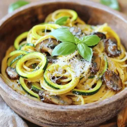 - 8 oz spaghetti or your choice of pasta - 2 medium zucchinis, spiralized or sliced - 8 oz mushrooms, sliced - 3 cloves garlic, minced - 1 small onion, finely chopped - 1/4 cup vegetable broth - 1 teaspoon dried Italian herbs - 1 tablespoon olive oil - Salt and pepper to taste - 1/4 cup grated Parmesan cheese - Fresh basil for garnish When I create Zucchini Mushroom Pasta, I start with the main ingredients. The pasta acts as the base for the dish. I love using spaghetti, but any pasta works. Zucchini adds a fresh, light taste. I spiralize or slice it thin for a nice texture. Mushrooms bring a savory flavor that pairs perfectly with zucchinis. I also add garlic for warmth and depth. Next, I focus on seasonings and extras. A small onion adds sweetness and balance. Vegetable broth gives the dish moisture and enhances flavor. Dried Italian herbs like oregano and basil bring a wonderful aroma. I use olive oil for sautéing, adding richness to the dish. Sometimes, I enhance the dish with optional ingredients. Salt and pepper bring out the flavors. If I want a creamy touch, I sprinkle grated Parmesan cheese on top. Fresh basil not only looks great but also adds a burst of freshness. For the complete recipe, check out the Full Recipe. It lays out the steps to bring all these ingredients together in a delightful meal. - Boil salted water and cook pasta until al dente. - Reserve 1/2 cup of the pasta cooking water, then drain the pasta. Cooking the pasta is simple. Bring a large pot of water to a boil. Add a pinch of salt for flavor. Once the water boils, toss in your chosen pasta. Follow the cooking time on the package until it's al dente, meaning it should still have a slight bite. This texture makes the dish perfect. After cooking, save some pasta water. This water adds flavor and helps bind the sauce. Drain the pasta and set it aside. - Heat olive oil in a skillet, add onion, and sauté. - Stir in garlic and mushrooms, cooking until tender. Next, we move to the vegetables. Heat olive oil in a large skillet over medium heat. Add the finely chopped onion. Sauté for about 2-3 minutes, until it becomes soft and transparent. Then, add minced garlic and sliced mushrooms. Cook for 5-7 minutes. The mushrooms should turn golden brown and tender. This step brings out their rich flavor. - Add zucchini, cook until just tender. - Incorporate vegetable broth and seasonings, mix well. - Combine cooked pasta and sauce, adjusting consistency. Now, it's time to combine everything. Add the spiralized zucchini to the skillet. Cook for another 3-4 minutes until it becomes tender but still has a slight crunch. Pour in the vegetable broth. Sprinkle in the dried herbs, salt, and pepper. Stir well, allowing everything to blend for about 2 minutes. Finally, add the cooked pasta to the skillet. Mix everything thoroughly. If it seems dry, add some reserved pasta cooking water until it reaches your desired creaminess. This pasta dish is now ready to enjoy. For the full recipe, check the details above! - Use high-quality pasta for the best texture. - Don't overcook the zucchini; it should stay crisp. Getting the pasta right is key. I suggest using a brand you trust. Fresh pasta can elevate the dish, but dried pasta works too. Always cook until al dente. This gives your dish the perfect bite. Remember, you can always add more sauce, but you can't fix mushy pasta. - Experiment with fresh herbs for added aroma. - Customize with additional spices or chili flakes. Fresh herbs like basil or parsley take this dish to new heights. They add color and a fresh taste. You can also try adding chili flakes for heat. This gives a nice kick without overpowering the other flavors. - Prep vegetables ahead of time for quick cooking. - Use a large skillet for better heat distribution. Chopping your veggies before you start cooking saves time. It allows you to focus on cooking rather than rushing. A large skillet helps everything cook evenly. This way, your zucchini and mushrooms won't steam; they will sauté nicely. These simple tips make a big difference in your final dish. For the full recipe, check out Zucchini Mushroom Pasta Delight. {{image_2}} You can change the sauce for a different taste. Try creamy Alfredo sauce for a rich twist. It adds a velvety texture that pairs beautifully with the veggies. Alternatively, use marinara sauce for a classic tomato-based option. This gives a fresh, tangy flavor that complements the zucchini and mushrooms. Want to make your dish heartier? Incorporate grilled chicken or shrimp for extra protein. They add great texture and flavor. If you prefer a plant-based option, chickpeas or tofu work well too. They soak up the sauce and add a nice bite. Feel free to mix in other veggies. Asparagus, bell peppers, or spinach can add color and taste. Each vegetable brings its unique character to the dish. Adding a mix of vegetables can also make your meal more exciting and nutritious. Enjoy experimenting! For more on making this dish, check the Full Recipe. To keep your zucchini mushroom pasta fresh, refrigerate it in an airtight container. You can store it for up to 3 days. Before sealing, let it cool for the best results. This helps maintain flavor and texture. When you're ready to enjoy your leftovers, reheat them in the microwave or on the stovetop. To keep it moist, add a splash of water or broth. This step prevents the pasta from drying out. Stir occasionally to heat evenly. If you want to save some for later, freeze the sauce separately from the pasta. This method preserves the taste and texture better. Consume frozen pasta within 2 months for optimal flavor. Remember to label your containers with dates for easy tracking. - Yes, gluten-free alternatives work well with this dish. They provide the same great texture. - Nutritional yeast or vegan cheese are great alternatives. They add a nice flavor without dairy. - Omit Parmesan cheese and ensure your broth is plant-based. This keeps it fully vegan-friendly. - Yes, but it's best to store ingredients separately to maintain freshness. This helps keep the pasta and veggies from getting soggy. - Absolutely, add red pepper flakes to taste during cooking. Adjust the heat level to your liking. For the full recipe, check out the earlier section! This pasta dish uses fresh ingredients like zucchini and mushrooms for a healthy twist. By sautéing vegetables and mixing them with your favorite pasta, you create a delicious and easy meal. Remember to try different flavors, like creamy sauces or grilled proteins, to keep it exciting. Store any leftovers properly for future meals. Enjoy cooking and making this dish your own. You’ll love how simple it is to prepare a tasty and healthy meal.