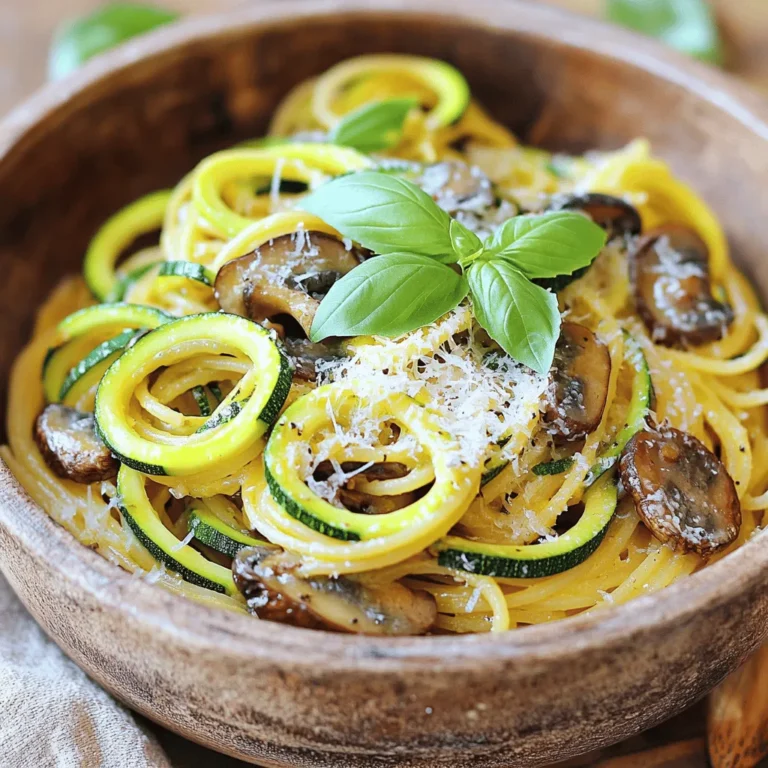 - 8 oz spaghetti or your choice of pasta - 2 medium zucchinis, spiralized or sliced - 8 oz mushrooms, sliced - 3 cloves garlic, minced - 1 small onion, finely chopped - 1/4 cup vegetable broth - 1 teaspoon dried Italian herbs - 1 tablespoon olive oil - Salt and pepper to taste - 1/4 cup grated Parmesan cheese - Fresh basil for garnish When I create Zucchini Mushroom Pasta, I start with the main ingredients. The pasta acts as the base for the dish. I love using spaghetti, but any pasta works. Zucchini adds a fresh, light taste. I spiralize or slice it thin for a nice texture. Mushrooms bring a savory flavor that pairs perfectly with zucchinis. I also add garlic for warmth and depth. Next, I focus on seasonings and extras. A small onion adds sweetness and balance. Vegetable broth gives the dish moisture and enhances flavor. Dried Italian herbs like oregano and basil bring a wonderful aroma. I use olive oil for sautéing, adding richness to the dish. Sometimes, I enhance the dish with optional ingredients. Salt and pepper bring out the flavors. If I want a creamy touch, I sprinkle grated Parmesan cheese on top. Fresh basil not only looks great but also adds a burst of freshness. For the complete recipe, check out the Full Recipe. It lays out the steps to bring all these ingredients together in a delightful meal. - Boil salted water and cook pasta until al dente. - Reserve 1/2 cup of the pasta cooking water, then drain the pasta. Cooking the pasta is simple. Bring a large pot of water to a boil. Add a pinch of salt for flavor. Once the water boils, toss in your chosen pasta. Follow the cooking time on the package until it's al dente, meaning it should still have a slight bite. This texture makes the dish perfect. After cooking, save some pasta water. This water adds flavor and helps bind the sauce. Drain the pasta and set it aside. - Heat olive oil in a skillet, add onion, and sauté. - Stir in garlic and mushrooms, cooking until tender. Next, we move to the vegetables. Heat olive oil in a large skillet over medium heat. Add the finely chopped onion. Sauté for about 2-3 minutes, until it becomes soft and transparent. Then, add minced garlic and sliced mushrooms. Cook for 5-7 minutes. The mushrooms should turn golden brown and tender. This step brings out their rich flavor. - Add zucchini, cook until just tender. - Incorporate vegetable broth and seasonings, mix well. - Combine cooked pasta and sauce, adjusting consistency. Now, it's time to combine everything. Add the spiralized zucchini to the skillet. Cook for another 3-4 minutes until it becomes tender but still has a slight crunch. Pour in the vegetable broth. Sprinkle in the dried herbs, salt, and pepper. Stir well, allowing everything to blend for about 2 minutes. Finally, add the cooked pasta to the skillet. Mix everything thoroughly. If it seems dry, add some reserved pasta cooking water until it reaches your desired creaminess. This pasta dish is now ready to enjoy. For the full recipe, check the details above! - Use high-quality pasta for the best texture. - Don't overcook the zucchini; it should stay crisp. Getting the pasta right is key. I suggest using a brand you trust. Fresh pasta can elevate the dish, but dried pasta works too. Always cook until al dente. This gives your dish the perfect bite. Remember, you can always add more sauce, but you can't fix mushy pasta. - Experiment with fresh herbs for added aroma. - Customize with additional spices or chili flakes. Fresh herbs like basil or parsley take this dish to new heights. They add color and a fresh taste. You can also try adding chili flakes for heat. This gives a nice kick without overpowering the other flavors. - Prep vegetables ahead of time for quick cooking. - Use a large skillet for better heat distribution. Chopping your veggies before you start cooking saves time. It allows you to focus on cooking rather than rushing. A large skillet helps everything cook evenly. This way, your zucchini and mushrooms won't steam; they will sauté nicely. These simple tips make a big difference in your final dish. For the full recipe, check out Zucchini Mushroom Pasta Delight. {{image_2}} You can change the sauce for a different taste. Try creamy Alfredo sauce for a rich twist. It adds a velvety texture that pairs beautifully with the veggies. Alternatively, use marinara sauce for a classic tomato-based option. This gives a fresh, tangy flavor that complements the zucchini and mushrooms. Want to make your dish heartier? Incorporate grilled chicken or shrimp for extra protein. They add great texture and flavor. If you prefer a plant-based option, chickpeas or tofu work well too. They soak up the sauce and add a nice bite. Feel free to mix in other veggies. Asparagus, bell peppers, or spinach can add color and taste. Each vegetable brings its unique character to the dish. Adding a mix of vegetables can also make your meal more exciting and nutritious. Enjoy experimenting! For more on making this dish, check the Full Recipe. To keep your zucchini mushroom pasta fresh, refrigerate it in an airtight container. You can store it for up to 3 days. Before sealing, let it cool for the best results. This helps maintain flavor and texture. When you're ready to enjoy your leftovers, reheat them in the microwave or on the stovetop. To keep it moist, add a splash of water or broth. This step prevents the pasta from drying out. Stir occasionally to heat evenly. If you want to save some for later, freeze the sauce separately from the pasta. This method preserves the taste and texture better. Consume frozen pasta within 2 months for optimal flavor. Remember to label your containers with dates for easy tracking. - Yes, gluten-free alternatives work well with this dish. They provide the same great texture. - Nutritional yeast or vegan cheese are great alternatives. They add a nice flavor without dairy. - Omit Parmesan cheese and ensure your broth is plant-based. This keeps it fully vegan-friendly. - Yes, but it's best to store ingredients separately to maintain freshness. This helps keep the pasta and veggies from getting soggy. - Absolutely, add red pepper flakes to taste during cooking. Adjust the heat level to your liking. For the full recipe, check out the earlier section! This pasta dish uses fresh ingredients like zucchini and mushrooms for a healthy twist. By sautéing vegetables and mixing them with your favorite pasta, you create a delicious and easy meal. Remember to try different flavors, like creamy sauces or grilled proteins, to keep it exciting. Store any leftovers properly for future meals. Enjoy cooking and making this dish your own. You’ll love how simple it is to prepare a tasty and healthy meal.