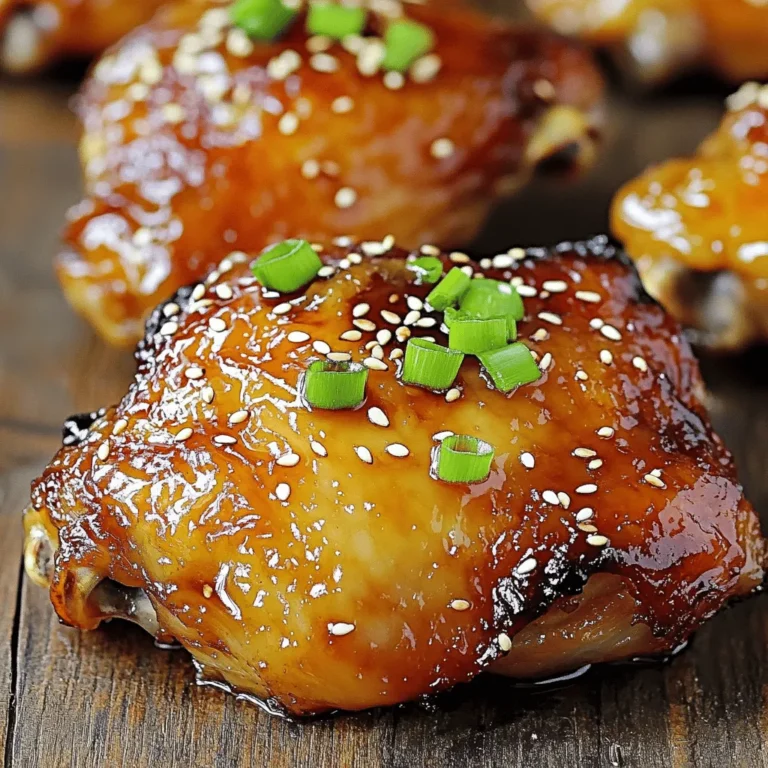- 4 chicken thighs (bone-in, skin-on for flavor) - 1/4 cup soy sauce (low sodium) - 1/4 cup honey - 2 tablespoons sesame oil - 2 cloves garlic, minced - 1 tablespoon fresh ginger, grated - 1 tablespoon rice vinegar - 1/2 teaspoon black pepper - 1/2 teaspoon red pepper flakes (optional, for heat) - 2 green onions, finely chopped (for garnish) - Sesame seeds (for garnish) When making honey soy sauce chicken, each ingredient plays a key role. For the chicken, I recommend using four thighs. They have flavor and moisture. The soy sauce and honey form the base of the marinade, each at 1/4 cup. The sesame oil gives a nice nutty taste, so use two tablespoons. Garlic and ginger add freshness, with two cloves of garlic and one tablespoon of ginger. Rice vinegar helps balance the sweetness with one tablespoon. Use black pepper and red pepper flakes for a hint of spice. If you don’t have an ingredient, you can swap it. For soy sauce, low-sodium is best, but regular works too. If you need a sweeter option, you can use maple syrup instead of honey. For sesame oil, olive oil will also do. Fresh ginger can be replaced with ground ginger if that is what you have. If you prefer less heat, skip the red pepper flakes. You can also use chives instead of green onions for a different taste. To make a great honey soy sauce chicken marinade, start with a medium bowl. Add 1/4 cup of low sodium soy sauce. Then, mix in 1/4 cup of honey. Next, include 2 tablespoons of sesame oil. I love the flavor this oil adds to the mix. After that, add 2 minced garlic cloves and 1 tablespoon of grated fresh ginger. These ingredients give it a nice kick! Don’t forget to add 1 tablespoon of rice vinegar and 1/2 teaspoon of black pepper. If you want some heat, add 1/2 teaspoon of red pepper flakes. Finally, whisk everything together until it’s well combined. Now it’s time to marinate the chicken. Grab 4 chicken thighs, bone-in and skin-on for extra flavor. Place them in a Ziploc bag or a shallow dish. Pour the delicious marinade over the chicken. Make sure each piece gets coated. Seal the bag tightly or cover the dish with plastic wrap. I recommend marinating it in the fridge for at least 2 hours. For even better flavor, let it sit overnight. When you’re ready to cook, preheat your oven to 375°F (190°C). Take the chicken out of the marinade. Keep the marinade for basting later. Arrange the chicken thighs, skin-side up, on a lined baking sheet. Bake them for 35 to 40 minutes. Every 15 minutes, baste the chicken with the reserved marinade. This step keeps the chicken moist and tasty. When the chicken reaches 165°F (74°C) inside, it’s done. Let it rest for 5 minutes before slicing. For a nice touch, garnish with chopped green onions and sesame seeds. Enjoy your honey soy sauce chicken! You can find the Full Recipe for more details. To get the best flavor, always start with fresh ingredients. Use bone-in, skin-on chicken thighs. This adds extra taste and moisture. Make sure to whisk the marinade well. Each ingredient needs to blend together. Pour the marinade over the chicken in a plastic bag or dish. Seal it tight. Let it soak in the fridge for at least two hours. For even better taste, marinate overnight. This gives the chicken time to absorb all those great flavors. Basting is key! Every 15 minutes, brush the chicken with the leftover marinade while it cooks. This keeps the chicken juicy and full of flavor. If you like a little heat, add red pepper flakes. They give a nice kick without overpowering the dish. Also, don't skip the garnishes! Green onions and sesame seeds add a lovely touch. They look great on the plate and add a nice crunch. One big mistake is not marinating long enough. Short marinating times lead to bland chicken. Another common error is skipping the basting step. This can dry out the chicken. Make sure to check the chicken's temperature before serving. It should reach 165°F (74°C). Lastly, always let the chicken rest for a few minutes before slicing. This keeps the juices in and makes each bite more tender. For the full recipe, check the details provided earlier in the article. {{image_2}} If you want to mix things up, try different ingredients. You can swap regular soy sauce for tamari to make it gluten-free. For a sweeter note, use maple syrup instead of honey. If you're looking for a tangy twist, add orange juice or zest. You can also use chicken breast instead of thighs for a leaner option. To boost flavor, add more spices. Try a dash of five-spice powder for warmth. You can also blend in some hoisin sauce for an extra layer of depth. If you enjoy a bit of heat, increase the red pepper flakes. Fresh herbs like cilantro or basil can also brighten the dish. You can cook this chicken in two main ways: grilling or baking. Grilling gives a smoky flavor and crispy skin. Just marinate the chicken, then place it on a preheated grill. Cook it for about 6-8 minutes per side. Baking is perfect for a hands-off approach. After marinating, bake the chicken in the oven for 35-40 minutes. Both methods yield juicy, tasty results. For the full recipe, check out Honey Soy Glaze Chicken Delight. If you have leftover marinade, you can store it easily. Pour it into a clean jar. Seal it tightly with a lid. Keep it in the fridge. Use it within one week for the best flavor. Always check for any signs of spoilage before use. To store cooked chicken, let it cool to room temperature first. Place the chicken in an airtight container. You can also wrap it tightly in plastic wrap. Store it in the fridge for up to four days. If you want to keep it longer, consider freezing it. Freezing cooked chicken is simple. Cut the chicken into portions for easy use later. Wrap each piece in plastic wrap, then place it in a freezer bag. Squeeze out the air to prevent freezer burn. Label the bag with the date. You can freeze it for up to three months. When ready to eat, thaw it in the fridge overnight. Reheat it gently to enjoy its great taste again. You can marinate chicken for at least 2 hours. For the best flavor, let it sit overnight. The longer you marinate, the more the chicken absorbs those tasty flavors. This honey soy sauce gives a sweet and salty kick that really brings the chicken to life. Yes, you can use this marinade on other proteins. It works well with pork, tofu, and shrimp. Just remember to adjust the marinating time. Fish needs less time, about 30 minutes, while pork can use 2 to 4 hours. This versatility makes the marinade great for different meals! I love serving honey soy sauce chicken with rice or quinoa. Steamed veggies like broccoli or snap peas also pair nicely. You might also add a fresh salad on the side. The bright flavors of the sides balance the savory chicken. For more options, check the Full Recipe! This blog post covered all you need to know about making honey soy sauce chicken. We discussed the key ingredients and suggested substitutes to fit your taste. You learned the step-by-step guide for marinating and cooking the chicken perfectly. I shared tips to enhance flavor and avoid common mistakes. Remember, storage is crucial for leftovers, so use the tips provided. You can mix it up with variations, cooking methods, and side dishes. With this knowledge, you can create a delicious meal that impresses. Enjoy your cooking!