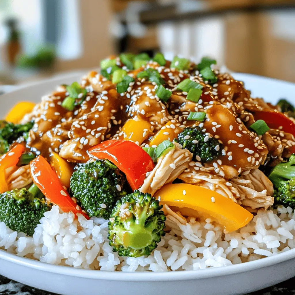 To make a tasty Crockpot Teriyaki Chicken, gather these main ingredients: - 4 boneless, skinless chicken breasts - 1 cup teriyaki sauce - 1 cup chicken broth - 2 cloves garlic, minced - 1 tablespoon fresh ginger, grated - 1 tablespoon honey These ingredients create a rich and flavorful base. The chicken absorbs the sauce well, making it juicy and tender. You can add extra ingredients for more flavor. Consider these options: - 1 cup bell peppers, sliced (red and yellow) - 1 cup broccoli florets - 2 tablespoons cornstarch mixed with 2 tablespoons water (for thickening) - Sesame seeds and green onions, for garnish Adding bell peppers and broccoli gives color and crunch. The cornstarch helps thicken the sauce, making it stick to the chicken. For a complete meal, I suggest serving the chicken over: - Cooked rice - Noodles This dish pairs well with steamed rice or noodles. Drizzle extra teriyaki sauce on top for extra flavor. You can also garnish with sesame seeds and green onions for a pop of color. Check the Full Recipe for more details. Start with four boneless, skinless chicken breasts. Place them in your slow cooker. Pour in one cup of teriyaki sauce. Add one cup of chicken broth next. Then, mix in two cloves of minced garlic and one tablespoon of grated ginger. Finally, add one tablespoon of honey for sweetness. Stir everything together so the chicken is well coated. Cover the slow cooker with its lid. Set the cooker on low for six to eight hours. If you're in a hurry, choose high for three to four hours. The chicken should be very tender when done. After cooking, take the chicken out and shred it with two forks. Return the shredded chicken back to the slow cooker. Now, add one cup of sliced bell peppers and one cup of broccoli florets. Stir gently to mix. Cover the slow cooker again and cook on high for an extra thirty minutes. This makes the veggies tender. For a thicker sauce, mix two tablespoons of cornstarch with two tablespoons of water. Stir this into the sauce and cook for another ten to fifteen minutes. Serve the teriyaki chicken over rice or noodles. Drizzle more sauce on top if you like. Garnish with sesame seeds and chopped green onions for a nice finish. For the complete instructions, check the Full Recipe. To get juicy, tender chicken, use fresh, boneless, skinless chicken breasts. Make sure the chicken is fully submerged in the sauce. This keeps it moist during cooking. You can also add a bit of extra chicken broth if you like more sauce. For best results, shred the chicken after cooking. This helps the flavors soak in more. For a deep flavor, use a quality teriyaki sauce. Look for one with real ingredients, like soy sauce, ginger, and garlic. Adding honey gives it a lovely sweetness. You can also mix in a dash of rice vinegar for a tangy twist. If you want it spicy, add a few red pepper flakes. This will balance the sweetness nicely. One common mistake is overcooking the chicken. Cooking it too long can make it dry. Stick to the cooking times in the Full Recipe for best results. Another mistake is not adding enough veggies. Adding bell peppers and broccoli adds texture and nutrition. Lastly, don’t forget to thicken the sauce at the end. A thick sauce clings to the chicken and makes each bite delicious. {{image_2}} You can change the protein in this dish. Use tofu or pork instead of chicken. For tofu, choose firm or extra firm. Cut it into cubes and add it to the slow cooker. For pork, use pork tenderloin or shoulder. It will absorb the teriyaki sauce flavor well. Cook it the same way as chicken. To make this dish vegetarian or vegan, swap the chicken for tempeh or jackfruit. Tempeh is packed with protein and has a nice texture. Jackfruit acts like pulled meat. Use the same cooking times for both. Also, make sure to use vegan teriyaki sauce. You can find many brands that are free from animal products. Feel free to mix up the veggies in this recipe. You can use snap peas, carrots, or mushrooms. These add color and crunch. Just chop them into bite-sized pieces. Add them in the last hour of cooking for best results. This keeps them fresh and tasty. You can also try adding pineapple for a sweet twist. To keep your leftover teriyaki chicken fresh, place it in an airtight container. Make sure to cool it first. Store it in the fridge for up to four days. If you plan to eat it later, freezing is a great option. To freeze your teriyaki chicken, pack it in freezer-safe bags. Remove as much air as you can before sealing. It can last for up to three months in the freezer. When you’re ready to eat, thaw it overnight in the fridge. Reheat it on the stove or in the microwave until it's hot. Cooked teriyaki chicken stays fresh in the fridge for four days. If frozen, eat it within three months for the best taste. Always check for signs of spoilage, like a bad smell or change in color. Keep your chicken safe and enjoy it again! For the full recipe, check out the instructions above. To thicken teriyaki sauce, use cornstarch. Mix two tablespoons of cornstarch with two tablespoons of water. Stir this mixture into the sauce during the last stages of cooking. This will help the sauce become thick and glossy. If you want a richer flavor, simmer the sauce longer after adding the cornstarch. Yes, you can cook this dish on high. Set your Crockpot to high for 3 to 4 hours. The chicken will be tender and juicy, just like when cooked on low. Keep an eye on it, as cooking times can vary based on your model. To make this recipe gluten-free, choose a gluten-free teriyaki sauce. Many brands offer great options. Also, check your chicken broth to ensure it is gluten-free. Serve it over rice or gluten-free noodles for a delicious meal. This blog post covered how to make tasty Crockpot Teriyaki Chicken. We looked at key ingredients, step-by-step cooking instructions, and tips for great results. I shared options for protein, ways to adapt the dish, and smart storage ideas. In the end, this recipe is easy and delicious, perfect for any meal. You can enjoy it your way, so get cooking!
