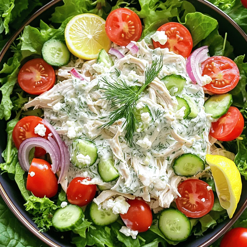 - 2 cups cooked chicken breast, shredded - 1 cup Greek yogurt - 1 medium cucumber, grated and squeezed dry - 2 cloves garlic, minced - 1 tablespoon olive oil - 1 tablespoon lemon juice - 1 tablespoon fresh dill, chopped - Salt and pepper to taste - 1 cup cherry tomatoes, halved - 1/2 red onion, thinly sliced - 1/2 cup feta cheese, crumbled (optional) - Fresh lettuce or mixed greens for serving - Additional herbs (parsley, mint) - Alternative proteins (turkey, tofu) - Extra toppings (avocado, nuts) My Tzatziki Chicken Salad is fresh and easy to make. You start with the main ingredients. The chicken gives it protein and makes it filling. I love using cooked chicken breast. It's tender and juicy. Greek yogurt adds creaminess and tang. Grated cucumber cools the salad down, while garlic adds a nice kick. The lemon juice brightens the dish, and dill gives it a fresh taste. I always season with salt and pepper to make the flavors pop. Cherry tomatoes add a sweet burst, and red onion gives crunch. If you like, sprinkle feta cheese on top for a salty, creamy touch. For serving, fresh lettuce or mixed greens make the perfect base. You can use any greens you like. If you want to get creative, try the optional ingredients. Fresh herbs like parsley or mint can add more flavor. You can swap chicken for turkey or even tofu. If you want more toppings, sliced avocado or nuts can add a nice twist. With these ingredients, you can make a delightful Tzatziki Chicken Salad that everyone will enjoy! Check out the Full Recipe for more details. Start by gathering your ingredients. In a large bowl, combine: - 1 cup Greek yogurt - 1 medium cucumber, grated and squeezed dry - 2 cloves garlic, minced - 1 tablespoon olive oil - 1 tablespoon lemon juice - 1 tablespoon fresh dill, chopped Mix these well until you have a smooth dressing. It should be creamy and fragrant. Next, season the tzatziki dressing with salt and pepper to your liking. Taste it and adjust by adding more lemon juice or dill if you want. A touch of salt really brings all the flavors together. Now, it’s time to fold in the chicken. Take 2 cups of cooked chicken breast, shredded, and add it to your tzatziki dressing. Gently mix until the chicken is fully coated. This creates a rich, flavorful base for your salad. In a separate bowl, combine: - 1 cup cherry tomatoes, halved - 1/2 red onion, thinly sliced Sprinkle a pinch of salt and pepper over the tomatoes and onions. This will help enhance their taste. For a beautiful presentation, arrange fresh lettuce or mixed greens on a platter. You can also use individual bowls if you like. Next, top the greens with your tzatziki chicken mixture. Make sure it looks inviting. Scatter the cherry tomatoes and red onion mix on top for color and crunch. If you want to add a bit of flair, sprinkle some crumbled feta cheese over the salad. For extra flavor, drizzle a little olive oil over the top. You can also serve it with a sprig of dill and a lemon wedge for garnish. Enjoy your fresh and flavorful Tzatziki Chicken Salad! To make your tzatziki shine, adjust the garlic based on your taste. If you love garlic, go for more. If you prefer milder flavors, use less. Another great tip is to add lemon zest for a bright touch. This small addition can boost the flavor and make it pop. Tzatziki chicken salad works well in many ways. You can pair it with warm pita bread, crunchy crackers, or fresh veggie sticks. It’s a perfect meal for lunch, a light dinner, or a potluck dish. Everyone loves it! Make your dish stand out with some simple garnishes. A sprig of dill on top adds color and flair. Lemon wedges can brighten the plate and offer a fresh squeeze when serving. Use colorful bowls to make your tzatziki chicken salad look extra appealing. Remember, we eat with our eyes first! For the full recipe, check out the section above. Enjoy making this fresh and tasty dish! {{image_2}} You can make this dish gluten-free easily. Just swap regular yogurt with gluten-free yogurt. This keeps the salad creamy without gluten. Also, you can use lettuce wraps instead of tortillas. This change makes it fresh and fun! Do you want a twist? Try substituting chicken with grilled shrimp. Shrimp adds a nice flavor and cooks quickly. If you want a vegetarian option, use chickpeas instead. They add protein and texture. You can also skip the protein and focus on the toppings. To boost flavor, add spices like cumin or smoked paprika. These spices give depth and warmth to the salad. You can also incorporate fruits like apples or grapes. Their sweetness balances the tangy yogurt. Each bite becomes a tasty surprise! For the full recipe, check out the details above. Store your Tzatziki chicken salad in an airtight container. It stays fresh for up to 3 days. If you can, keep the dressing separate until you are ready to serve. This keeps everything crisp and tasty. When you're ready to eat, simply mix the dressing into the salad. I do not recommend freezing this salad. Freezing changes the texture of the chicken and veggies. You want to enjoy this dish fresh for the best taste and crunch. It’s the perfect meal for a quick lunch or a light dinner. Enjoy it right after making it for the fullest flavor! Yes, you can prepare the salad a few hours in advance. This helps the flavors meld together. It tastes fresh and delicious when served later. Just keep it in the fridge until you are ready to eat. Yes, Tzatziki Chicken Salad is healthy. It is high in protein from the chicken and yogurt. You can make it low-calorie by using less oil or cheese. Add lots of fresh veggies for more nutrients. This dish is great for a balanced meal. You can serve it with pita bread or a light soup. Fresh vegetable sticks also pair well. These sides add crunch and flavor to your meal. They make it more fun and filling. Enjoy your salad in many ways! Tzatziki chicken salad is simple and tasty. You need basic ingredients like chicken, Greek yogurt, and fresh veggies. Follow the steps for the tzatziki and salad mix. Customize with extra toppings or protein if you want. This dish is great for lunch, dinner, or events. It’s healthy and easy to prepare. Enjoy it fresh for the best taste. Try it out and impress your friends and family!