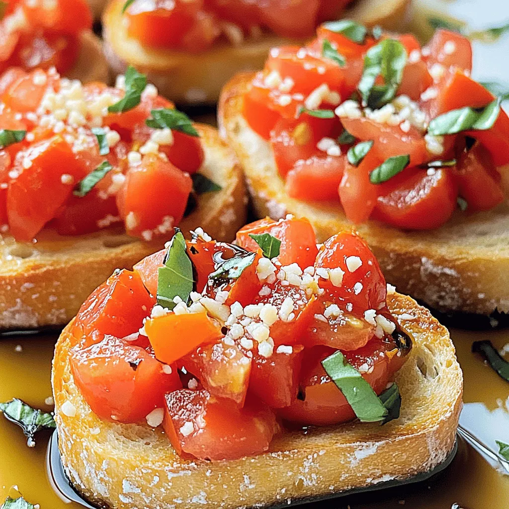 - 4 medium ripe tomatoes, diced - 1 cup fresh basil leaves, finely chopped - 3 cloves garlic, minced - 2 tablespoons balsamic vinegar - 3 tablespoons extra virgin olive oil - Salt and pepper to taste - 1 French baguette, sliced - Optional: 1/4 cup grated Parmesan cheese Selecting Ripe Tomatoes Choose tomatoes that feel firm but slightly soft. Look for bright colors and a sweet smell. Heirloom or vine-ripened tomatoes work great for bruschetta. Best Types of Basil Fresh basil adds bright flavor. Sweet basil is the most common. You can also try Thai basil for a twist. Look for vibrant green leaves without any brown spots. Choosing the Right Baguette Select a baguette that is crispy and fresh. It should have a golden crust. A good baguette will hold up well when topped with the tomato mix. If you want a softer option, use ciabatta instead. These ingredients will make your bruschetta shine. For the full recipe, check out the details above. - Combining the Tomato Mixture Start by dicing the tomatoes. You want them ripe for the best taste. Next, chop the fresh basil leaves finely. Add the chopped basil to a mixing bowl along with the minced garlic. Pour in the balsamic vinegar and olive oil. Mix everything gently until combined. - Allowing Flavors to Meld Season the mixture with salt and pepper. This will enhance the flavors. Let it rest for about 15 minutes. This step helps all the tastes blend together nicely. - Preheating the Oven While the tomato mixture rests, preheat your oven to 400°F (200°C). This temperature is perfect for toasting the bread. - Toasting the Baguette Slices Slice the French baguette into pieces. Arrange the slices on a baking sheet. Brush one side with olive oil. Place the tray in the oven and toast for 8-10 minutes. Look for a nice golden brown color. - Spoon the Tomato Mixture Once your bread is toasted, take it out of the oven. Spoon the tomato mixture generously onto the oiled side of each slice. - Adding Parmesan Cheese (Optional) If you like cheese, sprinkle grated Parmesan on top. This adds a rich flavor. Serve the bruschetta immediately while the bread is warm. Enjoy the crunchy texture with the fresh topping. For the complete details, check the [Full Recipe]. To make your bruschetta shine, balance the flavors well. Use enough salt and pepper. This will enhance the taste of fresh tomatoes and basil. I recommend letting the mixture rest for about 15 minutes. This time allows the flavors to blend nicely. When serving, consider how you plate your bruschetta. You can arrange the slices on a nice platter. This makes the dish look more appealing. For a final touch, add extra basil leaves on top. They add color and freshness to your dish. One common mistake is over-toasting the bread. Bread should be golden brown, not dark brown. This can make it hard and less tasty. Another mistake is skipping the resting period for the tomato mixture. Not resting means missing out on rich, combined flavors. Follow these tips to create a perfect Tomato Bruschetta Delight. Check out the Full Recipe for a complete guide. {{image_2}} You can add a fun twist to your bruschetta by mixing in avocado. The creamy avocado gives a rich taste. Just mash it lightly and fold it into the tomato mixture. This makes a great dip for those who love smooth textures. Another option is to introduce feta cheese. Crumbled feta adds a salty, tangy kick. Just sprinkle it on top after you add the tomato mix. This gives your bruschetta a Mediterranean flair. If you need a gluten-free option, look for gluten-free baguettes. Many stores sell these now. You can also make your own from gluten-free flour. This way, everyone can enjoy the dish. For vegan eaters, skip the Parmesan cheese. You can use nutritional yeast instead. It adds a cheesy flavor without dairy. This keeps the dish tasty and suitable for all diets. Using different types of tomatoes can change the taste of your bruschetta. Heirloom tomatoes are sweet and juicy, while cherry tomatoes are bright and tangy. Each type brings its own flavor to the mix. Incorporating seasonal herbs can also enhance your dish. Fresh oregano or thyme can add depth. Just chop them finely and mix them in. This will keep your bruschetta fresh and exciting all year round. For the Full Recipe, check the earlier section for all the details! To keep your bruschetta fresh, use an airtight container. Place the tomato mix in one and the toasted bread in another. Store both in the fridge. This keeps the bread from getting soggy. For best results, eat your bruschetta within two days. You can also reheat the bread before serving. To reheat toasted bread, use a toaster or oven. Set the oven to 350°F (175°C). Heat the bread for about five minutes. This helps it regain its crispiness. Avoid using a microwave, as it can make the bread chewy. In the fridge, the tomato mixture lasts about three days. The bread will stay fresh for about two days. If you see mold or a change in color, throw it away. Smell can also tell you if it’s bad. If it smells sour or off, don’t eat it. You can freeze the tomato mixture if you have extra. Place it in a freezer bag. Squeeze out the air and seal it tightly. It can last for up to three months in the freezer. When ready to use, thaw it in the fridge overnight. To reuse bruschetta, toast fresh bread when you thaw the tomato mix. This way, you get a fresh taste each time. Enjoy your delicious Tomato Bruschetta Delight any time you want! For the complete recipe, check the Full Recipe section. It takes about 35 minutes to make Tomato Bruschetta. You spend 10 minutes prepping the ingredients. The cooking time is around 25 minutes. This includes resting the tomato mix for 15 minutes and toasting the bread for 10 minutes. Yes, you can prepare some parts in advance. Dice the tomatoes and chop the basil earlier in the day. Mix them with oil and vinegar, but do this just before serving. This keeps the bread crispy and fresh. A French baguette is the best choice for Bruschetta. It has a nice crust and soft inside. You can also use ciabatta or sourdough for different textures. Look for bread that is firm but soft enough to hold the toppings. You can skip the garlic easily. Try adding a splash of lemon juice for brightness. Fresh herbs like oregano or thyme can also add flavor. You might consider using roasted red peppers for a sweet touch. For the complete Tomato Basil Bruschetta Delight Recipe, check out the [Full Recipe](#). In summary, this blog post outlined the key ingredients and step-by-step instructions for making Tomato Basil Bruschetta. You learned how to choose ripe tomatoes and the right baguette. I shared tips to perfect your dish and avoid common mistakes. Remember, you can also try variations, like adding avocado or feta. Finally, knowledge about storage and reheating will help you enjoy leftovers. With this guide, you can make delicious bruschetta and impress your friends. Enjoy every bite!