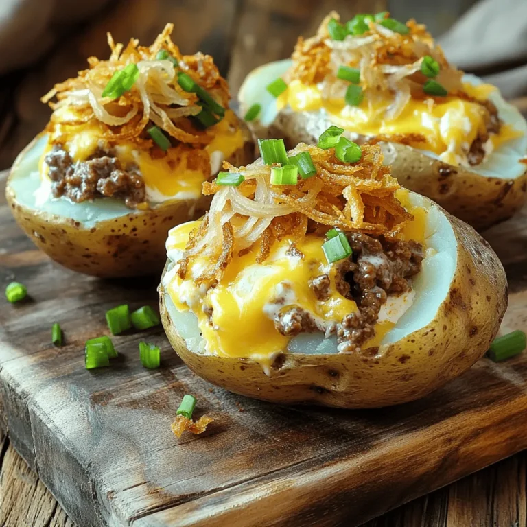 To make delicious Mississippi Mud Potatoes, gather these ingredients: - 4 medium russet potatoes, scrubbed and pierced with a fork - ½ cup unsalted butter, melted - ½ cup sour cream - 1 cup shredded sharp cheddar cheese - 1 cup cooked and crumbled beef or sausage (optional) - ½ cup green onions, chopped - ¼ cup crispy fried onions - 3 tablespoons cocoa powder - 1 teaspoon garlic powder - 1 teaspoon onion powder - Salt and pepper to taste You can customize your potatoes by adding other toppings. Consider jalapeños for heat or bacon bits for extra flavor. These options can make your dish unique. Using fresh ingredients makes a big difference. Choose potatoes that feel firm and have smooth skin. Look for fresh green onions that are vibrant and crisp. As for cheese, I recommend using a high-quality sharp cheddar like Tillamook or Cabot. They melt beautifully and add great flavor. Fresh butter is key too. It elevates the taste of your filling. 1. Preheat your oven to 400°F (200°C). This step gets your oven hot and ready for baking. 2. Bake the potatoes. Place the pierced russet potatoes directly on the oven rack. Bake them for about 45-50 minutes. They should be tender when you poke them with a fork. 3. Prepare the filling mixture. While the potatoes bake, grab a large mixing bowl. Combine the melted butter, sour cream, shredded cheddar cheese, and any crumbled beef or sausage you want to add. Then, toss in chopped green onions, cocoa powder, garlic powder, onion powder, salt, and pepper. Mix everything well until it's nice and smooth. 4. Cut and scoop the potatoes. Once the potatoes are done baking, take them out of the oven. Carefully slice each potato in half lengthwise. Use a spoon to scoop out some of the insides. Leave enough potato to form a shell. 5. Mix the scooped potato. Add the scooped-out potato flesh to your filling mixture. Stir it all together until everything is well incorporated. 6. Fill and top the potatoes. Spoon the filling back into each potato half. Fill them generously! Then, sprinkle crispy fried onions on top for some added crunch. 7. Final baking details. Place the loaded potatoes back in the oven. Bake them for an additional 10-15 minutes. This step warms the filling and gives the tops a nice golden color. Now, you are ready to enjoy your delicious Mississippi Mud Potatoes! For the complete recipe, check out the Full Recipe. - Avoid Overbaking: Check your potatoes at 45 minutes. They should be soft but not mushy. - Don’t Skip the Fork: Piercing the potatoes allows steam to escape. This helps them cook evenly. - Mix Well: When preparing your filling, stir until it’s smooth. This ensures every bite is tasty. - Leave Enough Flesh: When scooping, leave a bit of potato in the skin. This helps keep the shape and adds flavor. - Perfect Pairings: Serve your Mississippi Mud Potatoes with a crisp salad. A simple coleslaw adds a nice crunch. - Beverage Choices: Enjoy with a cold iced tea or a light beer. Both balance the rich flavors of the dish. - Add a Twist: For a fun twist, serve with a side of ranch dressing for dipping. It adds zest and extra flavor. For the full recipe, be sure to check out the detailed steps provided earlier. {{image_2}} You can easily make Mississippi Mud Potatoes gluten-free. Just use gluten-free butter and check your spices. For a vegetarian version, skip the beef or sausage. You can replace it with cooked lentils or black beans for protein. These swaps keep the dish tasty and satisfying. To make your potatoes even better, try adding spices like smoked paprika or cumin. These give a nice depth of flavor. You can also add toppings like diced jalapeños for heat or fresh herbs for brightness. Cheese lovers can mix in more cheddar or try pepper jack for a kick. If you want more crunch, top with chopped nuts or extra crispy fried onions. These options let you explore new tastes while enjoying this comforting dish. To keep your Mississippi Mud Potatoes fresh, store them in the fridge. First, let the potatoes cool down to room temperature. Then, place them in an airtight container. This keeps them from drying out or picking up other flavors. They can last up to three days in the fridge. If you want to save them for later, freezing is a great option. Wrap each potato tightly in plastic wrap. Then, place them in a freezer bag. Be sure to squeeze out any air before sealing. This helps prevent freezer burn. When stored this way, they can last for up to three months. When it's time to enjoy your leftovers, you want them warm and moist. One way to reheat is in the oven. Preheat the oven to 350°F (175°C). Wrap each potato in aluminum foil to keep them from drying out. Heat for about 20-25 minutes. Another method is using the microwave. Place the potato on a microwave-safe plate. Cover it with a damp paper towel. Heat in short bursts of 1-2 minutes. Check often to avoid overheating. This keeps the filling nice and moist. Enjoy your delicious Mississippi Mud Potatoes again! For the full recipe, check back to the earlier section. How do I make Mississippi Mud Potatoes from scratch? To make Mississippi Mud Potatoes, start by baking russet potatoes. Preheat your oven to 400°F (200°C). Pierce four scrubbed potatoes with a fork and bake them for 45-50 minutes. While they bake, mix melted butter, sour cream, shredded cheddar, and optional crumbled beef in a bowl. After baking, slice the potatoes, scoop out some flesh, and mix it with the filling. Spoon the mixture back into the shells, top with crispy fried onions, and bake again for 10-15 minutes. For the full recipe, check the earlier section. Can I substitute ingredients in this recipe? Yes, you can swap ingredients. Use different types of cheese or omit the meat. You can also try other toppings like jalapeños or bacon bits. Just keep the main flavors balanced. What is the best way to reheat leftover Mississippi Mud Potatoes? Reheat leftovers in the oven for the best texture. Set the oven to 350°F (175°C) and warm them for 15-20 minutes. Cover them with foil to keep moisture in. You can also microwave them for quick reheating, but the oven gives better results. What is the origin of Mississippi Mud Potatoes? Mississippi Mud Potatoes have roots in Southern cooking. They take inspiration from the famous Mississippi mud pie, a rich chocolate dessert. This dish blends savory and sweet flavors, creating a unique potato dish. Can I prepare Mississippi Mud Potatoes in advance? You can prepare the filling ahead of time. Bake the potatoes and mix the filling, then store them separately in the fridge. Assemble and bake them just before serving. This saves you time and keeps the flavors fresh. What's the best way to serve Mississippi Mud Potatoes? Serve these potatoes on a rustic wooden board for a fun look. Add a sprinkle of cheddar and some green onions on top for color. Pair them with a fresh salad or coleslaw for a complete meal. Are Mississippi Mud Potatoes a healthy dish? Mississippi Mud Potatoes can be part of a balanced meal. They contain potatoes, which are a good source of carbs. However, the butter and cheese add calories. Enjoy them in moderation, and consider adding veggies to boost their healthiness. In this blog post, we explored the full journey of making Mississippi Mud Potatoes. We covered the needed ingredients, how to prepare, assemble, and bake them perfectly. I shared tips to avoid mistakes and tasty ways to serve them. We also discussed variations for different diets and how to store any leftovers. In my view, mastering this dish brings comfort and joy. Enjoy making it your own and sharing with others. Your kitchen adventures await!