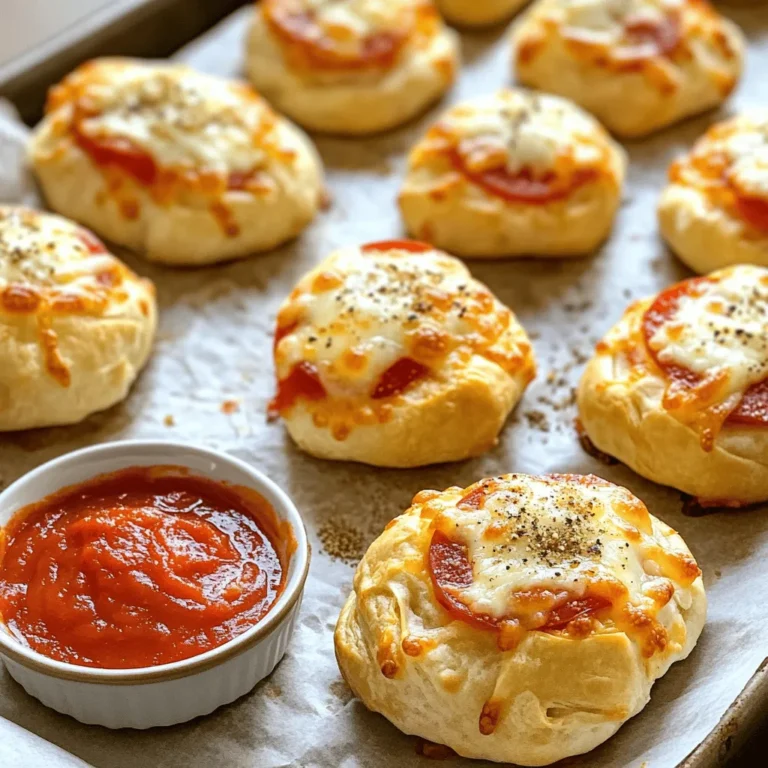Cheesy pizza bombs are fun to make and eat. You can whip them up in about 30 minutes. These tasty bites are great for parties or family movie nights. To make cheesy pizza bombs, gather these key ingredients: - 1 can (16 oz) refrigerated pizza dough - 1 cup shredded mozzarella cheese - ½ cup pepperoni slices - 1 teaspoon Italian seasoning - ½ teaspoon garlic powder - 1 egg, beaten (for egg wash) - Marinara sauce for dipping These ingredients create the perfect blend of flavors and textures. Feel free to get creative with your pizza bombs! Here are some ideas: - Swap pepperoni for cooked sausage or veggies. - Use cheddar or provolone cheese instead of mozzarella. - Add some chopped bell peppers or olives for extra flavor. - Try different seasonings like oregano or red pepper flakes. These options let you personalize your cheesy pizza bombs to suit your taste! Start by preheating your oven to 400°F (200°C). This helps the pizza bombs cook evenly. Next, take your can of refrigerated pizza dough. Roll it out on a clean surface. Aim for a large rectangle. Cut the dough into 12 equal squares. Each square should be about 4 inches wide. This size works great for holding all the yummy filling. Now, let’s make the cheese filling. In a small bowl, mix together 1 cup of shredded mozzarella cheese, ½ cup of pepperoni slices, 1 teaspoon of Italian seasoning, and ½ teaspoon of garlic powder. This blend gives the filling a tasty kick. Stir everything until well combined. Each bite will be cheesy and flavorful. It’s time to assemble! Take one square of dough and place a tablespoon of the cheese mixture in the center. Then, fold the corners of the dough square toward the center. Pinch them together tightly to seal the filling inside. This creates a little ball. Place the seam side down on a baking sheet lined with parchment paper. Repeat this for all squares. After you finish, brush the tops with beaten egg. This step gives a nice golden color. Bake the pizza bombs in the oven for 12-15 minutes. They should puff up and turn golden brown. Once baked, let them cool for a few minutes. Enjoy with marinara sauce for dipping. These cheesy pizza bombs are a perfect snack! For detailed instructions, don’t forget to check the Full Recipe. To get the perfect golden and puffy texture, start with the right oven heat. Preheat your oven to 400°F (200°C). This high temperature helps the pizza bombs rise well. Before baking, brush the tops with beaten egg. This gives them that nice, shiny color. Make sure not to overcrowd them on the baking sheet. Give them room to puff up and become airy. Marinara sauce is a great dip for cheesy pizza bombs. Its rich flavor complements the cheesy filling. You can also try ranch dressing for a creamy twist. For those who like spice, a jalapeño sauce adds a kick. Experimenting with different sauces makes each bite fun and tasty! One common mistake is cutting the dough squares too large. If they are big, they can be hard to seal. Be sure to pinch the edges well to avoid leaks. Another mistake is not letting them cool slightly before serving. They can be very hot right out of the oven. Let them cool for a few minutes to enjoy them safely. Always remember, practice makes perfect! {{image_2}} When making cheesy pizza bombs, you can change the cheese to make it your own. Mozzarella is classic, but feel free to mix it up. Try using cheddar for a sharper taste. You can also use provolone for a creamy bite. If you want something more gourmet, consider goat cheese or feta. Each cheese brings its own flavor and texture, making your snack unique. Want to make your pizza bombs a bit healthier? You can add veggies to the filling. Spinach and mushrooms work great together. Chopped bell peppers add a sweet crunch. You can even throw in some black olives for a salty touch. Just make sure to sauté them first. This helps remove extra water and keeps your pizza bombs from getting soggy. Seasoning can elevate the taste of your pizza bombs. The Italian blend is a great start, but you can get creative. Add a pinch of red pepper flakes for heat. Try smoked paprika for a smoky flavor. If you like a fresh taste, mix in some chopped basil or oregano. Experimenting with spices lets you find your perfect combo. For more ideas, check out the Full Recipe for inspiration! To keep your cheesy pizza bombs fresh, let them cool first. Place them in an airtight container. You can store them in the fridge for up to three days. If you want to keep them longer, freezing is a great option. When you're ready to enjoy leftovers, preheat your oven to 350°F (175°C). Place the pizza bombs on a baking sheet. Heat them for about 10-15 minutes. This method keeps them crispy and delicious. You can also use a microwave, but they may get soft. If you choose the microwave, heat for 30 seconds at a time. Freezing pizza bombs is easy! After you make them, let them cool completely. Wrap each bomb tightly in plastic wrap, then place them in a freezer bag. Be sure to remove as much air as possible. They can stay in the freezer for up to three months. When you're ready to eat, bake them straight from the freezer. Just add a few extra minutes to the bake time. Yes, you can use homemade pizza dough. It gives a fresh taste. Just roll it out into squares, like the store-bought dough. Make sure it’s easy to handle. You want it to be soft and stretchy. This will help keep your cheese and toppings inside. You can use many things instead of pepperoni. Try cooked sausage, diced ham, or even veggies. Bell peppers, mushrooms, or olives work great. If you want a healthier option, use turkey pepperoni or even tofu. Get creative with what you like! Pizza bombs last about 3 to 4 days in the fridge. Store them in an airtight container. This keeps them fresh and tasty. When you’re ready to eat, just reheat them in the oven. They taste great warm and gooey! You now know how to make cheesy pizza bombs from scratch. We covered the key ingredients, step-by-step instructions, and helpful tips to avoid mistakes. You learned about great variations to try, storage tips for leftovers, and answered common questions. Pizza bombs are fun to make and enjoy. Experiment with flavors and share these treats with friends. You'll impress everyone with your cooking skills! Happy baking!