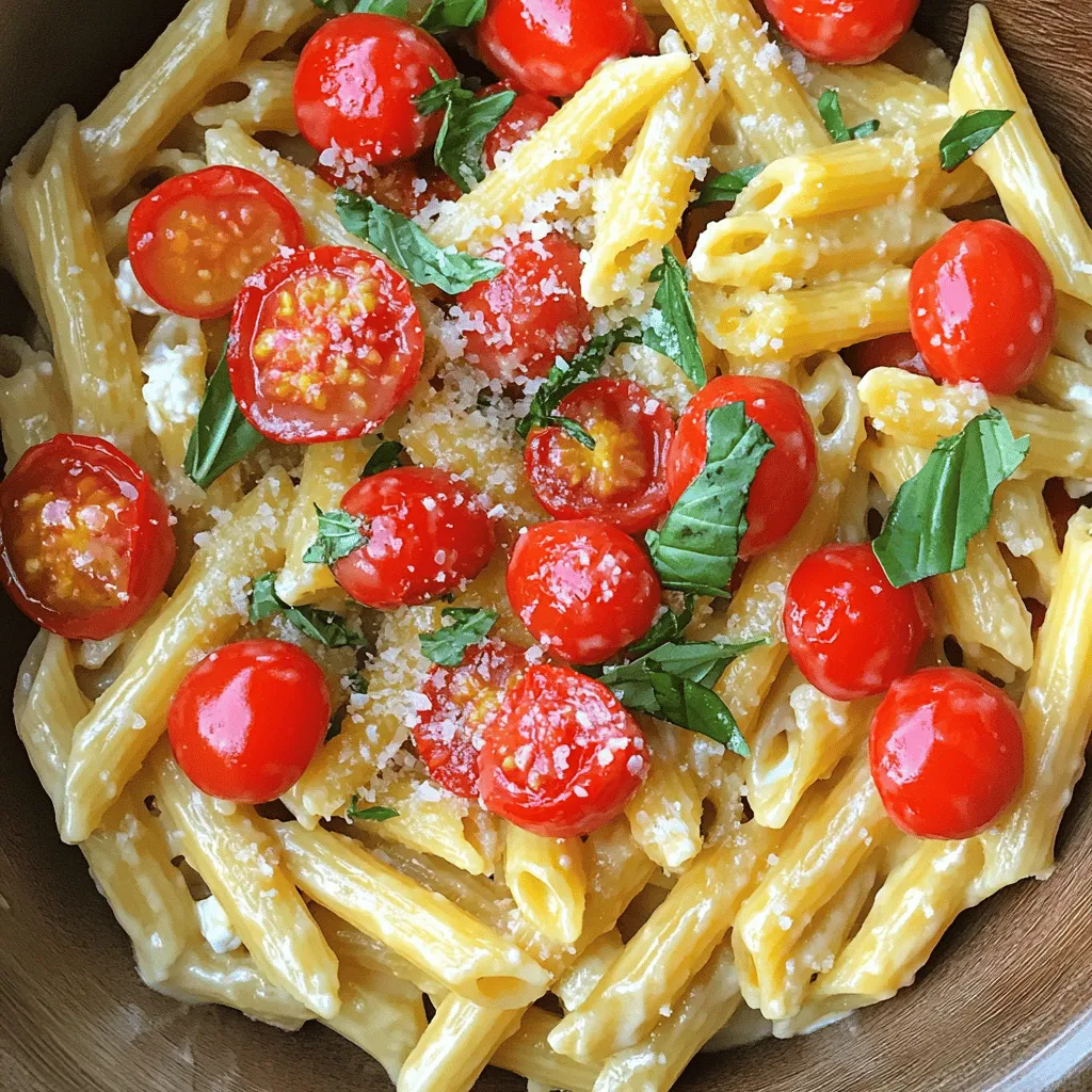 - 12 oz (340g) pasta of your choice - 1 cup ricotta cheese - 1 cup cherry tomatoes, halved - 1 small onion, finely chopped - 3 cloves garlic, minced - 1/4 cup fresh basil, chopped - 1/4 cup grated Parmesan cheese - 2 tablespoons olive oil - Salt and pepper to taste - Crushed red pepper flakes (optional) When I make Creamy Ricotta and Tomato Pasta, I love to choose pasta that suits my mood. You can pick spaghetti, fettuccine, or penne. Each type gives a unique touch to the dish. Ricotta cheese adds creaminess that melts in your mouth. The cherry tomatoes burst with flavor as they cook, making every bite special. - Alternative pasta options: You can use whole wheat or gluten-free pasta for a healthier option. - Vegan ricotta alternatives: Try using cashew cream or tofu blended with lemon juice for a vegan version. - Low-sodium seasoning options: Use herbs like oregano and thyme instead of salt for flavor without the sodium. These swaps keep the dish delicious and cater to different diets. You can still enjoy the creamy texture and rich flavors, no matter your preferences. Start by boiling water in a big pot. Make sure to add a good amount of salt. This salt helps flavor the pasta. Cook the pasta until it is al dente. This means it should be firm but not hard. Usually, this takes about 8 to 10 minutes. Always check the package for exact timing. Before you drain the pasta, save one cup of the pasta water. This water will help make your sauce creamy later. Use olive oil to sauté the onions. It adds a nice flavor. Heat the oil in a large skillet over medium heat. Add the finely chopped onions first. Sauté them for about 3 to 4 minutes. You want them soft and see-through. Then, add the minced garlic. Cook it for one more minute. Make sure to stir so the garlic does not burn. Now, it's time to add the halved cherry tomatoes. Sprinkle in some salt and pepper. If you like heat, add crushed red pepper flakes. Cook the tomatoes for about 5 to 7 minutes. They should soften and burst open. Once that happens, lower the heat. Add the ricotta cheese into the skillet. Stir gently to mix it in. If the mixture feels too thick, add some of the reserved pasta water. This will help you get the creamy consistency you want. Once the ricotta is mixed in, add the cooked pasta to the skillet. Toss it gently. You want the pasta to be coated evenly in the creamy sauce. Cook everything together for another 2 to 3 minutes to heat through. For a nice touch, stir in the chopped basil and grated Parmesan cheese. Adjust the flavor with extra salt and pepper if needed. Serve your pasta in shallow bowls. Garnish with more basil, a sprinkle of Parmesan, and a drizzle of olive oil. This makes it look and taste even better. Enjoy your creamy ricotta and tomato pasta! To avoid a lumpy ricotta mixture, start with room temperature ricotta. This helps it blend smoothly. When you add the ricotta to the skillet, stir gently. If it feels too thick, add pasta water. This water helps to thin the mixture and gives it a silky feel. To lift the flavors, add fresh herbs like basil or parsley. You can also use spices like black pepper or garlic powder for extra kick. If you want more color on your plate, serve with a side salad. A simple green salad pairs well and adds crunch. One common mistake is overcooking the pasta. Cook it just until al dente. This keeps the pasta firm and helps it hold sauce better. Another mistake is skipping the seasoning. Always taste your dish before serving. A little salt and pepper can make a big difference. {{image_2}} You can easily change this dish to suit your taste. Adding protein like chicken or shrimp is a great option. Just cook the protein in the skillet before adding the tomatoes. This adds flavor and texture. You can also incorporate other vegetables. Think about adding spinach, zucchini, or bell peppers. These will boost nutrients and color. Cook them along with the onions for the best results. Choosing the right pasta shape is key for this dish. Spaghetti, fettuccine, or penne work well. Each shape holds the sauce differently. If you need gluten-free options, you have choices too. Look for pasta made from rice or chickpeas. These will not only fit your diet but also taste great. Switching up the cheese can change the whole dish. Instead of ricotta, try goat cheese or cream cheese. Each brings a unique flavor and creaminess. You can also modify the spice level. Want it mild? Skip the crushed red pepper flakes. Prefer heat? Add more flakes or even some chili oil. This lets you control the flavor to match your mood. For the full recipe, check out the earlier section. Keep your creamy ricotta and tomato pasta fresh by using airtight containers. Glass or plastic containers with tight lids work best. Store the leftovers in the fridge for up to three days. After that, the pasta may lose its flavor and texture. To reheat pasta, use a skillet over low heat. Add a splash of water or some olive oil. This keeps the pasta moist and helps it heat evenly. You can also use a microwave. Cover the dish with a lid or a damp paper towel to avoid a dried-out texture. If you want to freeze creamy pasta dishes, make sure to cool it first. Place it in freezer-safe bags or containers, removing as much air as possible. It can stay frozen for up to three months. When you're ready to eat, thaw it overnight in the fridge. Reheat it gently on the stove, adding a little water or olive oil for creaminess. You can serve this pasta with a variety of sides. Here are some ideas: - Garlic bread: It adds crunch and flavor. - Roasted vegetables: They bring a nice balance. - Steamed broccoli: A healthy green option. For salad pairings, consider: - Caesar salad: The creamy dressing complements the pasta. - Caprese salad: Fresh tomatoes and basil match well. - Mixed greens: A simple salad brightens the meal. Yes, you can prepare this dish in advance. Here’s how to get ready: - Cook the pasta and let it cool. - Make the sauce and store it separately in the fridge. For best reheating, follow these tips: - Use a skillet to warm the pasta over low heat. - Add a splash of pasta water to keep it creamy. Absolutely! This recipe is great for kids. Here are some adjustments for picky eaters: - Use less garlic and spice for a milder taste. - Try adding veggies they like, like peas or bell peppers. Nutritional benefits for children include: - Protein from ricotta for growth. - Vitamins from tomatoes for health. You can find the full recipe for Creamy Ricotta and Tomato Pasta in the recipe section above. This pasta dish combines tasty ingredients like ricotta, cherry tomatoes, and herbs. You learned how to cook pasta, sauté aromatic veggies, and mix in flavors. Remember to avoid common mistakes, like overcooking or skipping seasoning. Try different pasta types and protein to keep it fresh. Store leftovers properly to enjoy later. With these tips, you can create a delicious meal your family will love. Enjoy cooking and make this dish your own for everyone to savor.