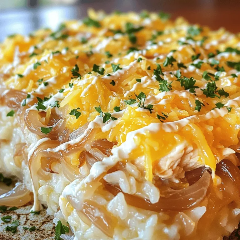 - 2 cups cooked rice (white or brown) - 2 cups shredded cooked chicken (rotisserie chicken works great) - 1 large onion, thinly sliced - 2 tablespoons butter - 3 cloves garlic, minced - 2 cups beef broth (low sodium) - 1 teaspoon dried thyme - 1 teaspoon dried rosemary - 1 cup shredded Gruyère cheese (or Swiss cheese) - 1 cup heavy cream - Salt and pepper to taste - Fresh parsley, chopped (for garnish) For this French Onion Chicken Rice Bake, I love using cooked rice as my base. You can use white or brown rice, whatever you have on hand. Next, shredded chicken makes it easy. I often grab a rotisserie chicken for this. It's quick and adds great flavor. The onions are key. When you thinly slice one large onion and cook it, it becomes sweet and savory. The magic happens when you caramelize them in butter. Add minced garlic to the mix for even more flavor. Now, let’s talk about beef broth. I use low-sodium broth to control the salt level. This keeps our bake tasty but not too salty. We can't forget the seasonings! Dried thyme and rosemary add depth. Gruyère cheese melts beautifully and gives a rich taste. I also use heavy cream for creaminess. Remember to season with salt and pepper to your liking. Finally, a sprinkle of fresh parsley makes it pretty! You can find the full recipe for this dish at the end of the article. - Preheat the oven to 375°F (190°C). - In a large skillet, melt 2 tablespoons of butter over medium heat. - Add 1 large, thinly sliced onion to the skillet. Cook the onion, stirring often. - Keep cooking until the onions turn caramelized and golden brown. This takes about 15-20 minutes. - In the last minute, stir in 3 cloves of minced garlic. Season with salt and pepper. - In a large mixing bowl, combine 2 cups of cooked rice, 2 cups of shredded chicken, and the caramelized onions. - Pour in 2 cups of beef broth and 1 cup of heavy cream. - Add 1 teaspoon of dried thyme and 1 teaspoon of dried rosemary. - Mix well and stir in half of the 1 cup of shredded cheese. - Transfer the mixture into a greased 9x13-inch baking dish. Spread it out evenly. - Sprinkle the remaining cheese on top. - Cover the dish with aluminum foil. Bake in the preheated oven for 25 minutes. - After 25 minutes, remove the foil. Bake for an additional 15-20 minutes, until the cheese is bubbly and golden. - Let it sit for 5 minutes before serving. Garnish with fresh parsley. This dish is not just tasty; it fills the kitchen with warm, inviting smells. For the full recipe, check out the previous section! How to properly caramelize onions To get sweet, golden onions, slice them thin. Use a large skillet and melt butter over medium heat. Add onions and stir often. Cook for 15-20 minutes. When they turn a deep brown, add minced garlic. This brings out the flavor. Season with salt and pepper. Choosing the right type of chicken I love using rotisserie chicken for this dish. It saves time and adds great taste. You can also cook your chicken at home. Just bake or boil it until done. Shred it and add to the rice bake. Suggested herbs and spices to use Dried thyme and rosemary work great in this dish. They add warmth and depth. You can also try sage or oregano for a new twist. Fresh herbs like parsley make it bright. Add them just before serving for the best flavor. Best cheese alternatives Gruyère cheese gives a nice melt and flavor. If you can’t find it, Swiss cheese is a good choice. Cheddar adds sharpness, while mozzarella keeps it mild. Use what you have and experiment! Garnishing suggestions Fresh parsley adds color and a fresh taste. Chop it finely and sprinkle it on top. You can also add crispy onion bits for crunch. A drizzle of olive oil makes it shine. Serving ideas Serve this bake with a simple side salad. A green salad with vinaigrette is perfect. You can also pair it with some crusty bread. This makes for a cozy family meal. For the full recipe, visit [Full Recipe]. {{image_2}} You can change the rice type in this bake. Both white and brown rice work well. If you want to try something fun, use wild rice or quinoa. These options add great texture and flavor. For the broth, beef broth is classic, but you can swap it out. Use vegetable broth for a lighter taste. This keeps the dish tasty while making it vegetarian-friendly. Add extra veggies for a boost of taste. Mushrooms work great in this recipe. You can also toss in bell peppers, spinach, or carrots. These add color and nutrients. Cheese blends can change the whole vibe. Gruyère is delicious, but try mozzarella or cheddar too. Mixing two or more types can create a rich, creamy layer of flavor. If you prefer slow cooking, this dish adapts easily. Just combine all the ingredients in your slow cooker. Let it cook on low for about 6 hours. It will be lovely and warm when done. You can also make this in an Instant Pot. Cook on high pressure for 10 minutes. Let it release naturally for 5 minutes before serving. This method saves time and keeps everything moist. For more details, you can check the Full Recipe. To store leftovers, let the dish cool down first. Place it in an airtight container. This keeps the flavors fresh. You can refrigerate it for up to three days. Make sure to check for any signs of spoilage before eating. Freezing is a great way to save extra portions. Start by letting the dish cool completely. Portion it into freezer-safe containers or bags. Be sure to label them with the date. You can freeze the dish for up to three months. To thaw, move it to the fridge overnight. When you’re ready to enjoy it again, the best way to reheat is in the oven. Preheat it to 350°F (175°C). Cover the dish with foil to keep it moist. Heat for about 20-25 minutes. You can also use a microwave for quick reheating. Just be sure to add a splash of broth or cream to keep it flavorful. Enjoy each bite like the first time! If you want a lighter option, try using half-and-half. It gives a nice creaminess but with less fat. You can also mix one cup of milk with two tablespoons of butter for a similar effect. This mix keeps the flavor rich without being too heavy. Yes, you can use uncooked chicken. Just make sure to cut it into small pieces. You will need to increase the cooking time. Bake it covered for about 40 minutes, then check if it's fully cooked. Chicken should reach an internal temp of 165°F (75°C). The dish is ready when the cheese is bubbly and golden brown on top. You can also check the rice. It should be soft and hot throughout. If you see steam rising when you cut into it, that’s a good sign too. Yes, you can prepare this dish in advance. Just follow the recipe, but do not bake it right away. Cover it tightly and keep it in the fridge for up to 24 hours. When you’re ready, bake it as directed. This makes it easy for busy days. For the full recipe, refer to the earlier section. This dish combines cooked rice, chicken, and caramelized onions for a cozy meal. You prepare it in simple steps and can customize it with different flavors and ingredients. Tips help you elevate the taste and ensure a great presentation. You can also store leftovers easily for future meals. Enjoy experimenting with this recipe, and make it your own. You’ll love how comforting and delicious it is!