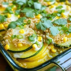 To make a tasty Green Chile Squash Casserole, gather these ingredients: - 2 medium zucchinis, sliced - 2 medium yellow squashes, sliced - 1 can (4 oz) diced green chiles, drained - 1 cup corn kernels (fresh or frozen) - 1 small onion, finely chopped - 2 cloves garlic, minced - 1 cup shredded Monterey Jack cheese - 1 cup breadcrumbs (preferably whole wheat) - 1/2 cup milk - 2 large eggs - 1 teaspoon cumin - 1 teaspoon smoked paprika - 1/2 teaspoon salt - 1/4 teaspoon black pepper - Olive oil for greasing This mix gives you a rich flavor and great texture. Each ingredient plays a role in making the dish shine. You can swap some ingredients if you need to. Here are a few ideas: - Zucchini and yellow squash: Use any summer squash you like. - Green chiles: Try jalapeños for extra heat. - Corn: Substitute with black beans for a different taste. - Monterey Jack cheese: Cheddar works well if you want a sharper flavor. - Milk: Use almond or oat milk for a dairy-free version. These options keep your casserole fresh and fun! Choosing between fresh and frozen ingredients can impact your dish. Fresh veggies offer a bright taste and crunch. They also add color to your casserole. Frozen vegetables are a good choice too. They are picked at peak ripeness. This means they still hold nutrients. Just make sure to thaw and drain them before use. Using fresh or frozen depends on your time and what you have. Both can make a great Green Chile Squash Casserole. First, gather all your ingredients. You will need: - 2 medium zucchinis, sliced - 2 medium yellow squashes, sliced - 1 can (4 oz) diced green chiles, drained - 1 cup corn kernels (fresh or frozen) - 1 small onion, finely chopped - 2 cloves garlic, minced - 1 cup shredded Monterey Jack cheese - 1 cup breadcrumbs (preferably whole wheat) - 1/2 cup milk - 2 large eggs - 1 teaspoon cumin - 1 teaspoon smoked paprika - 1/2 teaspoon salt - 1/4 teaspoon black pepper - Olive oil for greasing Preheat your oven to 375°F (190°C). Grease a 9x13 inch casserole dish with olive oil. This will prevent sticking and make clean-up easy. In a large skillet, heat a splash of olive oil over medium heat. Add your chopped onion. Sauté it for about 3-4 minutes until it turns clear. Next, add the minced garlic and cook for one more minute. You want to smell that garlic! Now, stir in the sliced zucchinis and yellow squashes. Cook them for about 5-7 minutes. They should soften a bit but not turn mushy. Remove the skillet from the heat. Mix in the green chiles, corn, cumin, smoked paprika, salt, and pepper. Ensure everything is well combined. In a separate bowl, whisk the milk and eggs together until smooth. In a large mixing bowl, combine the sautéed vegetables with the milk and egg mixture. Add half of the shredded cheese and mix it in gently. Transfer this mixture to your greased casserole dish. Spread it out evenly. Top with the remaining cheese and sprinkle on the breadcrumbs. Now, bake your casserole for 25-30 minutes. Keep an eye on it! The top should be golden brown and bubbly. To get a great bake, make sure your oven is fully preheated. This helps the casserole cook evenly. You can check for doneness by inserting a knife in the center. It should come out clean. Let the casserole cool for 5-10 minutes after baking. This allows it to set up nicely. For a special touch, serve it warm with fresh cilantro or green onions on top. You can also add a dollop of sour cream or avocado for extra flavor. For the full recipe, refer to the details above. Enjoy your cooking! Cooking can feel tricky, but I promise it gets easier. Here are some tips to help you. - Read the recipe first: This helps you know what to expect. - Prep all ingredients: Chop, measure, and get everything ready before you cook. - Use a sharp knife: A sharp knife makes cutting veggies safer and faster. - Taste as you go: This lets you adjust flavors to your liking. Making this dish your own is simple! You can swap ingredients to match your taste. Here are some ideas: - Add protein: Cooked chicken or black beans can add more flavor and nutrients. - Change the cheese: Try cheddar or pepper jack for a different flavor. - Mix in veggies: Bell peppers or spinach can add color and nutrients. Knowing when your casserole is done is key. Here’s how to check: - Look for browning: The top should be golden and crispy. - Check the center: Use a knife; it should come out clean when it's done. Common mistakes to avoid include: - Overcooking: This can make the squash mushy. - Skipping the rest time: Letting it cool helps flavors meld and makes serving easier. For the full recipe, check the [Full Recipe] section above. Enjoy your cooking journey! {{image_2}} You can switch up the veggies in your casserole. Try adding bell peppers for a sweet crunch. Mushrooms also add a nice earthy taste. For some heat, you can use jalapeños instead of green chiles. If you love cheese, feel free to mix in cheddar or pepper jack. You can even use quinoa or rice instead of breadcrumbs for a hearty twist. To make this dish vegan, use plant-based milk and replace eggs with flax eggs. For flax eggs, mix 1 tablespoon of ground flaxseed with 3 tablespoons of water. Allow it to sit for five minutes until it thickens. To keep it gluten-free, use gluten-free breadcrumbs. Always check labels to ensure all ingredients fit your diet. Add fresh herbs like cilantro or parsley for a burst of flavor. Squeeze some lime juice on top for a zesty kick. You can also sprinkle in some chili powder for extra warmth. Mixing in black beans can increase protein and fiber. For a creamy touch, add a layer of sour cream or Greek yogurt before baking. Check out the Full Recipe for more ideas and details! When you have leftover Green Chile Squash Casserole, store it in an airtight container. This keeps the casserole fresh. Let it cool to room temperature before sealing. If you want to keep it longer, you can refrigerate it for up to four days. I suggest labeling the container with the date. This helps you track how long it’s been stored. To reheat the casserole, preheat your oven to 350°F (175°C). Place the casserole in an oven-safe dish. Cover it with foil to keep moisture in. Heat for about 20 to 25 minutes, or until it's warm throughout. You can also reheat individual servings in the microwave. Just heat for 1 to 2 minutes, checking to avoid overheating. If you want to freeze the casserole, make sure it’s cool first. Cut it into portions for easy access later. Wrap each portion in plastic wrap and then place it in a freezer-safe bag. This helps prevent freezer burn. You can freeze it for up to three months. When you’re ready to eat, thaw it overnight in the fridge before reheating. This keeps the taste and texture just right. You can serve this casserole with many tasty sides. Here are some ideas: - Rice or quinoa: They add a nice texture. - Salad: A fresh green salad works well. - Tortillas: Soft or crispy tortillas are great for scooping. - Sour cream or guacamole: They add creaminess and flavor. These sides make the meal more filling and fun. Mix and match based on your taste! Yes, you can prep this dish ahead of time. Simply follow these steps: 1. Make the casserole: Complete all steps up to baking. 2. Cover and chill: Wrap the dish tightly in foil and place it in the fridge. 3. Bake later: When ready, bake it straight from the fridge. Just add a few extra minutes to the bake time. This makes it easy for busy days. You can enjoy a warm meal without the hassle! Storing leftovers is simple. Here’s how: - Cool down: Let the casserole cool to room temperature. - Store: Place it in an airtight container. - Refrigerate: Keep it in the fridge for up to three days. To reheat, simply warm it in the oven or microwave. You can also freeze it for up to three months. Just thaw it overnight in the fridge before reheating. Enjoy your leftovers just as much as the first night! This blog post covered all you need for a great Green Chile Squash Casserole. We explored ingredient lists, cooking steps, and tips for beginners. Customization and storage techniques help make this dish better for you. With variations for different diets, you can enjoy this recipe however you want. Now, you have the tools to create a delicious casserole that suits your taste. Enjoy cooking and sharing this meal with family and friends!