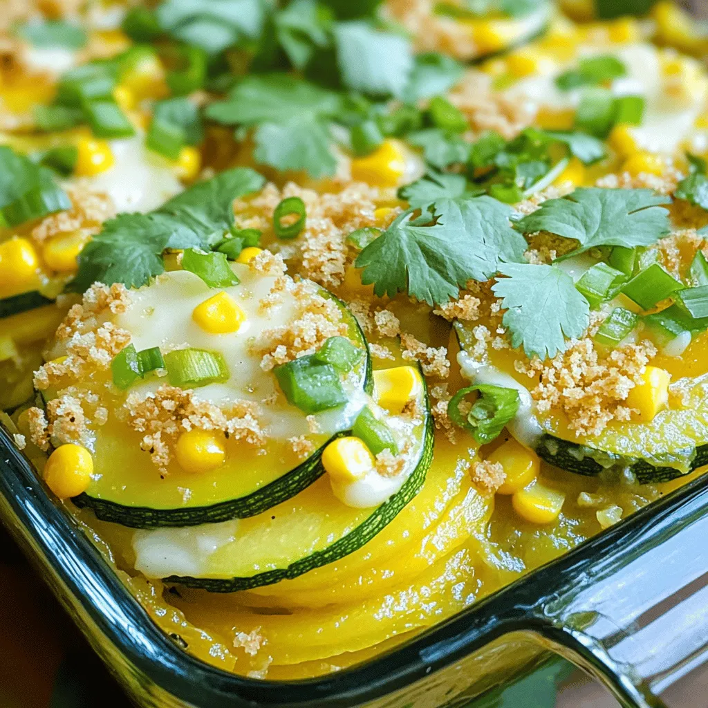 To make a tasty Green Chile Squash Casserole, gather these ingredients: - 2 medium zucchinis, sliced - 2 medium yellow squashes, sliced - 1 can (4 oz) diced green chiles, drained - 1 cup corn kernels (fresh or frozen) - 1 small onion, finely chopped - 2 cloves garlic, minced - 1 cup shredded Monterey Jack cheese - 1 cup breadcrumbs (preferably whole wheat) - 1/2 cup milk - 2 large eggs - 1 teaspoon cumin - 1 teaspoon smoked paprika - 1/2 teaspoon salt - 1/4 teaspoon black pepper - Olive oil for greasing This mix gives you a rich flavor and great texture. Each ingredient plays a role in making the dish shine. You can swap some ingredients if you need to. Here are a few ideas: - Zucchini and yellow squash: Use any summer squash you like. - Green chiles: Try jalapeños for extra heat. - Corn: Substitute with black beans for a different taste. - Monterey Jack cheese: Cheddar works well if you want a sharper flavor. - Milk: Use almond or oat milk for a dairy-free version. These options keep your casserole fresh and fun! Choosing between fresh and frozen ingredients can impact your dish. Fresh veggies offer a bright taste and crunch. They also add color to your casserole. Frozen vegetables are a good choice too. They are picked at peak ripeness. This means they still hold nutrients. Just make sure to thaw and drain them before use. Using fresh or frozen depends on your time and what you have. Both can make a great Green Chile Squash Casserole. First, gather all your ingredients. You will need: - 2 medium zucchinis, sliced - 2 medium yellow squashes, sliced - 1 can (4 oz) diced green chiles, drained - 1 cup corn kernels (fresh or frozen) - 1 small onion, finely chopped - 2 cloves garlic, minced - 1 cup shredded Monterey Jack cheese - 1 cup breadcrumbs (preferably whole wheat) - 1/2 cup milk - 2 large eggs - 1 teaspoon cumin - 1 teaspoon smoked paprika - 1/2 teaspoon salt - 1/4 teaspoon black pepper - Olive oil for greasing Preheat your oven to 375°F (190°C). Grease a 9x13 inch casserole dish with olive oil. This will prevent sticking and make clean-up easy. In a large skillet, heat a splash of olive oil over medium heat. Add your chopped onion. Sauté it for about 3-4 minutes until it turns clear. Next, add the minced garlic and cook for one more minute. You want to smell that garlic! Now, stir in the sliced zucchinis and yellow squashes. Cook them for about 5-7 minutes. They should soften a bit but not turn mushy. Remove the skillet from the heat. Mix in the green chiles, corn, cumin, smoked paprika, salt, and pepper. Ensure everything is well combined. In a separate bowl, whisk the milk and eggs together until smooth. In a large mixing bowl, combine the sautéed vegetables with the milk and egg mixture. Add half of the shredded cheese and mix it in gently. Transfer this mixture to your greased casserole dish. Spread it out evenly. Top with the remaining cheese and sprinkle on the breadcrumbs. Now, bake your casserole for 25-30 minutes. Keep an eye on it! The top should be golden brown and bubbly. To get a great bake, make sure your oven is fully preheated. This helps the casserole cook evenly. You can check for doneness by inserting a knife in the center. It should come out clean. Let the casserole cool for 5-10 minutes after baking. This allows it to set up nicely. For a special touch, serve it warm with fresh cilantro or green onions on top. You can also add a dollop of sour cream or avocado for extra flavor. For the full recipe, refer to the details above. Enjoy your cooking! Cooking can feel tricky, but I promise it gets easier. Here are some tips to help you. - Read the recipe first: This helps you know what to expect. - Prep all ingredients: Chop, measure, and get everything ready before you cook. - Use a sharp knife: A sharp knife makes cutting veggies safer and faster. - Taste as you go: This lets you adjust flavors to your liking. Making this dish your own is simple! You can swap ingredients to match your taste. Here are some ideas: - Add protein: Cooked chicken or black beans can add more flavor and nutrients. - Change the cheese: Try cheddar or pepper jack for a different flavor. - Mix in veggies: Bell peppers or spinach can add color and nutrients. Knowing when your casserole is done is key. Here’s how to check: - Look for browning: The top should be golden and crispy. - Check the center: Use a knife; it should come out clean when it's done. Common mistakes to avoid include: - Overcooking: This can make the squash mushy. - Skipping the rest time: Letting it cool helps flavors meld and makes serving easier. For the full recipe, check the [Full Recipe] section above. Enjoy your cooking journey! {{image_2}} You can switch up the veggies in your casserole. Try adding bell peppers for a sweet crunch. Mushrooms also add a nice earthy taste. For some heat, you can use jalapeños instead of green chiles. If you love cheese, feel free to mix in cheddar or pepper jack. You can even use quinoa or rice instead of breadcrumbs for a hearty twist. To make this dish vegan, use plant-based milk and replace eggs with flax eggs. For flax eggs, mix 1 tablespoon of ground flaxseed with 3 tablespoons of water. Allow it to sit for five minutes until it thickens. To keep it gluten-free, use gluten-free breadcrumbs. Always check labels to ensure all ingredients fit your diet. Add fresh herbs like cilantro or parsley for a burst of flavor. Squeeze some lime juice on top for a zesty kick. You can also sprinkle in some chili powder for extra warmth. Mixing in black beans can increase protein and fiber. For a creamy touch, add a layer of sour cream or Greek yogurt before baking. Check out the Full Recipe for more ideas and details! When you have leftover Green Chile Squash Casserole, store it in an airtight container. This keeps the casserole fresh. Let it cool to room temperature before sealing. If you want to keep it longer, you can refrigerate it for up to four days. I suggest labeling the container with the date. This helps you track how long it’s been stored. To reheat the casserole, preheat your oven to 350°F (175°C). Place the casserole in an oven-safe dish. Cover it with foil to keep moisture in. Heat for about 20 to 25 minutes, or until it's warm throughout. You can also reheat individual servings in the microwave. Just heat for 1 to 2 minutes, checking to avoid overheating. If you want to freeze the casserole, make sure it’s cool first. Cut it into portions for easy access later. Wrap each portion in plastic wrap and then place it in a freezer-safe bag. This helps prevent freezer burn. You can freeze it for up to three months. When you’re ready to eat, thaw it overnight in the fridge before reheating. This keeps the taste and texture just right. You can serve this casserole with many tasty sides. Here are some ideas: - Rice or quinoa: They add a nice texture. - Salad: A fresh green salad works well. - Tortillas: Soft or crispy tortillas are great for scooping. - Sour cream or guacamole: They add creaminess and flavor. These sides make the meal more filling and fun. Mix and match based on your taste! Yes, you can prep this dish ahead of time. Simply follow these steps: 1. Make the casserole: Complete all steps up to baking. 2. Cover and chill: Wrap the dish tightly in foil and place it in the fridge. 3. Bake later: When ready, bake it straight from the fridge. Just add a few extra minutes to the bake time. This makes it easy for busy days. You can enjoy a warm meal without the hassle! Storing leftovers is simple. Here’s how: - Cool down: Let the casserole cool to room temperature. - Store: Place it in an airtight container. - Refrigerate: Keep it in the fridge for up to three days. To reheat, simply warm it in the oven or microwave. You can also freeze it for up to three months. Just thaw it overnight in the fridge before reheating. Enjoy your leftovers just as much as the first night! This blog post covered all you need for a great Green Chile Squash Casserole. We explored ingredient lists, cooking steps, and tips for beginners. Customization and storage techniques help make this dish better for you. With variations for different diets, you can enjoy this recipe however you want. Now, you have the tools to create a delicious casserole that suits your taste. Enjoy cooking and sharing this meal with family and friends!