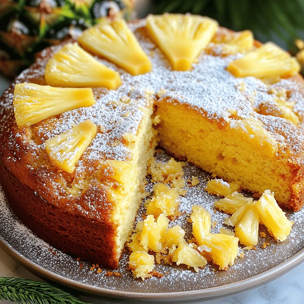 - 2 cups all-purpose flour - 1 ½ cups granulated sugar - ½ cup unsalted butter, softened - 1 cup crushed pineapple, undrained - 1 large egg - 1 teaspoon baking soda - 1 teaspoon baking powder - ½ teaspoon salt - 1 teaspoon vanilla extract - ½ teaspoon almond extract - 1 cup shredded coconut (optional) - 1 cup chopped walnuts or pecans (optional) To make a great Moist Southern Pineapple Cake, gather these ingredients first. The crushed pineapple adds a lot of flavor. Make sure you keep the juice from the can. It helps keep the cake moist. The butter must be softened before you start. This helps mix it well with the sugar. You can add shredded coconut and nuts if you want extra texture. If you don't like nuts, feel free to leave them out. The same goes for the coconut. You can also mix in spices like cinnamon for a warm flavor. Use fresh ingredients for the best taste. Make sure your baking soda and powder are fresh, too. Old ingredients can ruin your cake. For the complete recipe, check out the Full Recipe. It gives you all the steps to create this delicious cake. 1. Preheat your oven to 350°F (175°C). This ensures even baking. 2. Grease and flour a 9x13 inch baking pan. This helps the cake release easily. 1. In a large bowl, cream the softened butter and granulated sugar. Mix until light and fluffy. 2. Add the egg, crushed pineapple (with juice), vanilla, and almond extracts. Mix until combined. 1. In a separate bowl, whisk together the flour, baking soda, baking powder, and salt. This helps distribute the leavening agents. 2. Gradually mix the dry ingredients into the wet mixture. Stir until just combined. Be gentle; overmixing can make the cake tough. Now you're ready to pour the batter into your prepared pan. Make sure to smooth the top with a spatula. For the full recipe, check out the detailed instructions provided earlier. Enjoy your baking! To get the best moist texture, do not overmix your batter. Overmixing can make the cake tough. Mix just until you combine the wet and dry ingredients. Adding crushed pineapple is also key. The juice in the pineapple keeps the cake moist and adds a fruity flavor. Always use the correct oven temperature. Preheat your oven to 350°F (175°C) for even baking. To check if your cake is done, use the toothpick test. Insert a toothpick into the center. If it comes out clean, your cake is ready. When serving, slice the cake into even pieces. For a special touch, dust the top with powdered sugar. You can also garnish with fresh pineapple slices or toasted coconut flakes. This adds color and flavor. Enjoy your cake with whipped cream or vanilla ice cream for a tasty treat. {{image_2}} To make your Moist Southern Pineapple Cake even better, try adding spices. A sprinkle of cinnamon or nutmeg can add warmth and depth. These spices work well with the pineapple flavor. You can also mix in some shredded coconut. It brings a tropical twist and a nice texture. If you enjoy nuts, walnuts or pecans are great options too. They add crunch and a rich taste. If you need gluten-free options, use a gluten-free flour blend. This makes the cake safe for those with gluten issues. For a dairy-free version, swap out the butter for coconut oil or a plant-based butter. You can also use almond milk instead of regular milk. These swaps keep the cake tasty and moist without dairy. When it comes to serving, you have fun choices. A dollop of whipped cream or a scoop of vanilla ice cream pairs well with the cake. This adds creaminess that complements the sweet pineapple. You can also create a layered dessert. Slice the cake and layer it with whipped cream and fresh fruit. This makes for a beautiful and tasty treat. For the full recipe, make sure to check the earlier section. To keep your cake fresh, you have two main options: room temperature and refrigeration. - Room temperature storage: If you plan to eat the cake within two days, store it at room temperature. Place it in an airtight container. This keeps it moist and tasty. - Refrigeration tips: For longer storage, refrigerate the cake. Wrap it well in plastic wrap or foil. This will help avoid drying out. The cold air can make the cake last up to a week. If you want to save the cake for later, freezing is a great option. - Best practices for freezing: Allow the cake to cool completely. Wrap it tightly in plastic wrap and then in aluminum foil. This helps prevent freezer burn. You can also slice the cake for easier thawing later. - Thawing instructions: When you're ready to enjoy it, take the cake out of the freezer. Place it in the fridge overnight or let it sit at room temperature for a few hours. It will taste just as good as fresh! Knowing how long your cake lasts helps avoid waste. - How long the cake lasts: When stored properly, the cake can last up to a week in the fridge. If frozen, it can last up to three months. - Signs of spoilage: Always check for spoilage before eating. Look for changes in smell, texture, or color. If it smells sour or has mold, toss it out. Enjoy your cake safely! How to make a cake more pineapple-flavored? To boost the pineapple flavor, use more crushed pineapple. You can also add pineapple juice. Mixing in some pineapple extract will enhance the taste too. Can I use fresh pineapple instead of canned? Yes, fresh pineapple works well! Just chop it and crush it lightly. Make sure to measure the same amount as the canned version. Fresh pineapple adds a nice texture and flavor. Why is my cake not rising? If your cake does not rise, check your baking soda and baking powder. They must be fresh. Also, make sure to mix the batter well but don't overmix. This helps the cake rise properly. What if my cake is too dry? If your cake turns out dry, it might be overbaked. Always keep an eye on your cake while it bakes. Adding more crushed pineapple can also help keep it moist. Can I skip the nuts and coconut? Yes, you can skip the nuts and coconut. The cake will still taste great without them. Just keep the other ingredients the same. What are alternatives to almond extract? If you don’t have almond extract, use vanilla extract instead. You can also try coconut or even lemon extract for a different twist. Each option will give your cake a unique flavor. For the full recipe, check the Moist Southern Pineapple Cake section. This blog post covered all the key ingredients, steps, tips, and variations for making a delicious cake. You learned how to mix the batter for moist texture and got storage tips to keep your cake fresh. Remember, you can customize your cake with spices or dietary swaps. Whether serving it warm with ice cream or as a simple slice, enjoy your baking journey. Trust these steps to create a treat that satisfies your taste buds and brings joy to your table. Happy baking!